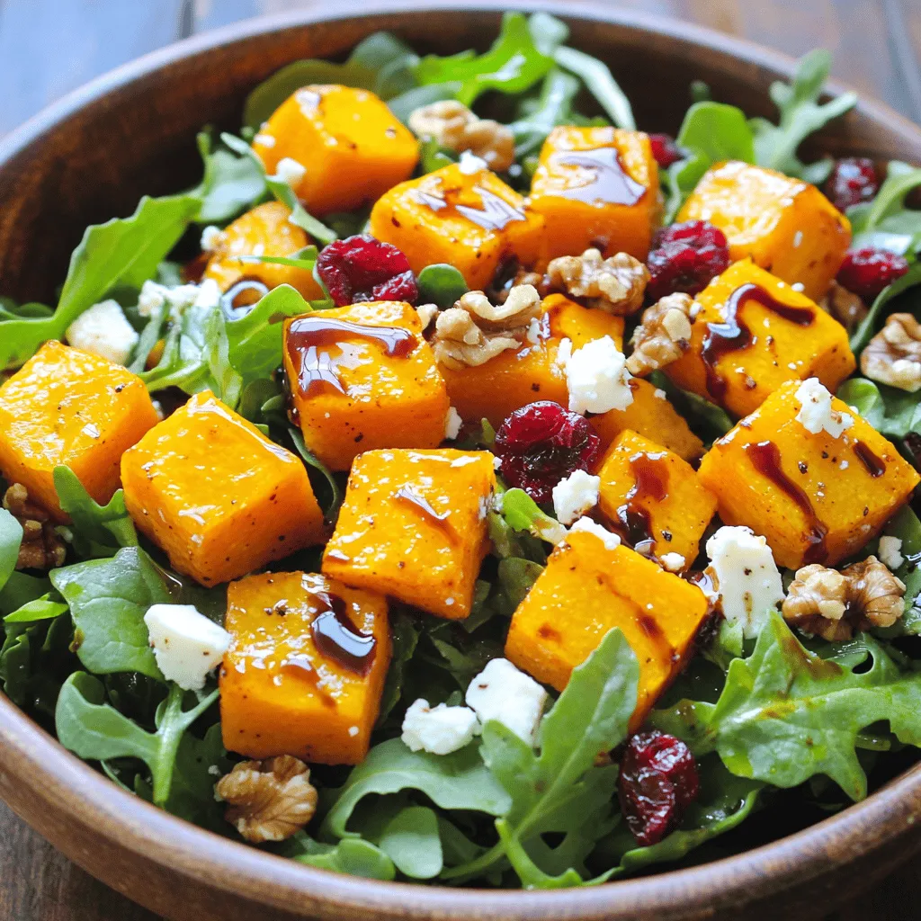 To make this salad shine, gather these key items: - 1 medium butternut squash, peeled and diced - 2 tablespoons olive oil - 3 tablespoons pure maple syrup - Salt and pepper to taste - 1/2 teaspoon ground cinnamon - 5 cups mixed greens (arugula, spinach, and kale) - 1/4 cup dried cranberries - 1/4 cup feta cheese, crumbled - 1/4 cup walnuts, chopped - 1 tablespoon balsamic vinegar These ingredients create a lovely mix of flavors and textures. The butternut squash brings sweetness and creaminess, while the greens add freshness. The dried cranberries give a burst of tartness, and feta cheese provides a nice salty touch. You can add extras to boost flavor and nutrition. Some ideas include: - Sliced apple or pear for crunch - Grilled chicken for protein - Quinoa for added fiber - Pumpkin seeds for more crunch - Fresh herbs like parsley or mint for brightness These options allow you to customize your salad and make it your own. This salad is not just tasty; it’s also very healthy. Here’s why: - Butternut Squash: Rich in vitamins A and C. It supports eye health and boosts immunity. - Mixed Greens: Full of fiber and antioxidants. They help with digestion and overall health. - Dried Cranberries: Provide vitamins and minerals. They are great for heart health. - Walnuts: Packed with healthy fats and protein. They support brain health. - Feta Cheese: Offers calcium for strong bones. It adds flavor with fewer calories than other cheeses. This salad is a balanced meal that nourishes your body while delighting your taste buds. To start, preheat your oven to 400°F (200°C). This heat will help caramelize the squash. Next, peel and dice one medium butternut squash into small cubes. In a large bowl, mix the diced squash with two tablespoons of olive oil, three tablespoons of pure maple syrup, salt, and pepper to taste. Add half a teaspoon of ground cinnamon for warmth. Toss everything well until the squash is evenly coated. This blend of flavors will make your dish shine. Spread the squash mixture on a baking sheet in a single layer. Roast it in the oven for 25 to 30 minutes. Stir halfway through to ensure even cooking. The squash is ready when it is tender and golden brown. While the squash roasts, prepare the salad base. Take a large serving bowl and add five cups of mixed greens. I love using a mix of arugula, spinach, and kale for texture and flavor. Once the squash is done roasting, let it cool for about five minutes. Now, it’s time to combine! Add the slightly cooled roasted butternut squash to the bowl with the greens. Toss in a quarter cup of dried cranberries for sweetness, a quarter cup of crumbled feta cheese for creaminess, and a quarter cup of chopped walnuts for crunch. These ingredients add layers of flavor and texture to your salad. To finish your salad, drizzle one tablespoon of balsamic vinegar over the top. This adds a tangy contrast to the sweetness of the squash and cranberries. Toss gently to mix everything. It’s important not to over-mix, as you want to keep the beautiful layers visible. Serve your salad right away. You can garnish it with extra walnuts or feta if desired. This dish is perfect for a light meal or as a side dish. Enjoy the blend of flavors and textures in every bite! To roast butternut squash well, choose a medium-sized squash. Peel it carefully and dice it into even pieces. This helps it cook evenly. Toss the squash with olive oil, maple syrup, salt, pepper, and cinnamon in a bowl. Make sure each piece gets coated. Spread the squash on a baking sheet in a single layer. This prevents steaming and ensures a nice caramelization. Roast it at 400°F for 25-30 minutes, stirring halfway through. Look for tender pieces, with a golden brown color. To boost flavor, consider adding other ingredients. Try using fresh herbs like thyme or rosemary for a fragrant touch. A sprinkle of chili flakes can add a kick. You can also swap dried cranberries for pomegranate seeds. They give a pop of color and freshness. If you like nuts, try pecans or almonds instead of walnuts. For a creamier texture, use goat cheese instead of feta. Each change adds unique flavors to the salad. For a beautiful presentation, arrange the mixed greens first. Layer them in a large bowl or on individual plates. Next, add the roasted squash in a colorful pattern. Sprinkle dried cranberries and nuts on top. Crumbled feta adds a nice touch too. Drizzle balsamic vinegar just before serving. This keeps the salad fresh and vibrant. For extra flair, garnish with whole nuts or herbs. This makes your salad look inviting and delicious. {{image_2}} You can change the greens in your salad. Try using romaine or butter lettuce. They add a nice crunch. You can also mix in some fresh herbs. Chopped parsley or cilantro can boost the flavor. Want more texture? Add sliced radishes or cucumber. They give a fresh bite that pairs well with the sweetness of the squash. While balsamic vinegar is great, you can switch it up. A honey mustard dressing adds a zing. Simply mix honey, mustard, and olive oil. You can also try a lemon vinaigrette. Just whisk together lemon juice, olive oil, and a pinch of salt. Both options brighten the dish and add more layers of flavor. This salad shines in every season. In the fall, add roasted apples for sweetness. In winter, try pomegranate seeds for color and crunch. Spring brings fresh peas or asparagus, while summer can feature grilled corn. Each season offers a chance to play with flavors and textures. Let the ingredients change with the time of year! You can store leftover salad in an airtight container. Keep it in the fridge. The salad tastes best within three days. If you have extra roasted squash, store it separately. This keeps the greens fresh. To reheat roasted squash, put it on a baking sheet. Preheat your oven to 350°F (175°C). Heat for about 10 minutes. This method keeps the squash crispy. You can also use a microwave. Heat for 1-2 minutes, but it may become soft. For meal prep, chop the squash ahead of time. Store it in the fridge for up to three days. You can also roast the squash in advance. Just reheat it before serving. Prepare the greens and toppings separately. This keeps everything fresh and crisp. Yes, you can! Other squashes work well. Try acorn squash or pumpkin. Both add nice flavor. Just chop them into similar sizes. This keeps cooking time even. If you want a substitute for feta, use goat cheese. It has a similar texture. You can also try vegan cheese. Crumbled tofu is another option. It mimics the texture well. To make the salad vegan, skip the feta cheese. Use avocado for creaminess instead. You can also add nutritional yeast for a cheesy taste. This keeps the salad flavorful and rich. Yes, you can prepare the salad ahead of time. Roast the squash and cool it. Store it in the fridge. You can mix the greens and other toppings when ready to serve. This keeps everything fresh. In this post, we explored how to make a delicious Maple Roasted Butternut Squash Salad. We discussed key ingredients that elevate flavors and offered step-by-step instructions for roasting and assembling. You learned useful tips for perfecting your salad and variations to keep it fresh. Storing leftovers properly ensures you enjoy it longer. With these details, you can create a flavorful dish for any occasion. Enjoy your cooking adventure!