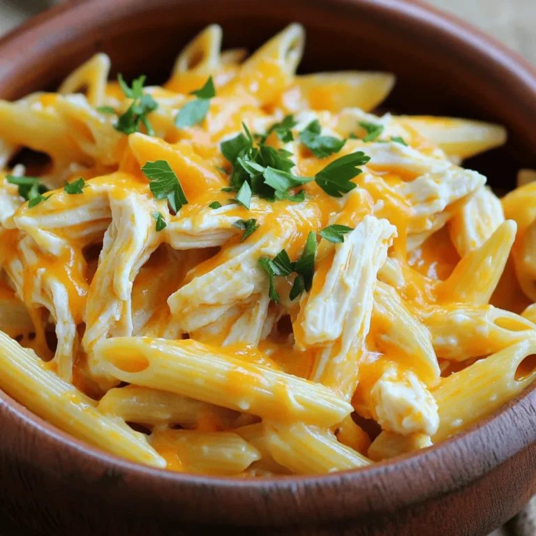 - 1 pound boneless, skinless chicken breasts - 8 oz pasta (penne or fusilli) - 1 cup buffalo sauce - 1 cup cream cheese, softened - 1 cup chicken broth - 1 cup shredded cheddar cheese - 1 cup ranch dressing - 1 teaspoon garlic powder - 1 teaspoon onion powder - Salt and pepper to taste - Fresh parsley, chopped (for garnish) In this creamy buffalo chicken pasta, each ingredient plays a key role. Start with the chicken, which adds protein and flavor. I love using boneless, skinless chicken breasts for this dish. They cook up tender and shred easily. Next, the pasta brings a hearty base to the meal. Penne and fusilli work best because their shapes hold sauce well. I suggest cooking the pasta until it's al dente for the perfect bite. Now, let’s talk about the sauces. Buffalo sauce gives that spicy kick we crave. Cream cheese adds rich creaminess that balances the heat. Ranch dressing brings in a tangy flavor, creating a lovely depth. For seasoning, garlic powder and onion powder boost the taste of the chicken. Don’t forget salt and pepper to season everything to your liking. Finally, sprinkle fresh parsley on top for a burst of color and a fresh taste. Each ingredient combines to create a dish that’s comforting and full of flavor. Enjoy the process of gathering these ingredients; it sets the stage for a delicious meal! To start, I place the boneless, skinless chicken breasts into the slow cooker. I season them with garlic powder, onion powder, salt, and pepper. This step adds great flavor. After seasoning, I cover the slow cooker. I set it to low and let it cook for four hours. The chicken will become very tender during this time. Once the chicken is cooked, I carefully take it out. I shred it using two forks, making it easy to mix. I return the shredded chicken to the slow cooker. Now, I pour in the buffalo sauce and chicken broth. This mixture gives the dish its spicy kick. Next, I add the softened cream cheese and ranch dressing. I stir well until everything is creamy. This is the magic moment when the flavors come together. While the chicken mixture cooks, I prepare the pasta. I use a separate pot and cook the pasta according to the package instructions. I drain the pasta when it's al dente. Once the chicken and sauce are ready, I fold in the cooked pasta and shredded cheddar cheese. I stir gently to combine all the ingredients. Finally, I cover the slow cooker again. I let it heat through for 15 to 20 minutes on low. This helps the pasta absorb all the yummy flavors before serving. To make your creamy buffalo chicken pasta truly rich, focus on the cream cheese. Use soft cream cheese for easy mixing. If you want a thicker texture, add a bit more cream cheese. For a lighter touch, you can use less. Spices can enhance the flavor. Try adding paprika or cayenne for extra warmth. You can also mix in some Italian seasoning for a twist. This helps balance the heat from the buffalo sauce. Slow cookers can be tricky. To avoid overcooking, set your timer carefully. Cook on low for about four hours. Check the chicken with a fork. It should shred easily when done. Keeping the dish warm is easy. After cooking, set your slow cooker to the warm setting. This helps the flavors mingle without drying out the pasta. If you need to, just stir occasionally to keep everything creamy. {{image_2}} For those who need gluten-free options, you can easily swap the pasta. Use gluten-free penne or fusilli. These options taste great and keep the dish creamy and flavorful. Check the package for cooking times. If dairy is a concern, consider using dairy alternatives. You can find dairy-free cream cheese and ranch dressing at most stores. They will still give you that rich taste you crave. Adding vegetables to your dish can boost nutrition and flavor. Try mixing in spinach, bell peppers, or broccoli. These veggies can add color and crunch. Just chop them up and toss them in during the last hour of cooking. Adjusting spice levels is easy too. If you like more heat, add extra buffalo sauce or cayenne pepper. For a milder dish, reduce the buffalo sauce. You can also mix in some honey to balance the heat. To keep your creamy buffalo chicken pasta fresh, use proper storage containers. I recommend airtight glass or plastic containers. These help keep your food safe and tasty. Allow the pasta to cool before sealing it up. Place the containers in the refrigerator. Your leftovers can last up to three days. When it’s time to enjoy leftovers, reheating is key. Use a microwave-safe dish to heat your pasta. Cover it with a damp paper towel to keep moisture in. Heat it in short bursts, stirring in between, until hot. If you want to freeze it, portion it into freezer bags. Squeeze out all the air before sealing. This way, your creamy buffalo chicken pasta can last up to three months in the freezer. When ready to eat, thaw it in the fridge overnight before reheating. Yes, you can use frozen chicken breasts. Just make a few adjustments. When using frozen chicken, increase the cooking time. Cook on low for 6 to 7 hours instead of 4 hours. This helps the chicken cook evenly and safely. Always check that the chicken reaches 165°F (75°C) before shredding. To add more heat, try these tips. Use extra buffalo sauce for a bolder flavor. You can also add crushed red pepper flakes. Toss in some diced jalapeños for a fresh kick. If you like it very spicy, mix in a dash of hot sauce before serving. This dish goes well with several sides. A fresh green salad adds nice crunch. Garlic bread is great for soaking up the creamy sauce. You can also serve it with steamed broccoli or carrots. These sides enhance the meal and add healthy options. This blog post covered how to make creamy buffalo chicken pasta. We explored ingredients, step-by-step instructions, and tips for the best result. Remember, small changes can make big differences. You can adjust flavors and textures to suit your taste. Use the storage tips to keep your dish fresh. With practice, you’ll perfect this recipe and impress anyone who tries it. Enjoy creating this tasty meal and make it your own!