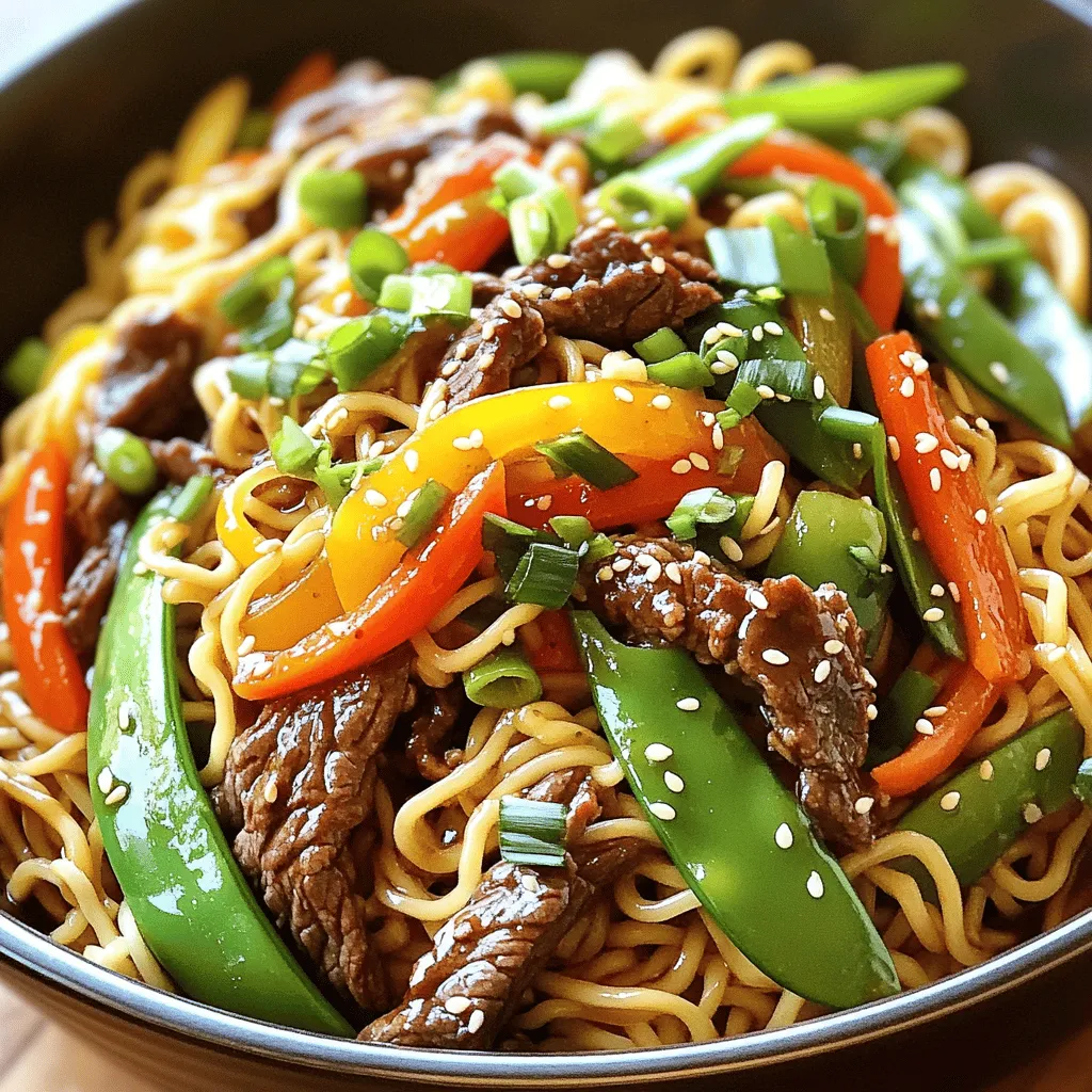 - 8 oz egg noodles or chow mein noodles - 1 lb beef flank steak, thinly sliced against the grain - 2 tablespoons soy sauce (low sodium) - 1 tablespoon oyster sauce - 1 tablespoon cornstarch - 2 tablespoons vegetable oil - 1 bell pepper, sliced (red or green) - 1 large carrot, julienned - 1 cup snow peas or sugar snap peas - 3 green onions, chopped - 2 cloves garlic, minced - 1 inch piece of ginger, minced - Salt and pepper to taste - Sesame seeds for garnish You can add a few ingredients to make your beef chow mein even better. Here are some options: - 1 tablespoon rice wine or sherry for depth - A handful of bean sprouts for crunch - A splash of sesame oil for nuttiness - Chili paste or flakes for heat To make sure your dish is fresh and tasty: - Use fresh vegetables. Look for bright colors and firm textures. - Choose high-quality beef. Look for flank steak that is well-marbled. - Cook your noodles just right. They should be firm but not hard. Overcooked noodles turn mushy. - Always taste as you go. Adjust seasoning to your liking. These tips will help you create a beef chow mein that stands out and impresses! Start by cooking the egg noodles. Follow the package instructions carefully. Once cooked, drain the noodles and rinse them with cold water. This step stops the cooking process and keeps the noodles firm. Set the noodles aside. Next, we need to marinate the beef. Take a medium bowl and add the sliced beef. Pour in the low-sodium soy sauce, oyster sauce, and cornstarch. Mix everything well to coat the beef. Let it sit for at least 15 minutes. This helps the beef absorb all the flavors. Now, let’s stir-fry. Heat one tablespoon of vegetable oil in a large wok or non-stick skillet over high heat. Add the marinated beef in a single layer. Stir-fry for about 2-3 minutes until it turns brown and cooks through. Remove the beef and set it aside. In the same wok, add the remaining tablespoon of oil. Toss in the minced garlic and ginger. Cook for about 30 seconds until you smell the great aroma. Then add the sliced bell pepper, carrot, and snow peas. Stir-fry these for 4-5 minutes until they are tender yet still crisp. Lower the heat and add the cooked noodles and beef back into the wok. Gently toss everything together. Make sure the noodles mix well with the beef and vegetables. Season with salt and pepper to taste. If you want extra flavor, drizzle in a bit more soy sauce. Stir for 1-2 minutes to heat everything through. Now your Beef Chow Mein is ready to serve. Enjoy a meal that's better than takeout! To marinate beef well, use the right mix. I use soy sauce, oyster sauce, and cornstarch. This mix adds taste and helps tenderize the meat. Let the beef sit for at least 15 minutes. If you have more time, let it marinate longer for better flavor. The key is to coat each piece well, so it absorbs all the goodness. For great beef chow mein, cooking at high heat is vital. Use a large wok or skillet for even cooking. Start by heating the oil until it's hot. Add the beef in a single layer. This helps it brown nicely. Don’t overcrowd the pan; cook in batches if needed. Once the beef is done, remove it before cooking the veggies. This keeps the beef tender and juicy. To enhance your chow mein, think about adding extra ingredients. Snow peas add a crisp bite, while bell peppers give color. You can also add mushrooms or bean sprouts for more texture. A touch of sesame oil at the end adds a nice nutty flavor. For a kick, try adding chili sauce or fresh herbs like cilantro. Don’t forget to season with salt and pepper to taste! {{image_2}} You can make this dish without meat. Just swap the beef for tofu or tempeh. Use the same marinade to flavor the tofu. Cut it into cubes and stir-fry until golden. Add all your veggies like bell peppers and carrots. This method keeps it tasty and satisfying. You still get that great chow mein feel without the beef. If you want a gluten-free meal, use rice noodles instead of egg noodles. Check the soy sauce label to ensure it is gluten-free. Tamari is a great option for soy sauce. You can also skip the oyster sauce or find a gluten-free version. With these swaps, you can enjoy chow mein that fits your diet. You can easily change the protein in this dish. Try chicken, shrimp, or even pork. Just remember to adjust the cooking time based on the protein you choose. Chicken cooks faster than beef, while shrimp cooks quickly too. Each option adds a unique flavor to your chow mein, making it fun to experiment. To keep your beef chow mein fresh, place it in an airtight container. Let it cool down first. This helps prevent sogginess. Store it in the fridge for up to three days. For best taste, eat it within this time frame. When you’re ready to enjoy your leftovers, reheat them gently. Use a skillet over medium heat. Add a splash of water or broth to keep it moist. Stir often until it's hot. You can also use the microwave. Heat in short bursts of 30 seconds, stirring in between. If you want to save beef chow mein for later, freezing is a great option. First, let it cool completely. Then, place it in a freezer-safe bag or container. Remove as much air as possible to prevent freezer burn. It will stay good for about three months. To thaw, move it to the fridge overnight before reheating. To make beef chow mein less oily, use less oil when cooking. Start with one tablespoon instead of two. You can also drain excess oil after stir-frying. Another tip is to cook your beef in small batches. This method helps keep the meat from steaming in oil. You can also use leaner cuts of beef, like sirloin. They have less fat than flank steak. Lastly, choose low-sodium sauces. They often have less oil, which helps cut down on grease. Yes, you can use other noodles. Egg noodles work well if you can't find chow mein noodles. Rice noodles are also a great option. They give a different texture and taste. If you want something healthier, try using zucchini noodles. They add a fresh crunch and are low in carbs. Just remember to adjust cooking times based on the noodle type you choose. The secret to restaurant-style chow mein is high heat and quick cooking. Use a wok for the best results. A hot wok helps the ingredients cook fast and keeps them crisp. Also, marinate your beef well. This adds flavor and tenderness. Fresh veggies, cut into thin strips, also help. They cook evenly and stay crunchy. Lastly, finish with a drizzle of sesame oil for that authentic taste. In this post, I covered key ingredients for beef chow mein, with tips for quality. I shared step-by-step instructions and cooking tricks to enhance flavor. You can try variations like vegetarian or gluten-free options too. Lastly, I explained how to store and reheat leftovers effectively. These tips will help you create tasty meals at home. With practice, your chow mein will rival the best restaurants. Enjoy cooking and tasting your delicious creations!
