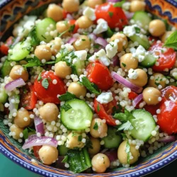 - 1 cup couscous - 1 1/4 cups vegetable broth - 1/2 cucumber, diced - 1 cup cherry tomatoes, halved - 1/4 red onion, finely chopped - 1/2 bell pepper, diced (red or yellow) - 1/2 cup canned chickpeas, rinsed and drained - 1/4 cup Kalamata olives, pitted and sliced - 1/4 cup fresh parsley, chopped - 1/4 cup fresh mint, chopped - 1/4 cup tahini - 2 tablespoons lemon juice - 2 tablespoons olive oil - Salt and pepper to taste Couscous is the star of this dish. It’s easy to cook and absorbs flavors well. Use vegetable broth for a nice base. The diced cucumber and cherry tomatoes add freshness. Red onion and bell pepper give crunch. Chickpeas bring protein and olives add a salty kick. Fresh herbs like parsley and mint make it bright. - Crumbled feta cheese for serving - Additional herbs for garnish Feta cheese gives a creamy touch. You can add other herbs like dill or basil if you want. These options can change the taste and appeal. - Medium saucepan - Mixing bowls - Whisk You will need a medium saucepan to cook the couscous. Mixing bowls help combine the salad. A whisk is perfect for making the tahini dressing. Having these tools ready makes cooking simple. Boiling the broth First, pour 1 1/4 cups of vegetable broth into a medium saucepan. Heat the broth on high until it boils. This step is key for fluffy couscous. Steeping the couscous Once the broth is boiling, remove it from heat. Stir in 1 cup of couscous. Cover the pot with a lid. Wait for about 5 minutes, so the couscous can absorb the broth. After that, fluff it with a fork. Let it cool a bit before mixing it into the salad. Dicing and chopping techniques While the couscous cools, grab your veggies. Dice 1/2 cucumber, halve 1 cup of cherry tomatoes, finely chop 1/4 red onion, and dice 1/2 bell pepper. You can use red or yellow peppers. Rinse and drain 1/2 cup of canned chickpeas, too. Lastly, chop 1/4 cup each of fresh parsley and mint. Combining the salad ingredients In a large mixing bowl, combine all the diced and chopped vegetables. Add in the chickpeas and olives. This mix brings a burst of color and flavor to the salad. Whisking the dressing In a small bowl, add 1/4 cup tahini, 2 tablespoons lemon juice, and 2 tablespoons olive oil. Whisk these ingredients together until smooth. This dressing adds a rich, nutty flavor. Adjusting consistency If the tahini mixture is too thick, add a little water. Keep whisking until it reaches your desired consistency. It should be creamy yet pourable. Tossing the salad Add the cooled couscous to the bowl of vegetables. Gently toss everything together. Make sure the couscous and veggies are well mixed. Adding seasoning Pour the tahini dressing over the salad. Toss again until everything is coated. Taste your salad and add salt, pepper, or more lemon juice as needed. If you like, sprinkle crumbled feta cheese on top before serving. Enjoy your vibrant Mediterranean Couscous Salad! - For a bright look, use a big bowl. - Drizzle more tahini on top before serving. - Add fresh herbs on top for extra color and flavor. - Store leftovers in a sealed container in the fridge. - Use the salad within three days for the best taste. - If it seems dry, add a splash of olive oil when serving. - Let the salad chill for at least an hour to blend flavors. - Marinate for up to four hours for a richer taste. - Keep it in the fridge to keep it fresh and cool. {{image_2}} You can change the grains in this salad. Try quinoa or farro instead of couscous. They add unique flavors and textures. You can also swap out vegetables. Use zucchini, bell peppers, or even roasted carrots. If you want more protein, replace chickpeas with black beans or lentils. To spice up your salad, add some red pepper flakes or smoked paprika. These give a nice kick. If you want to try different dressings, mix things up with a yogurt dressing or a balsamic vinaigrette. These add a fresh twist and make your dish stand out. For a vegan option, skip the feta cheese. The salad is already vegan-friendly without it. If you need a gluten-free choice, switch couscous for quinoa. Always check labels to ensure all ingredients are gluten-free. These small changes help everyone enjoy this tasty salad! - Each serving is about 1 cup. - Total calories per serving: around 250 calories. This salad is packed with vitamins and minerals. You get: - Vitamin C from tomatoes and peppers. - Fiber from couscous and chickpeas. - Iron from chickpeas and olives. - Healthy fats from tahini and olive oil. These nutrients support your immune system and promote digestion. The fiber keeps you full and satisfied. This salad contains common allergens: - Wheat from couscous. - Sesame from tahini. - Dairy if using feta cheese. If you have allergies, here are some swaps: - Use quinoa or rice for a gluten-free option. - Replace tahini with sun butter for a nut-free version. - Omit feta for a dairy-free meal. Couscous comes from North Africa. It is made from semolina wheat. There are three main types: Moroccan, Israeli, and Lebanese. Moroccan couscous is the smallest and cooks quickly. Israeli couscous, or pearl couscous, is bigger and chewier. Lebanese couscous is the largest and has a nutty flavor. All types are versatile and soak up flavors well. Yes, you can easily make this salad vegan. Simply replace the tahini with a nut butter for creaminess. Skip the feta cheese, or use a vegan cheese option. Ensure your vegetable broth is plant-based as well. This way, you keep all the great flavors without any animal products. To keep your salad fresh, store it in an airtight container. Place it in the fridge right after serving. If you have added tahini dressing, store it separately. This prevents the salad from getting soggy. This salad lasts about 3 to 4 days in the fridge. The vegetables will stay fresh, but the taste may change over time. If you notice any signs of spoilage, it’s best to toss it out. Absolutely! You can mix it up with different dressings. A simple olive oil and vinegar mix works well. You can also try a yogurt-based dressing or a lemon vinaigrette. Each option brings its own unique flavor to the salad. This article covered making a delicious couscous salad. We discussed main and optional ingredients, how to cook couscous, and prepare vegetables. You learned to make a tasty tahini dressing and combine everything. I shared tips for serving, storing, and customizing your salad. You can swap ingredients for variety and check nutritional info for health benefits. Remember, cooking is fun! Experiment with flavors to create your version of this salad. Enjoy your cooking adventure!