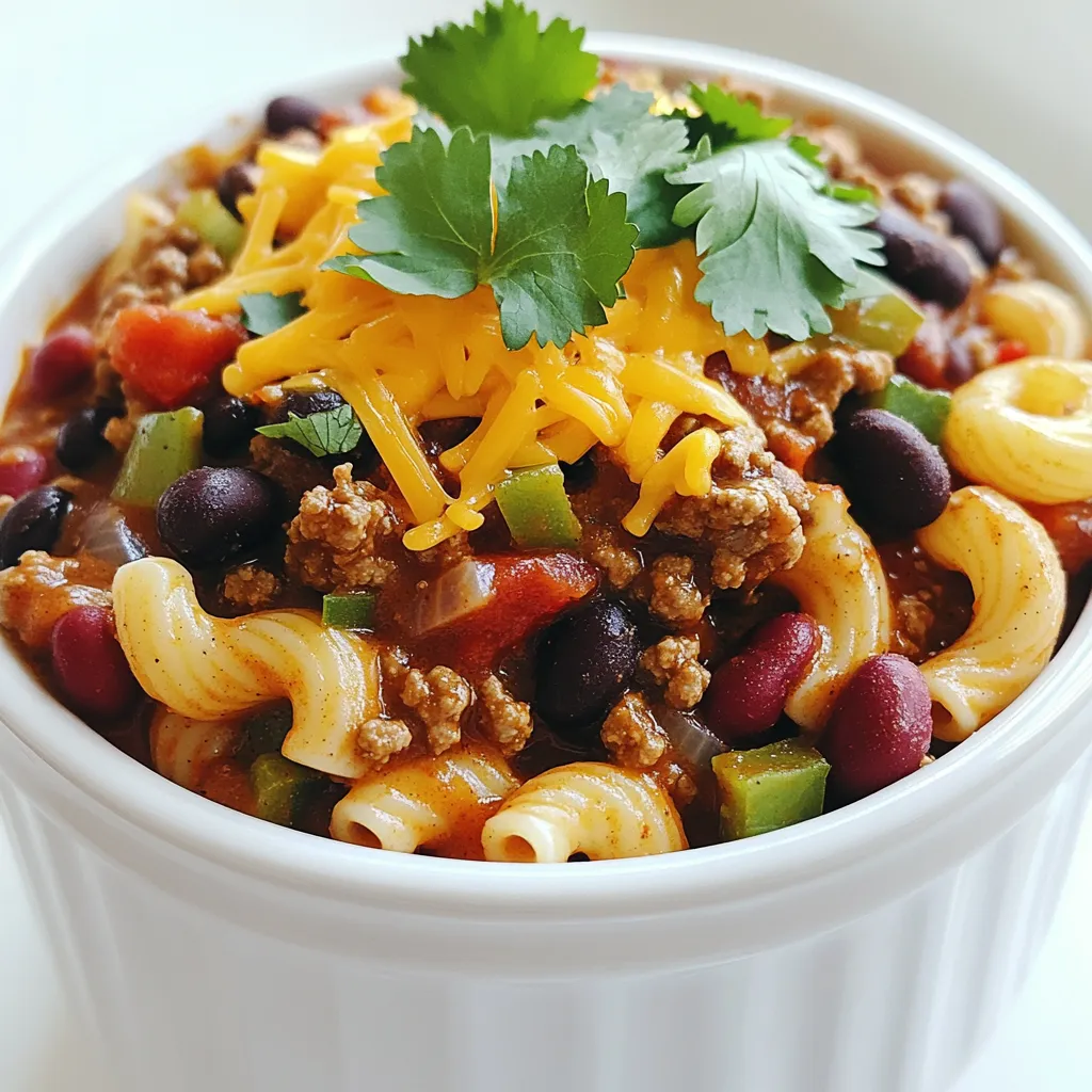 - 1 pound ground beef (or turkey) - 1 medium onion, diced - 2 cloves garlic, minced - 1 can (15 oz) kidney beans, drained and rinsed - 1 can (15 oz) black beans, drained and rinsed - 1 can (14.5 oz) diced tomatoes with green chilies These ingredients form the base of the dish. Ground beef or turkey gives a rich flavor. You can choose turkey for a lighter option. The diced onion and minced garlic add a nice aroma and taste. Beans are a great source of protein and fiber. The diced tomatoes bring a slight sweetness and a bit of heat. - 1 packet chili seasoning mix - 4 cups beef broth - Salt and pepper to taste The chili seasoning mix is key here. It blends spices for a deep flavor. Beef broth adds richness and moisture to the dish. You can adjust salt and pepper to suit your taste. - 2 cups elbow macaroni, uncooked - 1 cup shredded cheddar cheese - 1 cup corn (frozen or canned) - Fresh cilantro or green onions for garnish Elbow macaroni makes this dish hearty and filling. The cheese melts and makes it creamy. Corn adds a sweet crunch. Garnishes like cilantro or green onions brighten the dish. They give a fresh taste and a pop of color. First, you need to brown the ground beef or turkey. Heat a skillet over medium heat. Add the meat and break it apart with a spoon. Cook until it is no longer pink. This usually takes about 5 to 7 minutes. Once the meat is cooked, drain any excess fat. This keeps your dish from becoming greasy. Transfer the browned meat to the slow cooker. Next, add the diced onion and minced garlic to the slow cooker with the meat. These add great flavor. Then, stir in the kidney beans and black beans. Make sure to drain and rinse them first. Add the can of diced tomatoes, including the juice. Sprinkle in the chili seasoning mix for that bold taste. Now, it’s time for the pasta. Add the uncooked elbow macaroni to the mix. Pour in the beef broth and stir everything together. Add corn, salt, and pepper to taste. Ensure all the ingredients are well combined. This helps every bite to be full of flavor. Set your slow cooker to low for 6 to 8 hours. If you are short on time, set it to high for 3 to 4 hours. The macaroni should become tender and soak up the flavors as it cooks. Near the end of the cooking time, stir in the shredded cheddar cheese. This will melt and blend into the dish. Taste your chili mac and adjust the seasoning if needed. Once it’s hot and cheesy, it’s ready to serve. Enjoy your loaded chili mac! To make your Loaded Chili Mac even better, use the right seasonings. Chili seasoning mix is a must. It adds depth and warmth. You can also add cumin or smoked paprika for extra flavor. Want to adjust the spice level? Add more chili mix for heat. If you prefer mild, use less. You can also add diced bell peppers. They bring sweetness and color without adding spice. Cooking times matter. For a thicker dish, cook on low for 8 hours. If you like it soupier, 3-4 hours on high works well. Always check the macaroni towards the end. It should be tender but not mushy. To ensure the macaroni cooks properly, stir it well into the broth. This helps it absorb the flavors. If you find it too firm, add a little more broth and cook longer. Pair your Loaded Chili Mac with a simple side salad. A fresh green salad adds crunch and balance. You could also serve it with cornbread for a comforting combo. For garnishing, fresh cilantro or sliced green onions work great. They add a pop of color and fresh taste. A dollop of sour cream can also cool down the heat. Enjoy your meal! {{image_2}} You can swap ground beef for other meats. Ground turkey works well. It gives a leaner option. If you want a meatless dish, try lentils or mushrooms. They add great texture and flavor. For beans, use what you have. Pinto beans or chickpeas are great choices. They bring their own taste. You can also switch pasta types. Try penne or shells instead of elbow macaroni. Each type adds a fun twist to the dish. Add veggies to boost nutrition. Bell peppers, zucchini, or spinach can mix in easily. Just chop them small before adding to the slow cooker. They soften and blend well with the chili mac. Toppings can change the game. Besides cheese, think about sour cream or avocado. You could also sprinkle crushed tortilla chips for crunch. Fresh herbs, like cilantro or green onions, add color and freshness too. To make it vegetarian, switch the beef broth for vegetable broth. You can also use plant-based ground meat. Many brands offer tasty options. They mimic the texture of meat well. For a vegan dish, skip the cheese or use a dairy-free version. Nutritional yeast can add a cheesy flavor. It also gives a boost of nutrients. Enjoy your loaded chili mac in any style you like! After you enjoy your Loaded Chili Mac, store any leftovers in an airtight container. This keeps it fresh and safe. Make sure it cools down first. You can keep it in the fridge for about 3 to 4 days. Always check for any signs of spoilage before eating. If you want to save some for later, freezing is a great option. First, let the dish cool completely. Then, scoop the chili mac into freezer-safe bags or containers. Be sure to leave some space for expansion. It can last in the freezer for up to 3 months. To reheat, move it to the fridge the night before to thaw. When it’s time to eat again, you have a few choices for reheating. You can use the microwave or the stovetop. For the microwave, heat it in short bursts, stirring in between. This helps it heat evenly. If you prefer the stovetop, warm it in a pot over medium heat. Add a splash of beef broth or water to keep it moist. Stir often to prevent sticking. Enjoying your Loaded Chili Mac again should be easy and tasty! Yes, you can cook Loaded Chili Mac on the stove or in the oven. For the stove, brown the meat in a big pot. Then, add all the other ingredients. Let it simmer until the macaroni cooks. This method takes about 30 minutes. If you want to use an oven, transfer the mixture to a baking dish. Bake at 350°F for about 30 minutes. This gives a nice, baked flavor. To add heat, mix in some diced jalapeños or a dash of hot sauce. You can also use spicier chili seasoning. If you like it really hot, add crushed red pepper flakes. Start small, then taste and add more if you want. This dish pairs well with a fresh salad or warm cornbread. You can also serve it with tortilla chips for crunch. For a fun twist, top it with sour cream and avocado slices. Fresh cilantro or green onions also make a great garnish. This article shows you how to make Loaded Chili Mac easily. We covered key ingredients like ground beef, beans, and delicious toppings. I shared step-by-step instructions, tips for better flavor, and ways to customize the dish. Remember, you can tweak the recipe by changing ingredients and flavors. Whether you enjoy it spicy or mild, this meal is a crowd-pleaser. Packed with taste and comfort, it’s perfect for any day. Try it out and savor each bite!