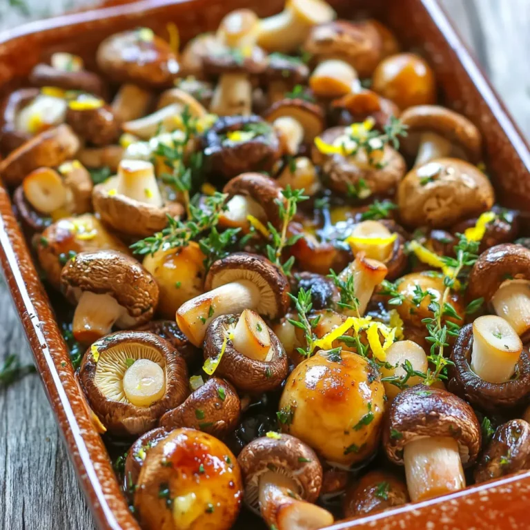 - 1 lb (450g) mixed mushrooms (cremini, shiitake, and button) - 4 tablespoons unsalted butter - 4 cloves garlic, minced - 2 tablespoons olive oil - 1 teaspoon fresh thyme leaves (or ½ teaspoon dried thyme) - 1 teaspoon fresh parsley, chopped - Salt and pepper to taste - Zest of 1 lemon Best types of mushrooms for roasting I love using a mix of cremini, shiitake, and button mushrooms. Each type brings its own flavor. Cremini mushrooms are earthy and firm. Shiitake mushrooms add a nice umami taste. Button mushrooms are mild and absorb flavors well. This mix makes the dish truly special. Substitutions for butter and oil If you need to avoid butter, use ghee or vegan butter. You can also use coconut oil for a different flavor. For olive oil, avocado oil works great too. These swaps still give you a tasty result! First, preheat your oven to 400°F (200°C). This will make sure your mushrooms cook well. While the oven heats, line a baking sheet with parchment paper. This helps with easy cleanup later. Next, clean the mushrooms. Use a damp cloth or a soft brush to wipe off dirt. Trim the stems if needed. You want them ready for the tasty coating. Now, grab a large mixing bowl. Add the cleaned mushrooms, olive oil, and melted butter. Then, add minced garlic, thyme, lemon zest, salt, and pepper. Toss everything together. Make sure the mushrooms get coated evenly. Spread the mushrooms on the baking sheet in a single layer. Don't crowd them! This helps them roast evenly and get that nice golden color. Roast the mushrooms for 20-25 minutes. Halfway through, flip them. This step ensures they cook well on both sides. When they look tender and golden brown, they are ready to enjoy! To make your garlic butter roasted mushrooms shine, focus on even seasoning. Start by mixing the mushrooms well with olive oil and melted butter. This helps every piece get coated. Use fresh garlic for the best taste. It adds a rich flavor that dried garlic can't match. For herbs, fresh thyme is a winner. It complements the mushrooms well. If you use dried thyme, remember it's stronger. You can use half the amount of dried to get the same flavor. A touch of lemon zest brightens the dish. It gives a fresh burst that makes the mushrooms pop. Get creative with how you serve your garlic butter roasted mushrooms. They work well as a side for grilled meats, pasta, or risotto. You can even toss them into a salad for added flavor. Pairing these mushrooms is easy. Try them with a steak for a hearty meal. They also go great with fish, adding a savory touch. Don’t forget a sprinkle of parsley on top for color. This small step makes the dish look fancy and inviting. {{image_2}} You can change up the flavor of garlic butter roasted mushrooms easily. One great way is to add cheese. Grated Parmesan gives a nice salty taste. Feta adds a creamy and tangy twist. Just sprinkle your chosen cheese on top after roasting. Another way to boost flavor is with herbs. Fresh rosemary pairs well with mushrooms. You can also try basil for a sweet hint. Just add your herbs to the mixing bowl with the garlic and butter. This will fill the mushrooms with more taste. You don't have to roast mushrooms for this dish. Sautéing them on the stovetop is a quick option. Heat some olive oil in a pan and add the mushrooms. Cook them for about 10 minutes, stirring often. This method gives you a different texture and flavor. Grilling is another fun way to cook mushrooms. Toss them in the garlic butter mix and place them on a grill. Cook until they are tender and have nice grill marks. This adds a smoky taste that is hard to beat. Feel free to experiment with these ideas to find your favorite twist on garlic butter roasted mushrooms! To store leftover garlic butter roasted mushrooms, use an airtight container. Glass or plastic containers work well. Let the mushrooms cool to room temperature before sealing. This helps keep moisture out. Store in the fridge for up to three days. If you want to save them longer, consider freezing. Place the mushrooms in a freezer-safe bag or container. They can last up to three months in the freezer. When it's time to enjoy your leftovers, reheating is key. The best way to reheat roasted mushrooms is in the oven. Preheat your oven to 350°F (175°C). Spread the mushrooms on a baking sheet, ensuring they have space. Heat for about 10 minutes or until warm. This method helps keep the mushrooms crispy. You can also use a skillet on low heat. Add a little olive oil or butter to prevent sticking. Stir gently to maintain texture and flavor. Avoid using the microwave, as it can make the mushrooms soggy. Reheating properly will make your garlic butter roasted mushrooms taste fresh again! Can I use different types of mushrooms? Yes, you can use many types of mushrooms. Cremini, shiitake, and button mushrooms work well together. You can also try portobello or oyster mushrooms. Each type adds its own taste and texture. Mixing them gives a nice variety to your dish. How do I know when the mushrooms are done roasting? Mushrooms are done when they are tender and golden brown. This usually takes about 20 to 25 minutes in the oven. Flipping them halfway helps them cook evenly. You can poke them with a fork; if they are soft, they are ready. Can I make this recipe ahead of time? You can prepare the mushrooms in advance. Clean and coat them, then store them in the fridge. When you are ready to cook, just roast them in the oven. This makes it easy for last-minute meals or gatherings. Garlic butter roasted mushrooms are simple and fun to make. You learned about the best ingredients, tips for flavoring, and cooking methods. Each step brings a delicious dish to life. Remember to check your mushrooms for doneness and have fun with flavors. Try different herbs, cheeses, or cooking methods to make this dish your own. Enjoy your cooking and impress your friends. Happy roasting!