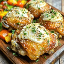 - 4 bone-in chicken thighs (skin-on) - 6 cloves of garlic, minced - 1 cup grated Parmesan cheese - 1/4 cup olive oil - 1 tablespoon dried Italian herbs (oregano, basil, thyme) - Salt and pepper to taste - 1 tablespoon fresh parsley, chopped (for garnish) - Baking dish - Mixing bowl - Measuring cups and spoons Using the right ingredients is key to making Roasted Garlic Parmesan Chicken. You should start with bone-in, skin-on chicken thighs. They keep the meat juicy during cooking. Fresh garlic adds bold flavor. Grated Parmesan gives that rich, cheesy crust we love. For additional flavor, use good olive oil. Dried Italian herbs bring a classic taste. Don’t forget salt and pepper to enhance all the flavors. Fresh parsley makes a lovely garnish and adds color. You will need a baking dish to roast the chicken. A mixing bowl helps combine the ingredients well. Measuring cups and spoons ensure you use the right amounts. With these ingredients and tools, you're ready to make a meal that shines! - Preheat your oven to 400°F (200°C). - In a bowl, mix olive oil, minced garlic, dried herbs, salt, and pepper until well combined. This mix adds a rich flavor to the chicken. - Pat the chicken thighs dry with paper towels. Dry skin helps it get crispy. - Rub the garlic mixture all over each piece of chicken. Make sure to cover every part for full flavor. - Place chicken thighs in a baking dish skin-side up. - Pour any leftover garlic mixture over the chicken for extra taste. - Generously sprinkle grated Parmesan cheese over each thigh. This cheese melts and turns golden brown as it cooks. - Roast in the oven for 35-40 minutes. Check that the chicken reaches an internal temperature of 165°F (75°C). The cheese should be crispy and golden. After roasting, let the chicken rest for 5 minutes. This helps keep it juicy. Enjoy your meal with a sprinkle of parsley for a fresh touch! To get crispy skin on your chicken, follow some simple steps. Start by patting the chicken dry. This helps remove extra moisture. Moisture can make the skin soggy. If the skin is dry, it will crisp up better in the oven. Next, rub the garlic mixture evenly on each piece. Make sure the skin side gets enough rub. This adds flavor and helps crisp it up. When cooking, place the chicken skin-side up. This allows the heat to reach the skin directly. For better flavor, consider adding marinades. You can try lemon juice or honey for a sweet touch. Fresh herbs, like rosemary or thyme, work well too. Fresh herbs give a stronger taste than dried ones. You can mix them in the garlic rub, or sprinkle them on top. If you prefer dried herbs, use them too. They still add great flavor. Just remember to use less than fresh herbs, as their taste is more concentrated. Roasted Garlic Parmesan Chicken pairs well with many sides. Try serving it with roasted vegetables. Carrots, broccoli, and potatoes complement the dish nicely. You can also serve it with a fresh salad. For a colorful presentation, place chicken on a large platter. Sprinkle chopped parsley over the chicken for a pop of color. This simple touch makes your meal look great and inviting! {{image_2}} You can change the protein in this dish. Instead of chicken thighs, you can use chicken breasts or drumsticks. Chicken breasts cook faster but may dry out if overcooked. Drumsticks are juicy and flavorful, giving you a nice option. If you want a quicker cook time, try boneless chicken. Boneless thighs or breasts will save time. They are easy to coat and cook just as well. Just remember to check the internal temperature. It should reach 165°F (75°C) for safety. You can add your twist to this recipe. Try adding some lemon juice or lemon zest for a fresh taste. The brightness of lemon pairs well with garlic and Parmesan. You can also experiment with different cheeses like mozzarella or cheddar. Each cheese brings its own unique flavor. If you like heat, spice it up! Add crushed red pepper flakes to the garlic mixture. This will give your chicken a nice kick. You can adjust the amount based on how spicy you want it. You do not need to stick with baking. An air fryer works great for this recipe too. Preheat the air fryer to 375°F (190°C). Cook the chicken for about 25-30 minutes. Check for that perfect golden color and internal temperature. If you prefer a slow cooker, this method can make your chicken super tender. Simply place the chicken in the slow cooker with the garlic mixture. Cook on low for 6-8 hours or high for 3-4 hours. The flavors will blend beautifully, and you will have a delicious meal with less effort. To store your leftovers, place the chicken in an airtight container. Make sure it cools to room temperature first. This helps keep the chicken juicy. You can keep it in the fridge for up to four days. Just check for any off smells or changes in texture before eating. If you want to freeze the chicken, wrap each piece tightly in plastic wrap or foil. Then, place them in a sturdy freezer bag. This keeps air out and prevents freezer burn. You can freeze the chicken for up to three months. When you're ready to eat, thaw it in the fridge overnight. To reheat the chicken, use your oven for the best results. Preheat it to 350°F (175°C). Place the chicken on a baking sheet and cover it with foil. This keeps moisture in. Heat for about 20 minutes or until warmed through. Avoid using the microwave, as it can make the chicken soggy. Enjoy your flavorful meal! To get crispy skin, start by drying the chicken well. Moisture makes it hard to get that crunch. Next, apply a generous layer of oil and seasonings. This adds flavor and helps the skin crisp up nicely. Lastly, roast at a high temperature. I recommend 400°F (200°C) for great results. Yes, you can use different cheeses! Mozzarella gives a nice melt, while cheddar adds a sharp flavor. Feta brings a tangy twist, and gouda adds a smoky note. Each cheese will change the dish's taste, so feel free to experiment! Absolutely! This chicken is perfect for meal prep. You can cook a batch in advance and store it in the fridge. It stays tasty and can last for about four days. Just reheat it in the oven to keep it crispy. If you want to skip the garlic, you can still enjoy this dish. Try using shallots for a milder flavor. You could also add lemon zest for a fresh taste. Another option is to use a mix of herbs for more depth. Many sides go great with this chicken! Roasted vegetables, like carrots and broccoli, add color and flavor. A fresh salad balances the richness, too. You can also serve it with mashed potatoes or rice for a hearty meal. Roasted Garlic Parmesan Chicken is easy and tasty. We covered main and extra ingredients, key tools, and step-by-step cooking methods. You can switch proteins or add flavors for variety. Remember to store leftovers properly for later. Use the tips to make the skin crispy and flavorful. Now you can enjoy a delicious meal any day. Happy cooking!