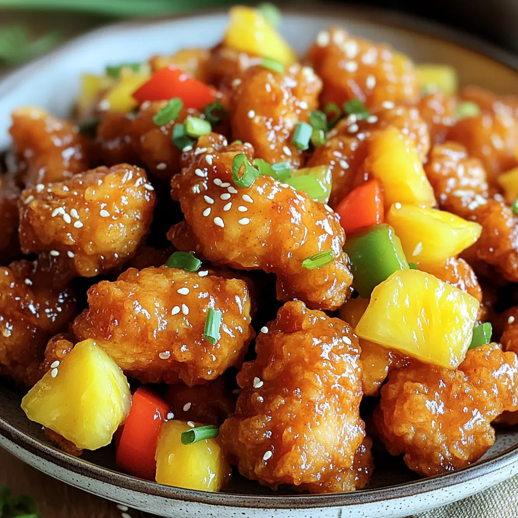 - 1 lb chicken breast, cut into bite-sized pieces - 1/2 cup cornstarch - 1/2 cup sweet and sour sauce (store-bought or homemade) For our sweet and sour chicken bites, chicken breast is the star. It is lean and takes on flavors well. Cornstarch gives the chicken a nice crunch. The sweet and sour sauce adds tangy sweetness to each bite, bringing everything together. - 1 cup pineapple chunks (fresh or canned, drained) - 1 bell pepper (red or yellow), chopped into small pieces - 2 green onions, finely sliced - Sesame seeds for garnish Pineapple chunks add a juicy burst of flavor. Bell pepper brings a crisp texture and color. Green onions give a fresh taste, while sesame seeds add a nutty finish. These vegetables and garnishes make the dish colorful and fun. - 1/2 teaspoon salt - 1/2 teaspoon black pepper - 1 tablespoon olive oil Salt and black pepper enhance the chicken's flavor. Olive oil helps the cornstarch stick and adds richness. Proper seasoning makes a big difference in taste, so don’t skip these simple steps. Start by cutting your chicken breast into bite-sized pieces. In a large bowl, mix cornstarch, salt, and black pepper. Toss the chicken in this mix until it is fully coated. This step helps to create a crispy outer layer. After that, drizzle olive oil over the chicken. Mix well to ensure every piece gets a light coat of oil. This will help it crisp up nicely in the air fryer. Next, set your air fryer to 400°F (200°C). Let it preheat for about 5 minutes. Preheating is key for getting that nice golden color and crunch on your chicken bites. Now it's time to cook. Place the chicken in a single layer in the air fryer basket. If you have a lot of chicken, do this in batches. Cook for 10-12 minutes. Halfway through, shake the basket to ensure even cooking. The chicken is done when it turns golden brown and reaches an internal temperature of 165°F (74°C). While the chicken cooks, get a large skillet ready. Over medium heat, sauté pineapple chunks and chopped bell pepper for about 3-4 minutes. You want them to caramelize a bit. After that, pour in the sweet and sour sauce. Stir it all together and cook for another 2 minutes until it’s heated through. Once the chicken is done, add it to the skillet. Toss everything together until the chicken is well coated in the sauce. This step adds flavor and makes your dish shine! To get that crispy texture, coat the chicken with oil. Oil helps the chicken brown and stay juicy. Just drizzle a tablespoon over the chicken and mix well. This small step makes a big difference! Avoid crowding the air fryer. If you add too many chicken bites at once, they won’t cook evenly. Make sure to leave space between each piece. You can cook in batches if needed. This way, every bite will be crispy and delicious. You can switch up the meat in this recipe. Try using shrimp or tofu for a fun twist. Both options taste great and add unique flavors. If you want more veggies, add carrots or snap peas. These will add color and crunch to your dish. Making your sweet and sour sauce at home is easy. Use equal parts sugar and vinegar for a simple base. You can add soy sauce for depth. This will create a richer flavor compared to store-bought sauce. For garnishes, you can’t go wrong with sliced green onions and sesame seeds. They add a nice touch to the dish. You might also sprinkle some crushed peanuts for extra crunch. These small details make your meal look and taste gourmet! {{image_2}} You can switch things up by using shrimp or tofu instead of chicken. Shrimp cooks fast in the air fryer, taking only about 6-8 minutes. Just season and coat them like the chicken. For tofu, use firm tofu. Cut it into bite-sized pieces and press it to remove excess moisture. Coat the tofu with cornstarch and seasonings, then air fry until crispy. If you want a vegetarian version, simply use tofu as the main protein. Pair it with the sweet and sour sauce for a great flavor match. Both options keep the dish light but tasty. Adding spices or marinades can make this dish unique. Try garlic powder or ginger for an extra kick. You can also marinate the chicken, shrimp, or tofu in a mix of soy sauce and sesame oil before cooking. This adds depth and flavor. For sauce variation, try mango chutney or chili sauce instead of sweet and sour. Each sauce gives a different taste. You can mix sauces too! Combine sweet and sour with teriyaki for a fun twist. Serve your sweet and sour chicken bites over rice or noodles. Jasmine rice or egg noodles work well. They soak up the sauce and add a nice base. You can also serve these bites as an appetizer. They’re perfect for parties! Just place them on a platter and offer toothpicks. Everyone will love the crispy bites with the sweet sauce. To keep your Air Fryer Sweet & Sour Chicken Bites fresh, use airtight containers. Glass or plastic containers with tight lids work well. Place the chicken bites in a single layer to avoid sticking. You can store them in the fridge for quick access or freeze for later use. In the fridge, they stay good for about three to four days. If you choose to freeze them, they'll last for about two months. When it's time to enjoy your leftovers, you have a few options. You can use the air fryer, oven, or microwave. For the air fryer, set it to 350°F (175°C) and cook for about 5-7 minutes. This method helps keep them crispy. If you use the oven, preheat it to 350°F (175°C) and heat for about 10 minutes. If you're in a hurry, the microwave works too, but they may lose some crispiness. To keep them crispy in the microwave, place a paper towel under the chicken bites. Leftovers of Air Fryer Sweet & Sour Chicken Bites can stay fresh for up to four days in the fridge. If you freeze them, they can last for about two months. After that, they may lose flavor and texture. Always check for signs of spoilage before eating. Yes, you can prepare them ahead of time. Here are a few options for meal prepping: - Coat the chicken: You can coat the chicken pieces with cornstarch and seasonings a few hours in advance. Keep them in the fridge until you’re ready to cook. - Make the sauce: Prepare your sweet and sour sauce a day ahead. Store it in an airtight container in the fridge. - Cook in batches: If you want to eat some now and save some for later, cook only part of the chicken. Store the rest to heat up later. The best temperature for cooking chicken in an air fryer is 400°F (200°C). This high heat cooks the chicken quickly while giving it a nice, crispy outside. Always check the chicken's internal temperature; it should reach 165°F (74°C) to ensure it is safe to eat. Yes, you can use frozen chicken, but it will take longer to cook. Here are some tips for cooking from frozen: - Increase cooking time: Add about 5 to 10 extra minutes to the cooking time. - No need to thaw: You can cook the chicken directly from frozen. Just make sure to cut the pieces small enough so they cook evenly. - Check doneness: Use a meat thermometer to ensure the chicken reaches 165°F (74°C) before serving. This recipe offers a tasty way to enjoy air fryer sweet and sour chicken. You learned about main ingredients, seasonings, and how to achieve crispiness. The tips on variations and storage will help you customize and keep your dish fresh. Experimenting with flavors and adjusting ingredients keeps your meals exciting. Enjoy this simple, delicious dish that works for any meal!