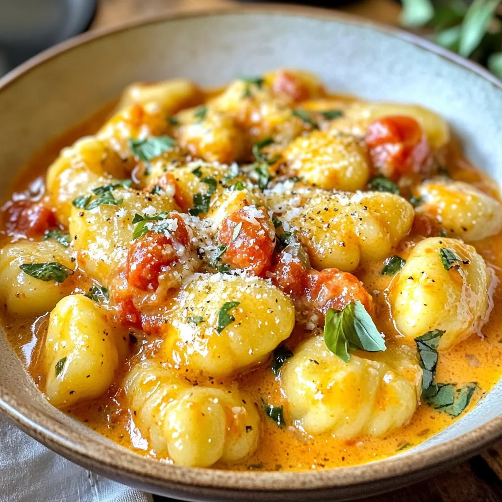 - 1 pound gnocchi (store-bought or homemade) - 2 tablespoons olive oil - 4 cloves garlic, minced - 1 can (14 oz) diced tomatoes (with juices) - 1 cup vegetable broth These ingredients form the heart of your dish. Gnocchi gives a soft, chewy base. You can buy it or make it at home. Olive oil adds flavor and helps cook the garlic. Garlic brings a nice aroma and taste. Diced tomatoes add sweetness and acidity. Vegetable broth adds more depth to the sauce. - 1 cup heavy cream (or coconut cream for a dairy-free option) - 1 teaspoon dried basil - Salt and pepper to taste - 1 cup fresh basil leaves, chopped - ½ cup grated Parmesan cheese (optional) The creamy base makes this dish rich and comforting. Heavy cream gives a smooth texture. If you want a dairy-free option, coconut cream works well too. Dried basil adds a warm, herbal taste. Fresh basil leaves finish the dish with brightness. Add salt and pepper to enhance all the flavors. Parmesan cheese can add a salty kick if you choose to use it. - ½ teaspoon red pepper flakes (optional for heat) - Additional seasonings for customization For those who like a bit of spice, red pepper flakes can add heat. You can also play with other seasonings. Oregano, thyme, or even a dash of lemon juice can change the flavor. This gives you the freedom to make the dish your own! 1. First, heat 2 tablespoons of olive oil in a large pot over medium heat. 2. Next, add 4 minced garlic cloves. Sauté them for about 1 minute until they smell great. 3. After that, add 1 can of diced tomatoes with juices, 1 cup of vegetable broth, and 1 teaspoon of dried basil to the pot. Stir it all well. 1. Bring the mixture to a gentle simmer. This means you want small bubbles to form but not a full boil. 2. Now, add 1 pound of gnocchi to the pot. Cook it for about 2-3 minutes. The gnocchi will float when done. 3. Once the gnocchi floats, turn the heat to low. Stir in 1 cup of heavy cream or coconut cream. Let it simmer for another 2-3 minutes to thicken a bit. 1. Taste the dish and season it with salt, pepper, and red pepper flakes if you want some heat. 2. Gently fold in 1 cup of chopped fresh basil and ½ cup of grated Parmesan cheese, if using. Mix until everything is combined. 3. Serve this dish right away for the best flavor and texture. Garnish with more fresh basil and a drizzle of olive oil for a nice touch. To ensure the best texture of gnocchi, cook them until they float. This usually takes about 2-3 minutes. If the gnocchi cook too long, they can become mushy. To prevent sticking during cooking, stir gently after adding them to the pot. A bit of olive oil can help too, as it creates a non-stick layer. For an appealing plate, serve your creamy tomato basil gnocchi in shallow bowls. This allows the sauce to shine. Garnish with extra basil leaves and a drizzle of olive oil. This adds color and enhances the dish's flavor and look. A sprinkle of grated Parmesan can elevate the dish even more. I recommend using a large pot or deep skillet for one-pot cooking. This gives you enough space to stir and combine ingredients easily. Use a wooden spoon or silicone spatula for mixing. These tools are gentle on your pots and prevent scratches while ensuring even cooking. {{image_2}} You can easily adapt this gnocchi dish to fit your needs. For a dairy-free and vegan option, swap heavy cream for coconut cream. This keeps the dish rich and creamy without the dairy. If you're gluten-free, look for gluten-free gnocchi. Many brands now offer tasty choices made from rice or potatoes. This way, everyone can enjoy this creamy tomato basil gnocchi. Want to add more flavor? Try mixing in proteins like chicken or shrimp. Cook them first in the pot, then follow the recipe as usual. For a burst of freshness, add seasonal vegetables. Spinach, zucchini, or bell peppers work great. Just toss them in with the gnocchi for a colorful and tasty meal. Do you like heat? Adjust the spice by adding different peppers. Jalapeños or crushed red pepper flakes can bring a nice kick. If you want to explore new flavors, add flavor boosters. A splash of balsamic vinegar or a hint of lemon zest can brighten up the dish. Feel free to experiment and find what you love! To keep your creamy tomato basil gnocchi fresh, follow these tips: - Refrigerate promptly: Store leftovers in the fridge within two hours. - Use airtight containers: Choose containers that seal well to keep out air. - Label and date: Write the date on the container to track freshness. The dish stays good for about three days in the fridge. When you want to enjoy your gnocchi again, use these methods: - Stovetop reheating: Place the gnocchi in a pan over low heat. Add a splash of vegetable broth or cream. Stir gently until warmed. - Microwave option: Use a microwave-safe bowl. Heat for 1-2 minutes, stirring halfway through. These methods help keep the creamy texture intact. If you want to save some gnocchi for later, here’s how to freeze it: - Cool before freezing: Let the dish cool to room temperature first. - Portion it out: Freeze in single servings for easy reheating. - Use freezer-safe containers: Make sure they are airtight to prevent freezer burn. To reheat, thaw in the fridge overnight. Then, reheat using the stovetop or microwave method. Enjoy your meal at its best! How long does the dish take to make? This dish takes about 20 minutes in total. You spend 10 minutes prepping the ingredients. Cooking takes another 10 minutes. Quick and easy! Can I use fresh gnocchi instead of store-bought? Yes, you can use fresh gnocchi. Fresh gnocchi cooks faster than store-bought. Just keep an eye on it to avoid overcooking. What can I substitute for heavy cream? You can use coconut cream for a dairy-free option. Almond milk or cashew cream also works well. These options keep your dish creamy and rich. Are canned tomatoes necessary, or can I use fresh? Canned tomatoes bring a great flavor and save time. You can use fresh tomatoes if you prefer. Just chop them and add extra broth for moisture. What side dishes complement this recipe? A simple green salad pairs well with this dish. Garlic bread is also a tasty choice. These sides balance the creaminess of the gnocchi. Can I prepare this meal in advance? You can prepare the sauce ahead of time. Store it in the fridge for up to two days. Cook the gnocchi fresh before serving for the best taste. This blog post covered how to make a delicious gnocchi dish. We explored essential ingredients, creamy bases, and optional add-ins. You learned step-by-step cooking instructions while getting tips for great texture and presentation. We also discussed variations for dietary needs and flavor adjustments. Lastly, we shared storage tips to keep your meal fresh and FAQs for common questions. Cooking is all about trying new things and having fun. Enjoy making this dish your own!
