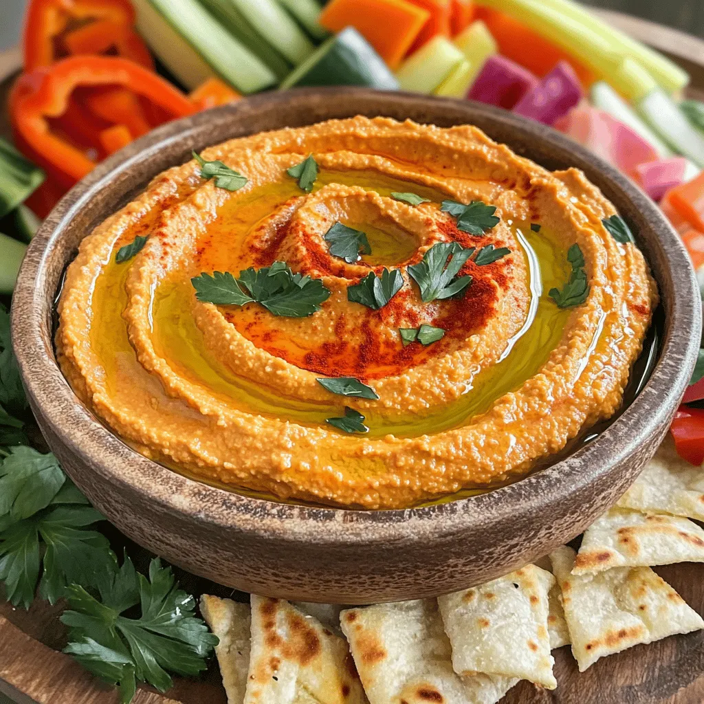 To make roasted red pepper hummus, you will need: - 2 large red bell peppers - 1 can (15 oz) chickpeas, drained and rinsed - 3 tablespoons tahini - 2 tablespoons olive oil - 2 cloves garlic, minced - 2 tablespoons lemon juice - 1 teaspoon ground cumin - Salt and pepper to taste - A pinch of smoked paprika (for garnish) - Fresh parsley, chopped (for garnish) This mix of ingredients gives the hummus a rich flavor. The roasted peppers add a sweet, smoky taste that brightens the dish. The key ingredients offer many health benefits: - Red bell peppers: High in vitamins A and C, they boost your immune system. - Chickpeas: Packed with protein and fiber, they support digestion and muscle health. - Tahini: This sesame paste provides healthy fats and adds creaminess. - Olive oil: Rich in heart-healthy fats, it helps lower bad cholesterol. - Garlic: Known for its health benefits, it adds flavor and can boost your immune system. Each serving is not just tasty but also nutritious. You can enjoy this hummus guilt-free! If you lack some ingredients, don’t worry. Here are some easy swaps: - Red bell peppers: You can use yellow or orange bell peppers for a different taste. - Chickpeas: White beans or black beans work well in a pinch. - Tahini: Sunflower seed butter or Greek yogurt can replace tahini. - Olive oil: Avocado oil or any neutral oil can be used if needed. - Garlic: Garlic powder can replace fresh garlic; just use less. These substitutions keep the flavor strong while making the recipe flexible. Feel free to mix and match based on what you have! First, you need to prep the red bell peppers. Start by preheating your oven to 425°F (220°C). Next, cut the peppers in half and take out the seeds and membranes. Place the halves cut-side down on a baking sheet lined with parchment paper. Roast the peppers for about 25 to 30 minutes. You want the skin to get charred and blistered. When they are done, take them out of the oven and let them cool a bit. Once they are cool enough to touch, peel off the charred skin and throw it away. This process adds a deep flavor to your hummus. Now, it’s time to blend the hummus. In a food processor, put the roasted peppers along with the chickpeas, tahini, olive oil, minced garlic, lemon juice, ground cumin, and a pinch of salt and pepper. Blend everything together until it is smooth. Make sure to scrape down the sides as needed. If your mixture seems too thick, add a tablespoon of water at a time. Keep blending until you reach the perfect texture. This step is key for a creamy hummus. To get the best consistency, you might need to adjust the water. If your hummus feels dry, add a little more water. If it’s too thin, just add a bit more chickpeas or tahini. Always taste it and adjust the seasoning. A good hummus should be smooth and spreadable. You can top it with a drizzle of olive oil and sprinkle some smoked paprika and chopped parsley for a nice touch. This makes your hummus not only tasty but also beautiful! Roasting bell peppers brings out their sweet flavor. Start by choosing ripe, bright red peppers. Preheat your oven to 425°F (220°C). Cut the peppers in half and remove seeds. Place them cut-side down on a lined baking sheet. Roast them for about 25-30 minutes. Look for charred, blistered skin. This shows they are ready. After roasting, let them cool. The skins will peel off easily when cool. This method makes the peppers soft and smoky. To boost flavor, add a few extra ingredients. Consider adding a small amount of lemon zest for brightness. You can also use roasted garlic instead of raw. This gives a sweeter taste. If you like heat, add a pinch of cayenne pepper. It gives a nice kick. Fresh herbs like basil or cilantro can add freshness. Mix these in before blending for a richer flavor. Always taste as you go. Adjust the salt and pepper to your liking. Roasted red pepper hummus pairs well with many foods. Serve it with pita chips for a crunchy texture. Fresh veggies like carrots and cucumbers are great for dipping. You can also use toasted bread or crackers. For a fun twist, try it as a spread on sandwiches. Add some sliced turkey or veggies for a tasty lunch. Garnish with smoked paprika and parsley for color. This makes your dish look even more inviting. Enjoy your hummus with friends at a party or a quiet snack at home! {{image_2}} Want to add some heat? Start with the basic recipe, then add jalapeños. You can use fresh or pickled jalapeños, depending on your spice level. A tablespoon of sriracha or harissa gives a nice kick too. Blend these in with the other ingredients. Enjoy this spicy twist with veggies or chips! Herbs and spices can change your hummus game. Try adding fresh basil or cilantro for a fresh taste. You can also experiment with spices like smoked paprika or chili powder. Mixing in a teaspoon of za'atar adds a Middle Eastern flavor. Blend these choices in for a new layer of yum! This hummus is already vegan and gluten-free! If you want to make it nut-free, just skip the tahini. You can swap tahini with sunflower seed butter or skip it altogether. For added protein, mix in some cooked lentils. These small changes keep it friendly for everyone, without losing flavor. To keep your roasted red pepper hummus fresh, store it in an airtight container. This will prevent it from drying out. Make sure the lid fits tightly. You can also press plastic wrap directly onto the hummus before sealing the lid. This extra step helps keep air out. You can freeze hummus if you want to save it for later. Use a freezer-safe container and leave some space at the top. The hummus will expand as it freezes. You can also make small portions in an ice cube tray for easy use. When ready to eat, thaw it in the fridge overnight. Homemade roasted red pepper hummus lasts about one week in the fridge. Check for signs of spoilage. Look for changes in color or texture. If it smells sour or off, it’s best to toss it. Always trust your senses. When in doubt, throw it out! Yes, you can make hummus without tahini. You can use more olive oil or add nuts like cashews instead. This will give your hummus a nice creamy texture. Just remember to adjust the other flavors to keep it tasty. Homemade roasted red pepper hummus lasts about 4 to 7 days in the fridge. Store it in an airtight container for best results. Always check for any signs of spoilage before eating. You can find roasted red pepper hummus at most grocery stores. Look in the deli or refrigerated section. Many brands make this tasty dip, so you have options. Local markets may also offer fresh versions. Roasted red pepper hummus is a tasty and easy dish to make. You learned the best ingredients, step-by-step prep, and tips for great flavor. We covered some fun variations and how to store your hummus too. In my experience, combining these tips ensures your hummus always impresses. Dive into this healthy snack, and don't be afraid to experiment. Enjoy creating your perfect hummus dish!