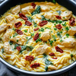 - 1 lb boneless, skinless chicken breasts, diced - 1 cup orzo pasta - 1 cup sun-dried tomatoes, chopped - 3 cloves garlic, minced - 1 teaspoon dried oregano - 1 teaspoon dried basil - 1/2 teaspoon red chili flakes (optional) - 2 tablespoons olive oil - Fresh parsley, chopped for garnish - Additional vegetables like bell peppers Start by heating 2 tablespoons of olive oil in a large skillet over medium heat. Add 1 pound of diced chicken. Season it with salt and pepper. Cook the chicken for about 5-7 minutes. It should be browned and cooked through. Once done, remove the chicken from the pan and set it aside. This step keeps the chicken juicy and flavorful. In the same pan, add 3 minced garlic cloves and 1 cup of chopped sun-dried tomatoes. Sprinkle in 1 teaspoon of dried oregano, 1 teaspoon of dried basil, and 1/2 teaspoon of red chili flakes for a little heat. Sauté this mix for 2-3 minutes. You want it fragrant and inviting. This step builds a strong flavor base for the dish. Pour in 2 cups of chicken broth and bring it to a simmer. Scrape the bottom of the pan to mix in all the flavors. Now, stir in 1 cup of orzo pasta and return the cooked chicken to the pan. Mix everything well, cover the pan, and let it simmer for about 10 minutes. Stir occasionally until the orzo is al dente and has absorbed most of the broth. Next, reduce the heat to low. Stir in 1 cup of heavy cream and 1 cup of baby spinach. Cook for an additional 3-5 minutes until the spinach wilts and the sauce becomes creamy. Adjust the taste with salt and pepper if needed. Finally, let it sit for a couple of minutes to thicken. Enjoy the rich and creamy flavors! To ensure your chicken is perfectly cooked, choose boneless, skinless chicken breasts. Cut them into small, even pieces. This helps them cook evenly. Sauté the chicken for about 5-7 minutes. Look for a nice brown color. The chicken should reach an internal temperature of 165°F (75°C). For a creamy sauce consistency, add heavy cream after cooking the orzo. Stir gently to combine. Let it simmer on low heat. This helps the cream integrate without curdling. If the sauce is too thick, add a little extra chicken broth. Serve the dish straight from the pan for a rustic feel. This keeps it warm and inviting. Use a large spoon to scoop out portions. For garnishing, sprinkle fresh parsley on top for color. You can also add extra sun-dried tomatoes for flair. A few chili flakes can add a nice touch too. To enhance the flavor, consider adding more spices. A pinch of smoked paprika can bring depth. Fresh herbs like basil or thyme can brighten the dish. You might also add vegetables like bell peppers or zucchini. Sauté them with the garlic and sun-dried tomatoes for extra nutrition. This will make your dish even more colorful and tasty. {{image_2}} You can swap the chicken for shrimp or tofu. Shrimp cooks fast and adds a nice seafood touch. Just sauté it until pink and tender. If you choose tofu, press it first to remove water. Then dice it and sauté until golden for a great texture. Both options work well with the creamy sauce. If you need a gluten-free dish, use gluten-free pasta instead of orzo. Many brands offer great alternatives that taste good. Just make sure to follow the cooking time on the package, as it may differ from regular orzo. This keeps your meal safe and delicious for all. You can change the flavor by adding different herbs and spices. Try thyme or rosemary for a fresh twist. A dash of lemon juice can brighten the dish. You can also use smoked paprika for a deeper taste. Experiment with what you love for a unique touch. To store leftovers, first let the dish cool down. Then, place it in an airtight container. You can keep it in the fridge for up to three days. Make sure to label the container with the date. This way, you will know when to eat it. To reheat this dish and keep it creamy, use a skillet. Add a splash of chicken broth or cream to the pan. Heat over low to medium heat. Stir often to prevent sticking. This will help maintain the creamy texture. You can also microwave it in short bursts, stirring in between. Yes, you can freeze this dish! Cool it completely, then transfer it to a freezer-safe container. Make sure to leave some space for expansion. Seal tightly and label it with the date. It can last up to three months in the freezer. When ready to eat, thaw it in the fridge overnight before reheating. Yes, you can make this dish ahead of time. Cook the chicken and orzo but skip adding the cream and spinach. Let them cool and store in the fridge for up to three days. When you're ready to eat, heat it in a pan. Add the cream and spinach, stirring until warm. This method keeps the dish fresh and creamy. This dish is filling, but sides can enhance your meal. Here are some ideas: - Garlic bread to soak up the sauce - A simple green salad for freshness - Roasted vegetables for added color and flavor - Steamed broccoli or green beans for crunch These sides pair well and add balance to your plate. You can easily modify this dish for diets. To make it dairy-free, swap heavy cream for coconut milk or a dairy-free cream. For low-carb options, use zucchini noodles or cauliflower rice instead of orzo. Adjust the seasonings to keep the flavors bright. These swaps allow everyone to enjoy this tasty meal. This blog post walks you through a tasty dish of creamy sun-dried tomato chicken orzo. We covered key ingredients like chicken, orzo, and seasonings. I shared step-by-step cooking instructions and helpful tips for the best results. You can even try protein swaps or serve it gluten-free. In the end, this dish is easy to make and fun to share. Whether for dinner or a gathering, it's full of flavor and comfort. Enjoy experimenting and making it your own!