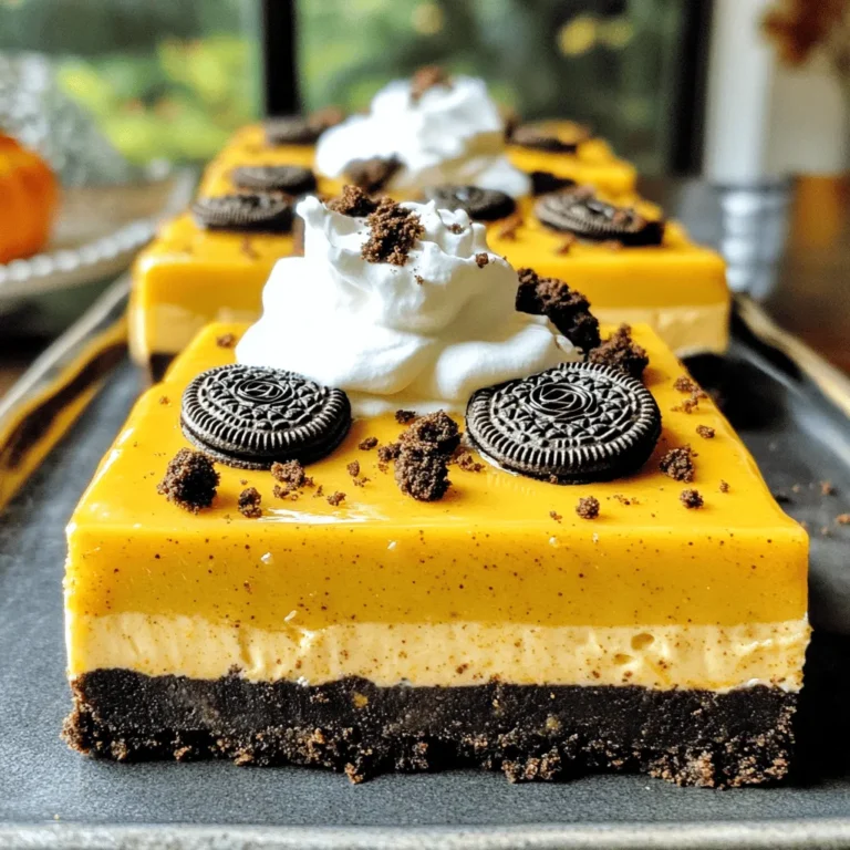 To make these bars, gather these key ingredients: - 24 Oreo cookies, crushed - 1/2 cup unsalted butter, melted - 1 (8 oz) package cream cheese, softened - 1 cup pumpkin puree - 1 cup powdered sugar - 1 teaspoon vanilla extract - 1 teaspoon pumpkin pie spice - 1 cup whipped topping (like Cool Whip) These ingredients blend to create a rich and creamy filling. The Oreo cookies form a crunchy base that contrasts perfectly with the smooth cheesecake layer. You can elevate your bars with these optional toppings: - Additional crushed Oreos for sprinkling - Whipped cream for garnish These add-ons enhance the flavor and presentation. A sprinkle of crushed Oreos gives texture, while whipped cream adds a light touch. To create these delicious bars, you will need: - A medium mixing bowl - A 9x9-inch baking dish - An electric mixer - A spatula Having the right tools makes the process easier. The electric mixer helps you achieve a creamy filling, while the baking dish holds everything together. To start, gather your ingredients for the crust. You will need 24 Oreo cookies and 1/2 cup of melted butter. Crush the Oreo cookies in a medium bowl. You can use a food processor or place them in a bag and crush them by hand. Mix the crushed Oreos with the melted butter. Stir until it looks like wet sand. Next, press this mixture into the bottom of a 9x9-inch baking dish. Make sure it is firm and even. Once done, put the dish in the refrigerator to set while you make the filling. Now, let’s make the pumpkin filling. In a mixing bowl, add 1 (8 oz) package of softened cream cheese. Use an electric mixer and beat it until it is smooth and creamy. Add 1 cup of pumpkin puree, 1 cup of powdered sugar, 1 teaspoon of vanilla extract, and 1 teaspoon of pumpkin pie spice. Mix all these ingredients together until they are well combined and smooth. After that, gently fold in 1 cup of whipped topping. Be careful not to deflate the mixture. You want it to stay light and fluffy. With the crust set and the filling ready, it’s time to assemble. Spread the pumpkin cheesecake filling evenly over the chilled Oreo crust. Use a spatula to smooth the top. If you want, sprinkle additional crushed Oreos on top for extra texture. After that, cover the dish with plastic wrap. Chill it in the refrigerator for at least 4 hours, or overnight for the best flavor. When ready to serve, slice it into bars. If you like, add a dollop of whipped cream on top for a sweet touch. Enjoy your delicious creation! To get that smooth, creamy texture, start with soft cream cheese. Let it sit at room temperature for about 30 minutes. This helps it mix better. Beat the cream cheese until it is fluffy and free of lumps. When you add the pumpkin puree and sugar, mix until everything blends well. Gently fold in the whipped topping last. This keeps the filling light and airy. Cracks form when the mixture is too dense or overmixed. To avoid this, mix on low speed. Also, don’t chill the bars for too long in the fridge before serving. If you see cracks, don't worry! You can cover them with whipped cream or crushed Oreos for a pretty look. You can make this recipe fit your needs. Use gluten-free Oreo cookies for a gluten-free option. For a vegan choice, swap the cream cheese with a vegan cream cheese alternative and use coconut whipped cream instead of the topping. If you need a lower sugar option, try using a sugar substitute in place of powdered sugar. These swaps make it easy for everyone to enjoy this treat! {{image_2}} You can add a chocolate layer to these bars. After you press the Oreo crust down, melt one cup of chocolate chips. Pour the melted chocolate over the crust. Let it cool before adding the pumpkin layer. This adds a rich taste that pairs well with pumpkin. While Oreos make a great base, you can use other cookies too. Try using chocolate chip cookies or gingersnaps. Each type gives a unique flavor and texture. Just crush them the same way and mix with butter. The key is to make sure the crust holds together. You can change the flavor profile with different spices. Add a pinch of cinnamon or nutmeg for warmth. You can also use maple syrup instead of vanilla for a sweet twist. These small changes give you a fun way to make the bars your own. Enjoy experimenting to find your favorite mix! To store leftover bars, first ensure they are fully chilled. Cover the dish with plastic wrap or foil. This keeps them fresh and prevents them from drying out. You can also transfer the bars to an airtight container. They stay tasty in the fridge for up to 5 days. Just remember to slice them before storing; it makes them easy to grab later. Freezing is a great way to save these bars for later. First, let the bars chill completely in the fridge. Cut them into individual portions. Wrap each piece tightly with plastic wrap. Then, place the wrapped bars in a freezer-safe bag or container. They will keep well in the freezer for up to 3 months. Make sure to label the bag with the date. To thaw frozen cheesecake bars, take them out of the freezer. Move them to the fridge for several hours or overnight. This method keeps them smooth and creamy. If you're in a hurry, you can let them sit at room temperature for about 30 minutes. Avoid using the microwave, as it may change the texture. Enjoy them chilled for the best taste! Yes, you can use homemade pumpkin puree. Just make sure it is smooth. Fresh pumpkin adds great flavor. Use the same amount as the recipe calls for. These bars last about 4 to 5 days in the fridge. Store them in an airtight container. This keeps them fresh and tasty for you. Yes, you can make this recipe gluten-free. Use gluten-free Oreo cookies for the crust. Check labels on all ingredients to ensure they are gluten-free. If you need a substitute for whipped topping, you can use heavy cream. Whip it until it forms soft peaks. You can also use coconut whipped cream for a dairy-free option. Absolutely! You can make these bars a day or two ahead. Just store them in the fridge. This gives the flavors more time to blend and taste even better. You now have all the steps to make No-Bake Oreo Pumpkin Cheesecake Bars. We explored key ingredients, easy instructions, and helpful tips. You learned how to customize your bars and store leftovers correctly. This dessert is simple, tasty, and fun to make. Don't hesitate to experiment with different flavors and textures to make it your own. Enjoy every delicious bite and impress your friends and family with your baking skills. Enjoy your time creating this sweet treat!