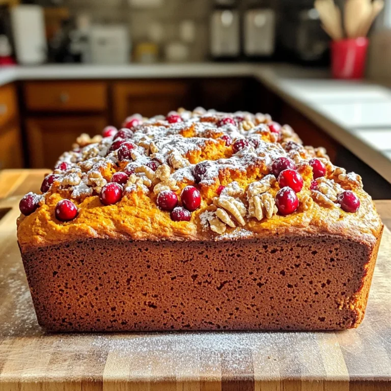 - 1 cup pure pumpkin puree - 1 cup fresh or dried cranberries - 1/2 cup granulated sugar - 1/2 cup brown sugar - 1/2 cup vegetable oil - 2 large eggs - 1 teaspoon vanilla extract - 1 1/2 cups all-purpose flour - 1 teaspoon baking soda - 1/2 teaspoon baking powder - 1 teaspoon ground cinnamon - 1/2 teaspoon ground nutmeg - 1/4 teaspoon ground ginger - 1/2 teaspoon salt - 1/2 cup walnuts or pecans (optional) To make pumpkin cranberry bread, gather these simple ingredients. You can find pure pumpkin puree in cans at most stores. Use fresh cranberries for a tart bite or dried ones for sweetness. The sugars add a nice balance. Granulated sugar gives sweetness, while brown sugar adds depth. Vegetable oil keeps the bread moist. Two large eggs help bind the mix. Vanilla extract brings warmth. For the dry side, all-purpose flour is key. Baking soda and baking powder help it rise. Spices like cinnamon, nutmeg, and ginger create that cozy fall taste. Salt enhances the flavors. If you like nuts, toss in walnuts or pecans for crunch. These ingredients combine to make a delicious loaf that’s perfect for fall. 1. Preheat your oven to 350°F (175°C). Grease a 9x5-inch loaf pan or line it with parchment paper for easy removal. 2. In a large bowl, mix together the pumpkin puree, granulated sugar, brown sugar, vegetable oil, eggs, and vanilla extract. Whisk until it is well combined and smooth. 3. In another bowl, combine all-purpose flour, baking soda, baking powder, ground cinnamon, nutmeg, ginger, and salt. Mix well to ensure the dry ingredients are evenly distributed. 1. Gradually add the dry mixture to the wet mixture. Stir gently until just combined. Do not overmix; it's okay if there are a few lumps. 2. Fold in the chopped cranberries and walnuts, if you are using them. Make sure they are evenly mixed throughout the batter. 3. Pour the batter into your prepared loaf pan. Smooth the top with a spatula. Bake in the preheated oven for 50-60 minutes. Check for doneness by inserting a toothpick in the center. It should come out clean. 1. After baking, remove the bread from the oven. Let it cool in the pan for about 10 minutes. 2. Then, transfer the bread to a wire rack to cool completely. 3. Once cooled, slice the bread and serve. Enjoy the warm, fragrant slices with a cup of tea or coffee. To avoid overmixing the batter, combine wet and dry ingredients gently. Mix until you see no dry flour. A few lumps are fine; this keeps your bread soft. Overmixing makes the bread dense and tough. For the perfect loaf texture, use room temperature eggs. This helps the batter blend smoothly. Also, don’t open the oven door while baking. This can cause your bread to sink. For extra flavor, try adding spices like allspice or cloves. These spices pair well with pumpkin and cranberries. You can also mix in a bit of orange zest for a citrusy twist. If you want to switch things up, substitute the walnuts with pecans or almonds. You can also use maple syrup instead of sugar for a deeper flavor. {{image_2}} You can change the fruits or nuts in this recipe. For instance, try using apples or pears instead of cranberries. Both give a sweet touch. You can also add raisins or dried cherries for a twist. If you want a gluten-free option, swap all-purpose flour with a gluten-free blend. Make sure the blend has a binding agent. For vegan adaptations, replace eggs with flaxseed meal or applesauce. Use a plant-based oil for the fat. You can change the flavors based on seasons or events. In winter, add a bit of orange zest for a bright, fresh taste. In spring, mix in lemon juice for a lighter flavor. Adjust the sweetness to match your taste. If you prefer a less sweet bread, cut back on the sugar. You can also add more spices like allspice or cardamom for extra warmth. Enjoy experimenting with your own twists! To keep your pumpkin cranberry bread fresh, store it in an airtight container. This helps prevent moisture loss. Wrap the bread in plastic wrap first, then place it in the container. If you skip this step, the bread may dry out. You can also use aluminum foil as a wrap. If you have a whole loaf, slice it only when you are ready to eat. This keeps the inside moist longer. Storing it at room temperature is best for short-term storage. If you need to keep it for more than a few days, consider freezing. To freeze your pumpkin cranberry bread, first let it cool completely. Once cool, wrap each slice or the whole loaf tightly in plastic wrap. Then, place the wrapped bread in a freezer bag. Be sure to remove as much air as you can before sealing. This helps prevent freezer burn. When you want to enjoy a slice, take it out and let it thaw at room temperature. For the best texture, you can also warm it up in the oven set at 350°F for about 10 minutes. This makes it soft and tasty again. How long does pumpkin cranberry bread last? Pumpkin cranberry bread lasts about 3 to 5 days at room temperature. To keep it fresh, store it in an airtight container. If you want it to last longer, place it in the fridge. It can keep for up to a week this way. Can I use canned cranberry sauce instead of fresh/dried cranberries? Yes, you can use canned cranberry sauce. However, the bread will be sweeter and wetter. If you choose this option, reduce the sugar by about 1/4 cup. This keeps the flavor balanced and the texture right. What can I serve with pumpkin cranberry bread? Pumpkin cranberry bread pairs well with many things. Spread some cream cheese for a rich treat. You can also enjoy it with butter or honey. It tastes great with a cup of tea or coffee, too. Is pumpkin bread healthy? Pumpkin bread can be healthy, especially when made with whole ingredients. Pumpkin is low in calories and high in vitamins. Adding nuts boosts healthy fats and protein. Just be mindful of the sugar content. We’ve covered the key ingredients and steps to create delicious pumpkin cranberry bread. You learned how to mix the ingredients, bake effectively, and store it properly. Remember, this recipe is flexible; you can adjust flavors or try new ingredients. With a few simple tips, you can perfect your loaf every time. Enjoy slices fresh from the oven or share with loved ones. This healthy, festive treat is sure to brighten any gathering. Happy baking!