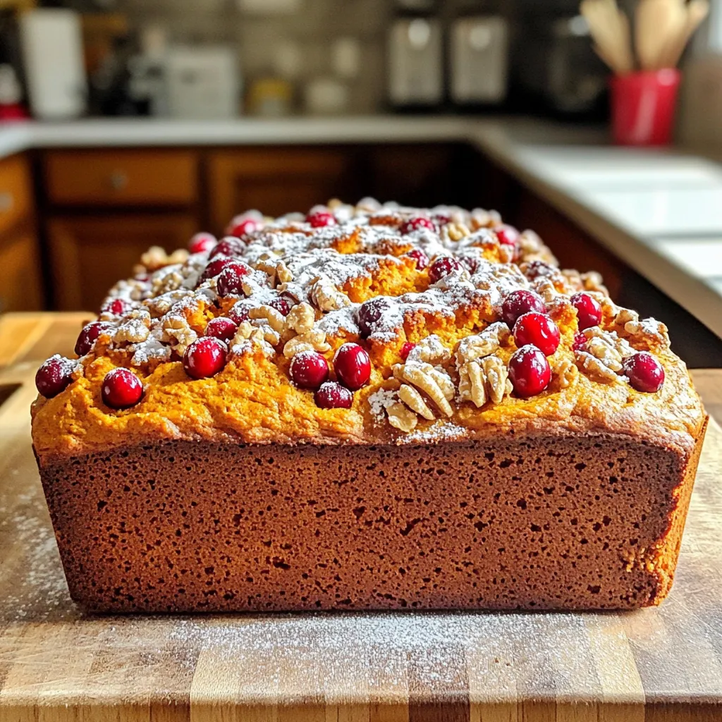 - 1 cup pure pumpkin puree - 1 cup fresh or dried cranberries - 1/2 cup granulated sugar - 1/2 cup brown sugar - 1/2 cup vegetable oil - 2 large eggs - 1 teaspoon vanilla extract - 1 1/2 cups all-purpose flour - 1 teaspoon baking soda - 1/2 teaspoon baking powder - 1 teaspoon ground cinnamon - 1/2 teaspoon ground nutmeg - 1/4 teaspoon ground ginger - 1/2 teaspoon salt - 1/2 cup walnuts or pecans (optional) To make pumpkin cranberry bread, gather these simple ingredients. You can find pure pumpkin puree in cans at most stores. Use fresh cranberries for a tart bite or dried ones for sweetness. The sugars add a nice balance. Granulated sugar gives sweetness, while brown sugar adds depth. Vegetable oil keeps the bread moist. Two large eggs help bind the mix. Vanilla extract brings warmth. For the dry side, all-purpose flour is key. Baking soda and baking powder help it rise. Spices like cinnamon, nutmeg, and ginger create that cozy fall taste. Salt enhances the flavors. If you like nuts, toss in walnuts or pecans for crunch. These ingredients combine to make a delicious loaf that’s perfect for fall. 1. Preheat your oven to 350°F (175°C). Grease a 9x5-inch loaf pan or line it with parchment paper for easy removal. 2. In a large bowl, mix together the pumpkin puree, granulated sugar, brown sugar, vegetable oil, eggs, and vanilla extract. Whisk until it is well combined and smooth. 3. In another bowl, combine all-purpose flour, baking soda, baking powder, ground cinnamon, nutmeg, ginger, and salt. Mix well to ensure the dry ingredients are evenly distributed. 1. Gradually add the dry mixture to the wet mixture. Stir gently until just combined. Do not overmix; it's okay if there are a few lumps. 2. Fold in the chopped cranberries and walnuts, if you are using them. Make sure they are evenly mixed throughout the batter. 3. Pour the batter into your prepared loaf pan. Smooth the top with a spatula. Bake in the preheated oven for 50-60 minutes. Check for doneness by inserting a toothpick in the center. It should come out clean. 1. After baking, remove the bread from the oven. Let it cool in the pan for about 10 minutes. 2. Then, transfer the bread to a wire rack to cool completely. 3. Once cooled, slice the bread and serve. Enjoy the warm, fragrant slices with a cup of tea or coffee. To avoid overmixing the batter, combine wet and dry ingredients gently. Mix until you see no dry flour. A few lumps are fine; this keeps your bread soft. Overmixing makes the bread dense and tough. For the perfect loaf texture, use room temperature eggs. This helps the batter blend smoothly. Also, don’t open the oven door while baking. This can cause your bread to sink. For extra flavor, try adding spices like allspice or cloves. These spices pair well with pumpkin and cranberries. You can also mix in a bit of orange zest for a citrusy twist. If you want to switch things up, substitute the walnuts with pecans or almonds. You can also use maple syrup instead of sugar for a deeper flavor. {{image_2}} You can change the fruits or nuts in this recipe. For instance, try using apples or pears instead of cranberries. Both give a sweet touch. You can also add raisins or dried cherries for a twist. If you want a gluten-free option, swap all-purpose flour with a gluten-free blend. Make sure the blend has a binding agent. For vegan adaptations, replace eggs with flaxseed meal or applesauce. Use a plant-based oil for the fat. You can change the flavors based on seasons or events. In winter, add a bit of orange zest for a bright, fresh taste. In spring, mix in lemon juice for a lighter flavor. Adjust the sweetness to match your taste. If you prefer a less sweet bread, cut back on the sugar. You can also add more spices like allspice or cardamom for extra warmth. Enjoy experimenting with your own twists! To keep your pumpkin cranberry bread fresh, store it in an airtight container. This helps prevent moisture loss. Wrap the bread in plastic wrap first, then place it in the container. If you skip this step, the bread may dry out. You can also use aluminum foil as a wrap. If you have a whole loaf, slice it only when you are ready to eat. This keeps the inside moist longer. Storing it at room temperature is best for short-term storage. If you need to keep it for more than a few days, consider freezing. To freeze your pumpkin cranberry bread, first let it cool completely. Once cool, wrap each slice or the whole loaf tightly in plastic wrap. Then, place the wrapped bread in a freezer bag. Be sure to remove as much air as you can before sealing. This helps prevent freezer burn. When you want to enjoy a slice, take it out and let it thaw at room temperature. For the best texture, you can also warm it up in the oven set at 350°F for about 10 minutes. This makes it soft and tasty again. How long does pumpkin cranberry bread last? Pumpkin cranberry bread lasts about 3 to 5 days at room temperature. To keep it fresh, store it in an airtight container. If you want it to last longer, place it in the fridge. It can keep for up to a week this way. Can I use canned cranberry sauce instead of fresh/dried cranberries? Yes, you can use canned cranberry sauce. However, the bread will be sweeter and wetter. If you choose this option, reduce the sugar by about 1/4 cup. This keeps the flavor balanced and the texture right. What can I serve with pumpkin cranberry bread? Pumpkin cranberry bread pairs well with many things. Spread some cream cheese for a rich treat. You can also enjoy it with butter or honey. It tastes great with a cup of tea or coffee, too. Is pumpkin bread healthy? Pumpkin bread can be healthy, especially when made with whole ingredients. Pumpkin is low in calories and high in vitamins. Adding nuts boosts healthy fats and protein. Just be mindful of the sugar content. We’ve covered the key ingredients and steps to create delicious pumpkin cranberry bread. You learned how to mix the ingredients, bake effectively, and store it properly. Remember, this recipe is flexible; you can adjust flavors or try new ingredients. With a few simple tips, you can perfect your loaf every time. Enjoy slices fresh from the oven or share with loved ones. This healthy, festive treat is sure to brighten any gathering. Happy baking!
