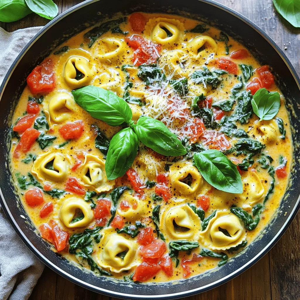 - 9 oz cheese tortellini - 2 cups fresh spinach - 1 can diced tomatoes with herbs - 1 cup vegetable broth - 1/2 cup heavy cream - 1 tablespoon olive oil - 2 cloves garlic - 1 teaspoon Italian seasoning - Salt and pepper to taste - Grated Parmesan cheese - Fresh basil leaves The main ingredients make this dish shine. You need cheese tortellini, which gives a nice texture. Fresh spinach adds a burst of color and nutrients. Diced tomatoes with herbs bring a rich flavor. Vegetable broth enriches the sauce. Heavy cream makes it creamy and smooth. For seasoning, olive oil is key. It helps with flavor and keeps garlic from burning. Garlic adds a warm aroma. Italian seasoning gives it a classic touch. Salt and pepper enhance all the tastes. Finally, you’ll want grated Parmesan cheese for topping. Fresh basil leaves make it look lovely and add freshness. This dish is simple and quick. Gather these ingredients, and you’re ready to cook! - Heat olive oil and sauté garlic: Start by heating one tablespoon of olive oil in a large skillet over medium heat. Add two cloves of minced garlic. Sauté for about one minute. You want the garlic to be fragrant but not brown. - Prepare tortellini according to package instructions: While the garlic cooks, grab your cheese tortellini. You will need 9 ounces. Check the package for cooking times. This step is crucial for a great texture. - Combine diced tomatoes and vegetable broth: Once the garlic is ready, pour in one can of diced tomatoes. Make sure to include the juices for more flavor. Then add one cup of vegetable broth. Stir everything together. - Add tortellini and let simmer: Now, add the tortellini to the pan. Let the mixture simmer gently. Cook the tortellini for about 3 to 5 minutes. Stir occasionally to prevent sticking. - Stir in heavy cream and seasonings: After the tortellini is tender, add half a cup of heavy cream. Sprinkle in one teaspoon of Italian seasoning. Allow it to simmer for another 2 to 3 minutes. This will create a creamy sauce. - Incorporate spinach and adjust seasoning: Next, mix in 2 cups of roughly chopped fresh spinach. Season with salt and pepper to your taste. Cook for another 2 minutes until the spinach wilts and heats through. - Add garnishes before serving: Remove the skillet from heat. Serve hot, topped with grated Parmesan cheese and fresh basil leaves. Enjoy your dish! How to prevent tortellini from sticking To keep the tortellini from sticking together, stir them often. This helps them float in the broth. You can also add a bit of olive oil to the cooking water. Just a teaspoon will do. This will coat the pasta and keep it from clumping. Best practices for sautéing garlic When you sauté garlic, keep a close watch. Garlic cooks fast. I usually heat my oil first, then add minced garlic. Sauté it for about one minute. You want it to smell great but not burn. If it burns, it will taste bitter. Alternatives for heavy cream If you want a lighter dish, use half-and-half or whole milk. You can also use coconut milk for a dairy-free option. It adds a nice flavor and creaminess without the heaviness. Using frozen spinach instead of fresh Frozen spinach works well too! Just make sure to thaw and squeeze out the water before adding. It’s a time-saver and still gives you that green goodness in your dish. Suggested additional spices For extra flavor, add a pinch of red pepper flakes or a dash of smoked paprika. These spices bring warmth and depth. You can also sprinkle some fresh herbs, like thyme or oregano, for a fresh taste. Recommended serving suggestions Serve your tortellini with a side salad or crusty bread. Both add crunch and balance to the creamy dish. You can also top it with extra grated Parmesan cheese for a rich finish. Enjoy your meal! {{image_2}} You can easily change the protein in this dish. Adding chicken or shrimp makes it heartier. For chicken, cook bite-sized pieces in the skillet before adding garlic. When using shrimp, add them after the tortellini. They cook fast and add great flavor. If you want vegetarian options, try chickpeas or white beans. They give protein without meat. Just stir them in with the spinach for a boost. Feel free to mix in other vegetables. Kale or Swiss chard works well with this dish. You can also add peppers or zucchini for a different taste. Adjust your veggies based on the season. In spring, try asparagus or peas. In fall, add roasted butternut squash for a cozy vibe. You can switch up the sauce for new flavors. For a creamy twist, use Alfredo or pesto sauce. This makes the dish richer and more indulgent. If you like spice, add red pepper flakes or a dash of hot sauce. This will give your dish a nice kick. You can also try adding fresh herbs like thyme or oregano for extra depth. To keep your One-Pan Tomato Spinach Tortellini fresh, place it in the fridge. Use an airtight container to prevent moisture loss. Properly stored, it lasts up to three days. For best results, let it cool before sealing. When it’s time to enjoy leftovers, you have a few options. You can use the microwave or stovetop. If using the microwave, heat in short bursts. Stir in between to avoid hot spots. On the stovetop, add a splash of broth or cream. This keeps the dish creamy and tasty. You can freeze this dish for later. First, cool it completely. Then, transfer it to a freezer-safe container. This dish can last up to three months in the freezer. To thaw, place it in the fridge overnight. When ready to eat, reheat gently on the stove or microwave. Can I use dry tortellini instead of fresh? Yes, you can use dry tortellini. Just add a few extra minutes to the cooking time. Dry tortellini usually takes about 8-10 minutes to cook. Follow the package instructions for best results. How to make this dish gluten-free? To make this dish gluten-free, use gluten-free tortellini. Many brands offer great options. Check your local store for choices. Ensure the vegetable broth is also gluten-free. How long does it take to cook tortellini? Fresh tortellini cooks quickly. It usually takes about 3-5 minutes. Check the package for specific times. Dry tortellini needs about 8-10 minutes. What is the best way to know if tortellini is done? Taste a piece of tortellini. It should be soft but still firm. If it feels chewy, give it more time. Look for it to float in the water when it's done. What to serve with One-Pan Tomato Spinach Tortellini? This dish pairs well with a simple salad. Garlic bread also makes a great side. You can also serve it with roasted vegetables for added flavor. Can this be served as a meal prep option? Yes, this dish is perfect for meal prep. Store it in airtight containers. It keeps well in the fridge for up to three days. Reheat it in the microwave or on the stove. This blog post outlines a simple and tasty recipe for One-Pan Tomato Spinach Tortellini. You learned about the fresh ingredients, easy cooking steps, and smart tips to boost flavor. I shared ways to adjust the recipe for different diets and preferences. Lastly, I explained how to store leftovers properly. By following these steps, you can enjoy a delicious meal with ease. Experiment with variations to make it your own, and enjoy your cooking journey!