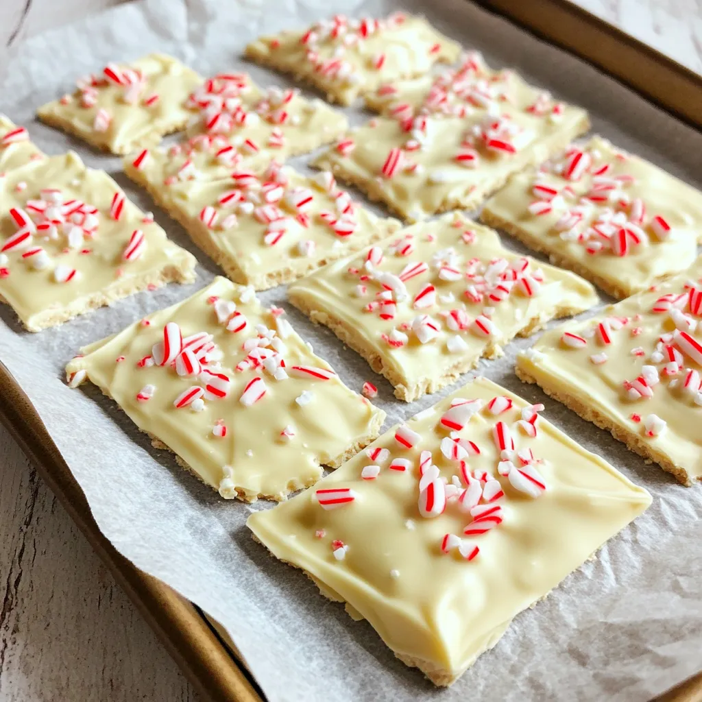 - 12 oz white chocolate, chopped - 1/2 cup peppermint candy canes, crushed - 1/4 tsp peppermint extract - 1/4 cup dark chocolate chips - Microwave-safe bowl - Parchment paper - Baking sheet - Spatula The main ingredients for white chocolate peppermint bark include white chocolate, crushed candy canes, and peppermint extract. These flavors mix perfectly for a festive treat. The optional dark chocolate chips add a nice touch if you want. You will need some basic tools. A microwave-safe bowl is key for melting the chocolate. Parchment paper makes cleanup easy and helps the bark release smoothly. A baking sheet holds everything together, and a spatula is great for spreading the chocolate. With these ingredients and tools ready, you can create a delightful holiday treat that everyone will love. - Prepare a Baking Sheet: First, line a baking sheet with parchment paper. Make sure it is smooth and wrinkle-free. This will help your bark release easily later. - Melt the White Chocolate: Next, take 12 ounces of chopped white chocolate. Place it in a microwave-safe bowl. Heat the chocolate in the microwave. Do this in 30-second intervals. Stir the chocolate between each interval until it is fully melted and smooth. Be careful not to overheat it. - Add Flavor and Peppermint: Once the chocolate is melted, add 1/4 teaspoon of peppermint extract. Mix well until the extract is fully combined with the chocolate. - Incorporate Crushed Candy Canes: Now, take 1/2 cup of crushed candy canes. Gently fold about 1/4 cup of these into the white chocolate mixture. Save the rest for later. - Spread the Mixture: Pour the white chocolate mixture onto the prepared baking sheet. Use a spatula to spread it evenly. Aim for a thickness of about 1/4 inch. - Drizzle Dark Chocolate (Optional): If you want, melt 1/4 cup of dark chocolate chips using the microwave method. Once melted, drizzle it over the white chocolate layer for a nice touch. - Sprinkle Remaining Candy Canes: Immediately sprinkle the remaining crushed candy canes on top. Press them gently in so they stick well. - Chill to Set: Place the baking sheet in the fridge. Chill for about 1 to 2 hours. You want the bark to harden completely. - Break into Pieces: After it has set, take the bark out of the fridge. Break it into pieces of your desired size. Enjoy your festive treat! To melt white chocolate, use a microwave-safe bowl. Heat it in 30-second bursts. Stir after each burst to keep it smooth. This helps avoid overheating. If you notice a few lumps, keep stirring. The heat will help melt them. The goal is a creamy consistency without any clumps. You can make this bark your own! Try different extracts like vanilla or almond. These add unique flavors. For extra fun, mix in toppings. Consider chopped nuts or mini marshmallows. You can also sprinkle on colorful sprinkles for a festive touch. Make your peppermint bark shine! Serve it on a decorative platter for a lovely display. Gift it in clear bags tied with ribbons. This adds charm and warmth. You can also stack pieces in a jar for a cute gift idea. Use fun packaging to match the holiday spirit! {{image_2}} You can mix things up by using milk chocolate or semi-sweet chocolate. Milk chocolate adds a creamy, sweet flavor. Semi-sweet chocolate gives a nice balance with its rich taste. To create your own twist, melt either type and blend it with white chocolate. This way, you can enjoy a richer base for your peppermint bark. Want to add some crunch? Try mixing in nuts or dried fruits. Chopped almonds and walnuts work great. They add a nice texture and flavor. Dried cranberries or cherries can give a fruity touch. Just fold them in with the crushed candy canes. You can make themed peppermint bark for different holidays. For Halloween, add orange and black sprinkles. For Easter, use pastel colors. You can also swap in different flavors, like orange zest or almond extract. These small changes make your peppermint bark festive and fun! You can store white chocolate peppermint bark at room temperature or in the fridge. If you want a softer texture, keep it at room temperature. A cool, dry place works best for this. If you prefer it firmer, store it in the fridge. Just make sure to keep it away from moisture. White chocolate peppermint bark lasts about two weeks at room temperature. In the fridge, it can stay fresh for up to four weeks. The key is to watch for any signs of spoilage, like an off smell or changes in texture. Use an airtight container to store your peppermint bark. This keeps it safe from air and moisture. If you want to freeze it, wrap the bark well in plastic wrap and then place it in a freezer bag. It can last up to three months in the freezer. Just let it thaw in the fridge before serving. For the best peppermint bark, choose high-quality white chocolate. Brands like Ghirardelli or Callebaut work great. These chocolates melt smoothly. They also have rich flavor. Avoid cheap candies, as they may not melt well. Yes, you can use white chocolate chips. However, they may not melt as smoothly as chopped white chocolate. Chips contain stabilizers that help them hold their shape. If you want a creamy texture, go for chopped chocolate instead. Peppermint extract adds a nice flavor. However, you can skip it if you prefer. You can use more crushed candy canes for stronger mint flavor. Alternatively, try other extracts like vanilla or almond for a twist. You learned how to make tasty peppermint bark. We covered the key ingredients, tools, and steps. I gave you tips to melt chocolate and ideas for variations. You can customize the flavor and create fun gifts. Remember to store the bark properly to keep it fresh longer. Enjoy sharing or eating this treat yourself! Making peppermint bark is easy and fun. You can impress your friends and family with your skills. Happy baking!