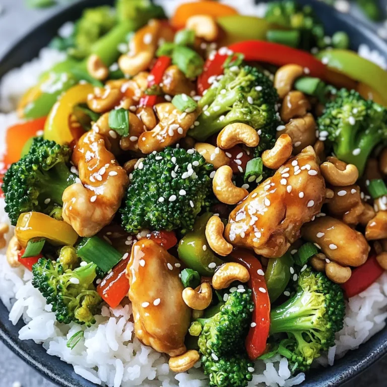 - 1 lb chicken breast, cut into bite-sized pieces - 1/2 cup unsalted cashews - 1 cup broccoli florets - 1 bell pepper (red or green), sliced - 1/2 cup carrots, julienned - 3 cloves garlic, minced - 1 tablespoon fresh ginger, minced - 2 tablespoons soy sauce - 1 tablespoon hoisin sauce - 1 tablespoon cornstarch - 2 tablespoons vegetable oil - 1 tablespoon sesame oil - Salt and pepper to taste - Cooked white rice for serving Gather these fresh ingredients to create a tasty cashew chicken dish. Each item plays a key role in building flavor and texture. The chicken gives protein, while the cashews add crunch. Broccoli brings color and nutrients, and the bell pepper adds sweetness. Carrots add a nice bite, and garlic and ginger give a warm aroma. The soy sauce and hoisin sauce bring depth. Cornstarch helps crisp the chicken. Oils are vital for cooking and flavor. Don’t forget to season with salt and pepper. Finally, serve it all over fluffy, cooked white rice for a complete meal. First, combine the chicken pieces with soy sauce, hoisin sauce, cornstarch, salt, and pepper in a bowl. This step is key for flavor. Let the chicken marinate for at least 15 minutes. This helps the chicken soak up the taste. Next, heat vegetable oil in a large skillet or wok over medium-high heat. Once hot, add the marinated chicken. Stir-fry until the chicken turns golden brown and is cooked through. This should take about 5 to 7 minutes. When done, remove the chicken from the skillet and set it aside. In the same skillet, add a bit more oil if needed. Toss in the minced garlic and ginger. Sauté them for about 30 seconds until they smell great. Then, add the broccoli florets, sliced bell pepper, and julienned carrots. Stir-fry for about 3 to 4 minutes until the vegetables are tender but still crisp. Now, return the cooked chicken to the skillet. Add the unsalted cashews and drizzle with sesame oil. Toss everything together well. Stir-fry for another 2 to 3 minutes until all the pieces are well combined and heated through. Serve your hot cashew chicken over a bed of fluffy white rice. If you like, drizzle on a bit of extra soy sauce for more flavor. Enjoy every bite of this crunchy and tasty dish! Marinating chicken is key to great flavor. I recommend marinating the chicken for at least 15 minutes. This allows the soy sauce and hoisin sauce to soak in well. If you want a soy-free option, try coconut aminos. You can also use tamari for a gluten-free choice. Using the right pan makes a difference. A large skillet or wok works best for stir-frying. Make sure to heat the pan before adding oil. This helps the chicken brown nicely. Keep the heat at medium-high for crisp vegetables. Stir often to prevent burning. To make your dish look fancy, serve it in a large bowl. Add a sprinkle of sesame seeds and chopped green onions on top. This adds color and style. For side dishes, white rice is perfect. You can pair it with a light Riesling or a fresh iced tea for drinks. {{image_2}} You can spice up your cashew chicken easily. Add chili sauce or red pepper flakes when cooking. Start with a small amount and taste as you go. This way, you control the heat. Adding spice makes the dish exciting and full of flavor. If you want a meat-free meal, try using tofu or tempeh. Cut them into bite-sized pieces, just like chicken. Marinate them with the same sauce. Use a little more cornstarch for a nice crust. You can also swap the chicken for seitan for a chewy texture. Adjust the sauce by using vegetable broth instead of chicken broth for added flavor. For a healthier option, use low-sodium soy sauce. This simple swap cuts down on salt. You can also use fresh herbs, like basil or cilantro, for flavor. Try omitting the hoisin sauce, as it can be high in sodium. These small changes keep your cashew chicken tasty and healthy. To keep your cashew chicken fresh, store leftovers in an airtight container. Let the dish cool down first. Once cooled, place it in the fridge. It’s best to eat leftovers within three days for the best taste. If you have extra rice, store it separately to prevent sogginess. When reheating, aim to keep the chicken crunchy. Use a skillet on medium heat. Add a splash of water or a bit of oil to help steam. Stir frequently to avoid sticking. This method helps maintain that crispy texture. You can also use an oven set to 350°F (175°C) for about 10 minutes. You can freeze cashew chicken for up to three months. Use a freezer-safe container or bag. Make sure to remove as much air as possible. To defrost, place it in the fridge overnight. For quicker defrosting, use the microwave on the defrost setting. After defrosting, reheat as described above. Cashew Chicken has roots in Chinese cuisine. It became popular in the U.S. in the 1960s. A chef named David Leong from Missouri created his own twist. He added fried chicken and a savory sauce. This dish has many variations worldwide. Some use different meats or vegetables. Others may change the sauce or nuts. Each version brings a unique flavor to the table. Yes, you can make Cashew Chicken ahead of time. Cook it fully and let it cool. Store it in an airtight container in the fridge. It will stay good for about three days. When ready to eat, reheat it in a skillet. This keeps the chicken juicy and the cashews crunchy. You can also heat it in the microwave, but watch the time. If you have nut allergies, you can swap cashews for seeds. Sunflower seeds or pumpkin seeds work well. They add crunch and flavor without nuts. You can also use roasted chickpeas for a different twist. They offer a unique taste and texture. To make Cashew Chicken gluten-free, choose the right sauces. Use gluten-free soy sauce or tamari instead of regular soy sauce. Hoisin sauce may contain gluten, so check the label. With these simple swaps, you can enjoy this dish without worry. Always read labels for hidden gluten in other ingredients. In this blog post, we explored how to make a delicious cashew chicken. We covered the ingredients needed, step-by-step cooking instructions, and helpful tips to perfect your dish. You can easily personalize it too, such as making it spicy or vegetarian. Remember to store leftovers properly for the best taste. Cashew chicken is versatile and satisfying, making it a great choice for lunch or dinner. Enjoy this tasty meal and impress your family or friends with your cooking!