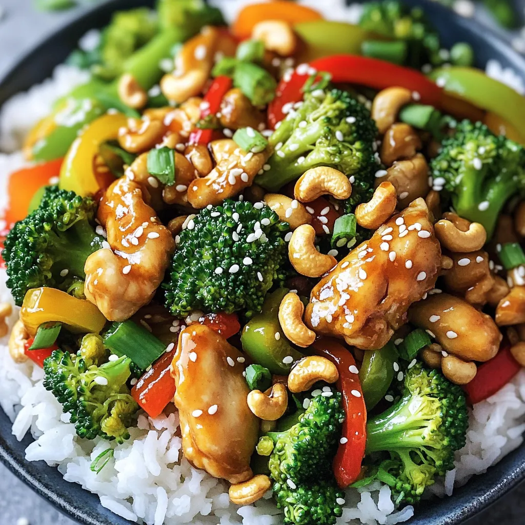 - 1 lb chicken breast, cut into bite-sized pieces - 1/2 cup unsalted cashews - 1 cup broccoli florets - 1 bell pepper (red or green), sliced - 1/2 cup carrots, julienned - 3 cloves garlic, minced - 1 tablespoon fresh ginger, minced - 2 tablespoons soy sauce - 1 tablespoon hoisin sauce - 1 tablespoon cornstarch - 2 tablespoons vegetable oil - 1 tablespoon sesame oil - Salt and pepper to taste - Cooked white rice for serving Gather these fresh ingredients to create a tasty cashew chicken dish. Each item plays a key role in building flavor and texture. The chicken gives protein, while the cashews add crunch. Broccoli brings color and nutrients, and the bell pepper adds sweetness. Carrots add a nice bite, and garlic and ginger give a warm aroma. The soy sauce and hoisin sauce bring depth. Cornstarch helps crisp the chicken. Oils are vital for cooking and flavor. Don’t forget to season with salt and pepper. Finally, serve it all over fluffy, cooked white rice for a complete meal. First, combine the chicken pieces with soy sauce, hoisin sauce, cornstarch, salt, and pepper in a bowl. This step is key for flavor. Let the chicken marinate for at least 15 minutes. This helps the chicken soak up the taste. Next, heat vegetable oil in a large skillet or wok over medium-high heat. Once hot, add the marinated chicken. Stir-fry until the chicken turns golden brown and is cooked through. This should take about 5 to 7 minutes. When done, remove the chicken from the skillet and set it aside. In the same skillet, add a bit more oil if needed. Toss in the minced garlic and ginger. Sauté them for about 30 seconds until they smell great. Then, add the broccoli florets, sliced bell pepper, and julienned carrots. Stir-fry for about 3 to 4 minutes until the vegetables are tender but still crisp. Now, return the cooked chicken to the skillet. Add the unsalted cashews and drizzle with sesame oil. Toss everything together well. Stir-fry for another 2 to 3 minutes until all the pieces are well combined and heated through. Serve your hot cashew chicken over a bed of fluffy white rice. If you like, drizzle on a bit of extra soy sauce for more flavor. Enjoy every bite of this crunchy and tasty dish! Marinating chicken is key to great flavor. I recommend marinating the chicken for at least 15 minutes. This allows the soy sauce and hoisin sauce to soak in well. If you want a soy-free option, try coconut aminos. You can also use tamari for a gluten-free choice. Using the right pan makes a difference. A large skillet or wok works best for stir-frying. Make sure to heat the pan before adding oil. This helps the chicken brown nicely. Keep the heat at medium-high for crisp vegetables. Stir often to prevent burning. To make your dish look fancy, serve it in a large bowl. Add a sprinkle of sesame seeds and chopped green onions on top. This adds color and style. For side dishes, white rice is perfect. You can pair it with a light Riesling or a fresh iced tea for drinks. {{image_2}} You can spice up your cashew chicken easily. Add chili sauce or red pepper flakes when cooking. Start with a small amount and taste as you go. This way, you control the heat. Adding spice makes the dish exciting and full of flavor. If you want a meat-free meal, try using tofu or tempeh. Cut them into bite-sized pieces, just like chicken. Marinate them with the same sauce. Use a little more cornstarch for a nice crust. You can also swap the chicken for seitan for a chewy texture. Adjust the sauce by using vegetable broth instead of chicken broth for added flavor. For a healthier option, use low-sodium soy sauce. This simple swap cuts down on salt. You can also use fresh herbs, like basil or cilantro, for flavor. Try omitting the hoisin sauce, as it can be high in sodium. These small changes keep your cashew chicken tasty and healthy. To keep your cashew chicken fresh, store leftovers in an airtight container. Let the dish cool down first. Once cooled, place it in the fridge. It’s best to eat leftovers within three days for the best taste. If you have extra rice, store it separately to prevent sogginess. When reheating, aim to keep the chicken crunchy. Use a skillet on medium heat. Add a splash of water or a bit of oil to help steam. Stir frequently to avoid sticking. This method helps maintain that crispy texture. You can also use an oven set to 350°F (175°C) for about 10 minutes. You can freeze cashew chicken for up to three months. Use a freezer-safe container or bag. Make sure to remove as much air as possible. To defrost, place it in the fridge overnight. For quicker defrosting, use the microwave on the defrost setting. After defrosting, reheat as described above. Cashew Chicken has roots in Chinese cuisine. It became popular in the U.S. in the 1960s. A chef named David Leong from Missouri created his own twist. He added fried chicken and a savory sauce. This dish has many variations worldwide. Some use different meats or vegetables. Others may change the sauce or nuts. Each version brings a unique flavor to the table. Yes, you can make Cashew Chicken ahead of time. Cook it fully and let it cool. Store it in an airtight container in the fridge. It will stay good for about three days. When ready to eat, reheat it in a skillet. This keeps the chicken juicy and the cashews crunchy. You can also heat it in the microwave, but watch the time. If you have nut allergies, you can swap cashews for seeds. Sunflower seeds or pumpkin seeds work well. They add crunch and flavor without nuts. You can also use roasted chickpeas for a different twist. They offer a unique taste and texture. To make Cashew Chicken gluten-free, choose the right sauces. Use gluten-free soy sauce or tamari instead of regular soy sauce. Hoisin sauce may contain gluten, so check the label. With these simple swaps, you can enjoy this dish without worry. Always read labels for hidden gluten in other ingredients. In this blog post, we explored how to make a delicious cashew chicken. We covered the ingredients needed, step-by-step cooking instructions, and helpful tips to perfect your dish. You can easily personalize it too, such as making it spicy or vegetarian. Remember to store leftovers properly for the best taste. Cashew chicken is versatile and satisfying, making it a great choice for lunch or dinner. Enjoy this tasty meal and impress your family or friends with your cooking!