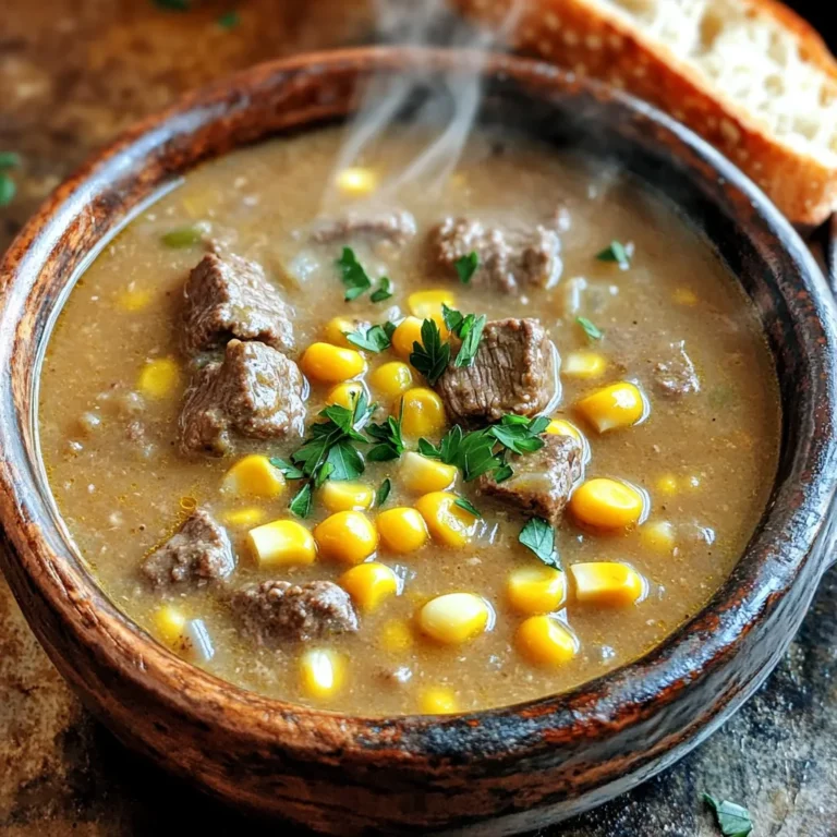 - 1 lb beef stew meat - 4 ears of fresh sweet corn (or 2 cups frozen) - 2 medium potatoes - 1 large onion - 2 cloves garlic - 4 cups beef broth - 1 cup milk or plant-based alternative - 1 cup heavy cream - Seasonings: dried thyme, smoked paprika, salt, pepper - 2 tablespoons olive oil - Fresh parsley for garnish Gathering the right ingredients is key to making this chowder shine. Start with the beef stew meat, which brings rich flavor and texture. You can use fresh sweet corn for a burst of sweetness or frozen corn if fresh is not available. Don't forget the potatoes; they add heartiness to the dish. A large onion and two cloves of garlic will give it depth. Use beef broth as your base. This will enhance the beef and corn flavors. For a creamy finish, you’ll want milk and heavy cream. Season with dried thyme and smoked paprika for warmth. Salt and pepper will enhance all the flavors. Lastly, olive oil helps with browning the beef and gives a nice richness. Chop fresh parsley for garnish. It adds color and a fresh taste. These ingredients come together to create a delightful meal that warms the soul. Enjoy the process of preparing them! First, you need to brown the beef stew meat. Heat 2 tablespoons of olive oil in a skillet over medium-high heat. Once hot, add the 1 lb of beef stew meat. Cook it for about 5-7 minutes. You want it nicely browned on all sides. This step adds flavor to your chowder. After browning, transfer the beef to your slow cooker. Now it's time to add some tasty vegetables. In the same skillet, toss in 1 large chopped onion and 2 minced garlic cloves. Sauté them for about 3 minutes until they turn translucent. This step makes your chowder smell amazing! Next, add 2 diced medium potatoes and the kernels from 4 ears of sweet corn (or 2 cups of frozen corn) into the slow cooker. Pour in 4 cups of beef broth to the slow cooker. Then add 1 teaspoon of dried thyme, 1 teaspoon of smoked paprika, and salt and pepper to taste. Mix all the ingredients together thoroughly. This ensures that every bite of chowder is full of flavor. You can choose to cook on low or high heat. For a rich taste, set the slow cooker on low for 6-8 hours. If you’re short on time, high heat for 3-4 hours works, too. The chowder is ready when the beef is tender and the potatoes are cooked through. You can check by poking a potato with a fork. About 30 minutes before serving, stir in 1 cup of milk and 1 cup of heavy cream. This step makes your chowder creamy and smooth. Stir occasionally and warm it through. Before serving, taste the chowder and adjust the seasoning if needed. Enjoy your hearty meal! - Achieving the best flavor: Start by browning the beef stew meat in olive oil. This step adds a rich taste. Don't rush it; let it brown well for about 5-7 minutes. Once browned, transfer it to the slow cooker. The browned bits left in the pan add extra flavor when you sauté the onion and garlic. - Ensuring the beef is tender: The key to tender beef is low and slow cooking. Cook on low for 6-8 hours. If you're short on time, the high setting works too, but aim for 3-4 hours. Check the beef near the end of cooking. It should shred easily with a fork when done. - Presentation tips for serving: Use nice bowls to ladle the chowder. Sprinkle chopped fresh parsley on top for a pop of color. This simple touch makes it look gourmet. - Pairing recommendations: Crusty bread is perfect with this chowder. It soaks up the rich flavors. You can also serve a simple green salad for a fresh contrast. - Flavor boost ideas: For a little more zing, add fresh herbs like thyme or rosemary. A pinch of cayenne pepper can bring some warmth. You can even swap smoked paprika for regular paprika for a different flavor profile. - Adding other vegetables: Feel free to mix in other veggies. Carrots or bell peppers add a nice crunch. You can also use frozen peas or diced celery for added texture. Just remember to chop them small so they cook evenly. {{image_2}} You can switch the beef for other meats. Chicken or turkey works well in chowder. Just cut them into bite-sized pieces. If you want a lighter option, go for turkey. For a dairy-free version, use plant-based milk. Almond or oat milk are great choices. You can also skip the heavy cream entirely. Different regions have unique flavors. In the Southwest, add cumin and chili powder for a kick. In the Midwest, consider adding herbs like dill. Some people even toss in jalapeños for heat. Pair your chowder with cornbread or a fresh salad. These sides bring more flavor and texture to your meal. You can also make this chowder on the stovetop. Just brown the beef in a pot, then add your veggies and broth. Simmer for about an hour until everything is tender. If you have an Instant Pot, use it! Cook on high pressure for 30 minutes. Add the milk and cream at the end, just like in the slow cooker. To keep your chowder fresh, use airtight containers. Glass or plastic containers work well. Let the chowder cool before sealing. Store it in the fridge. It can last for up to three days. Make sure the fridge stays below 40°F (4°C) to keep food safe. When it's time to enjoy the leftovers, use a pot on the stove. Heat over medium-low heat. Stir often to avoid burning. You can also use the microwave. Place chowder in a microwave-safe bowl. Heat in short bursts, stirring in between. This keeps the texture and flavor intact. To save some chowder for later, freezing is a great option. First, let it cool completely. Then, pour it into freezer-safe containers. Leave some space at the top for expansion. It can last for up to three months in the freezer. When you’re ready to eat, move it to the fridge to thaw overnight. Reheat it on the stove or microwave as mentioned above. Enjoy your delicious chowder any time! You can store this chowder in the fridge for up to three days. Make sure to use an airtight container. For longer storage, freeze the chowder for up to three months. Thaw it in the fridge overnight when ready to eat. Yes, making this chowder ahead is easy and smart. Cook it fully and let it cool before storing. Keep it in the fridge and heat it before serving. This helps the flavors blend nicely. You can make this chowder vegetarian by swapping the beef for plant-based meat. Use vegetable broth instead of beef broth. For creaminess, substitute heavy cream with coconut milk or cashew cream. Add extra veggies like bell peppers or zucchini for more flavor. This chowder pairs well with crusty bread for dipping. You can also serve it with a fresh garden salad or cornbread. These options add a nice crunch and freshness. To thicken the chowder, mash some of the potatoes after cooking. You can also mix cornstarch with water and add it to the pot. Let it cook for a few minutes until it thickens. This way, you keep the flavor rich and tasty. This blog post covered making a hearty slow cooker beef and sweet corn chowder. We explored the key ingredients, step-by-step instructions, and tips for great flavor. You learned about variations and the best ways to store leftovers. In essence, this chowder is versatile and easy. Whether you stick to the recipe or experiment, it will satisfy your cravings. Enjoy making this comforting dish for yourself and others!