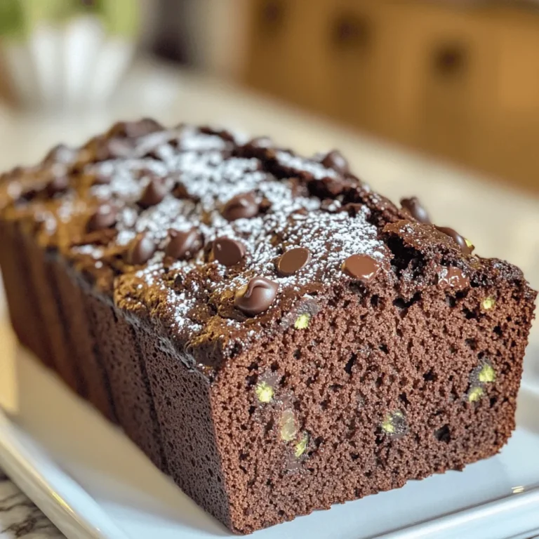 To make the best chocolate zucchini bread, you need a few key ingredients. Each one plays a big role in creating that rich and moist delight. - 1 medium zucchini (about 1 cup grated) - 1 cup all-purpose flour - 1/2 cup cocoa powder - 1 teaspoon baking soda - 1/4 teaspoon baking powder - 1/4 teaspoon salt - 1/2 cup granulated sugar - 1/2 cup brown sugar, packed - 1/2 cup vegetable oil - 2 large eggs - 1 teaspoon vanilla extract - 1/2 cup semi-sweet chocolate chips - Optional: 1/4 cup walnuts or pecans, chopped The zucchini adds moisture and a slight sweetness. The all-purpose flour and cocoa powder create the base for the bread. The sugars help to balance the flavors and keep the bread sweet. The vegetable oil keeps the texture nice and soft, while the eggs bind everything together. You can also add chocolate chips for extra chocolate flavor. If you like nuts, toss in some walnuts or pecans for a crunchy contrast. 1. Preheat the oven and prepare the loaf pan: Start by setting your oven to 350°F (175°C). Grease a 9x5 inch loaf pan or line it with parchment paper. This will help the bread come out easily after baking. 2. Grate zucchini and wring out excess moisture: Take a medium zucchini and use a box grater to grate it. You need about one cup of grated zucchini. Once grated, place it in a clean kitchen towel and wring out any extra moisture. This step makes sure your bread is not soggy. 3. Combine dry ingredients in a bowl: In a large mixing bowl, measure out the flour, cocoa powder, baking soda, baking powder, and salt. Whisk them together until they are well mixed. This helps to evenly distribute the leavening agents and cocoa. 1. Whisk sugars and oil until fluffy: In another bowl, combine the granulated sugar, brown sugar, and vegetable oil. Whisk them together until the mixture looks fluffy. This adds air and helps the bread rise well. 2. Incorporate eggs and vanilla extract: Crack two large eggs into the sugar mixture, adding them one at a time. Mix well after each addition. Then, stir in the vanilla extract to infuse flavor into the batter. 1. Combine wet and dry ingredients, fold in zucchini and chocolate chips: Gradually add the dry mix to the wet mixture. Stir gently until just combined. Be careful not to over-mix! Then, gently fold in the grated zucchini and semi-sweet chocolate chips. If you like, you can add chopped walnuts or pecans for some crunch. 2. Pour batter into loaf pan and smooth out: Pour the thick batter into your prepared loaf pan. Use a spatula to smooth out the top. This ensures an even bake and a nice shape. Now you're ready to bake your chocolate zucchini bread. Enjoy the rich and moist delight that awaits! For the best Chocolate Zucchini Bread, timing is key. Bake it for 50 to 60 minutes at 350°F (175°C). To check if it’s done, use a toothpick. Insert it into the center of the bread. If it comes out clean, your bread is ready. Cooling is also important for texture. After baking, let the bread cool in the pan for about 10 minutes. This helps it set. Then, move it to a wire rack. Allow it to cool completely before slicing. This gives you nice, clean slices. Want to kick up the flavor? Add nuts! Chopped walnuts or pecans work great. They add crunch and richness. You can also sprinkle in some spices. Cinnamon or nutmeg can enhance the taste. For a twist, try adding extracts. Almond or orange extract can add a fun layer of flavor. Serve your bread warm, with powdered sugar on top. A drizzle of chocolate glaze makes it even more special. Enjoy it with a cup of coffee or tea for a perfect snack! {{image_2}} If you want to make Chocolate Zucchini Bread fit your diet, you have options. - Gluten-free ingredient substitutions: You can use gluten-free all-purpose flour. This swap keeps the bread soft and moist. Make sure the flour blend has xanthan gum for best results. - Vegan modifications: Replace eggs with flaxseed meal or applesauce. For every egg, mix 1 tablespoon of flaxseed with 3 tablespoons of water. Let it sit until it thickens. Use a plant-based oil instead of vegetable oil. Adding different flavors can make your Chocolate Zucchini Bread even better. - Adding fruits like banana or berries: Mashed bananas add natural sweetness and moisture. You can also mix in berries for a fresh twist. They add a nice burst of flavor with each bite. - Different types of chocolate chips or add-ins: You can switch semi-sweet chocolate chips for dark chocolate or white chocolate. Try adding nuts like walnuts or pecans for a crunchy texture. For a fun twist, mix in a pinch of cinnamon or a dash of espresso powder to enhance the chocolate flavor. To keep your Chocolate Zucchini Bread fresh at room temperature, follow these steps: - Allow the bread to cool completely on a wire rack. - Wrap the bread tightly in plastic wrap or aluminum foil. - Store the wrapped bread in a cool, dry place. This method will keep your bread moist for about 3 to 4 days. Avoid storing it in the fridge, as that can dry it out. If you want to save your Chocolate Zucchini Bread for later, freezing is a great option. Here’s how: - Once the bread is fully cooled, slice it into portions. - Wrap each slice in plastic wrap or aluminum foil. - Place the wrapped slices in a freezer-safe bag or container. Label the bag with the date. Your bread will stay fresh in the freezer for up to 3 months. When you’re ready to enjoy it, simply thaw at room temperature or heat it in the oven for a warm treat. How long does Chocolate Zucchini Bread last? Chocolate Zucchini Bread lasts about 3 to 4 days at room temperature. Store it in an airtight container. You can also refrigerate it for up to a week. Just remember to wrap it well to avoid drying out. Can I replace zucchini with another vegetable? Yes, you can swap zucchini for other veggies. Carrots work well and add a sweet touch. You can even use shredded butternut squash for a different flavor and texture. What can I do if my bread is too dense? If your bread turns out dense, check your mixing method. Make sure not to over-mix the batter. Also, ensure your baking soda is fresh and measure your flour accurately. Adding extra zucchini can also help lighten the texture. Is it possible to make this recipe in muffin form? Absolutely! You can make muffins with this recipe. Fill your muffin tin about two-thirds full. Bake at the same temperature for 20 to 25 minutes. Check for doneness with a toothpick; it should come out clean. Enjoy your chocolatey treats! This blog covered how to make delicious Chocolate Zucchini Bread. You learned about key ingredients, preparation steps, and mixing tips. We discussed variations, dietary alternatives, and how to store your bread. In the end, this recipe is flexible and fun. You can customize it to your taste. Enjoy baking and sharing this tasty treat! Happy cooking!