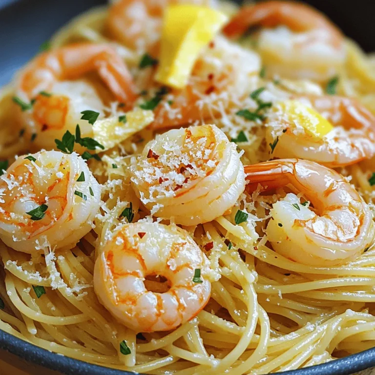 To make Garlic Butter Shrimp Pasta, gather these key ingredients: - 8 oz spaghetti or linguine - 1 lb large shrimp, peeled and deveined - 4 tablespoons unsalted butter - 4 cloves garlic, minced - 1 teaspoon red pepper flakes - Zest of 1 lemon - 2 tablespoons fresh lemon juice - 1/4 cup fresh parsley, chopped - Salt and pepper to taste - Grated Parmesan cheese for serving (optional) Each ingredient plays an important role. The pasta forms the base, while the shrimp adds protein and flavor. Butter and garlic create a rich sauce, and lemon brightens the dish. Fresh parsley adds color and freshness. Adjust the red pepper flakes to control spice. Parmesan cheese is optional, but it can add a nice touch. Start by boiling a large pot of salted water. Add 8 oz of spaghetti or linguine. Cook it until it feels firm yet tender, about 8-10 minutes. Always check the package for exact times. When done, save 1/2 cup of the pasta water. This water helps mix the sauce later. Drain the pasta and set it aside. Heat a large skillet over medium heat. Melt 2 tablespoons of butter in the pan. Once hot, add 1 lb of large shrimp in a single layer. Cook for 2-3 minutes until they turn pink. Flip the shrimp and cook for another 1-2 minutes. They should be opaque and firm. Remove the shrimp from the skillet and set them aside. In the same skillet, add the rest of the butter. Once it melts, add 4 cloves of minced garlic and 1 teaspoon of red pepper flakes. Sauté for 1-2 minutes. Watch carefully to avoid burning the garlic. You want it fragrant but not brown. This step builds a rich flavor for your sauce. Return the shrimp to the skillet. Add the drained pasta next. Pour in the reserved pasta water, along with the lemon zest and 2 tablespoons of lemon juice. Gently toss everything together. Make sure everything is well mixed. Taste and adjust seasoning with salt and pepper. This step is key to making it delicious. Serve hot, topped with fresh parsley and optional Parmesan cheese. To cook shrimp just right, keep an eye on the time. Overcooking shrimp makes them tough. Cook them for about 2-3 minutes until they turn pink. Then flip them and cook for another 1-2 minutes. They should be bright pink and firm to the touch. For seasoning, a pinch of salt and pepper goes a long way. You can also add lemon juice or zest. This gives shrimp a fresh taste. If you like heat, sprinkle in some red pepper flakes. Just remember to adjust the amount to match your taste. Choosing the right pasta is key. Spaghetti or linguine work well for this dish. Both types hold the sauce nicely. Cook the pasta in a large pot of salted boiling water. Follow the package instructions for timing. Aim for al dente, which means the pasta should be firm but not hard. Remember to reserve some pasta water. This water helps to create a smooth sauce. It can also adjust the sauce's thickness. To make your garlic butter shrimp pasta even better, think about adding spices. Fresh herbs like basil or thyme can add depth. You can also try a dash of paprika or oregano for extra flavor. For a richer sauce, consider adding a splash of white wine. This adds a nice tang and depth. You can also mix in some grated cheese. Parmesan or pecorino can enhance the dish's taste and texture. {{image_2}} You can boost your Garlic Butter Shrimp Pasta with fresh veggies. Spinach and cherry tomatoes are great choices. Add spinach at the same time you mix in the shrimp. For cherry tomatoes, toss them in just before the garlic. They will soften and add a nice pop of color. If you want a change, use chicken or tofu instead of shrimp. For chicken, cut it into small pieces. Cook it until golden brown, about 5-7 minutes. For tofu, use firm tofu and sauté until it’s warm and slightly crispy. Adjust cooking time so your protein cooks well. You can switch the pasta type for variety. Try gluten-free pasta if you need it. Whole grain pasta adds a nutty flavor and is healthier. Different shapes like penne or fettuccine can change the dish's look and taste. Each type holds the sauce differently, so pick your favorite! After a tasty meal, store your leftovers in an airtight container. Glass or plastic containers both work well. Make sure to cool the pasta first. You can keep it in the fridge for up to three days. This keeps the flavors fresh and safe to eat. To reheat without losing taste, use a skillet. Heat it on low and add a splash of water. Stir gently and watch for steam. This method helps avoid overcooked pasta. You can also use the microwave, but do it in short bursts. Stir between each burst to keep the pasta moist. If you want to freeze it, cool the pasta first. Place it in a freezer-safe container. It’s best to eat frozen pasta within three months. When you're ready to eat, thaw it overnight in the fridge. Reheat it gently, adding a bit of water to keep it from drying out. This keeps the flavors intact and makes it just as delicious! It takes about 25 minutes from start to finish. You will spend 10 minutes prepping and 15 minutes cooking. This makes it a quick and easy meal for busy nights. Yes, you can make Garlic Butter Shrimp Pasta ahead of time. Cook the pasta and shrimp, then store them separately. Keep them in airtight containers in the fridge. This dish is great for meal prep! Store the pasta and shrimp in the fridge for up to three days. When you’re ready to eat, just reheat them gently. Yes, frozen shrimp work well! Just thaw them first. You can do this overnight in the fridge or quickly under cold water. This saves time and keeps the dish fresh. I suggest a simple side salad with mixed greens. Garlic bread pairs nicely too. For drinks, a chilled white wine or lemonade can complement the dish well. You now have all the tools to make Garlic Butter Shrimp Pasta. We covered essential ingredients, like shrimp and garlic. The step-by-step instructions help ensure that you cook the shrimp and pasta perfectly. I included tips to enhance your dish and variations for added fun. Remember, storing and reheating your leftovers is key for future meals. With this knowledge, you can create a tasty dish that impresses everyone. Enjoy your cooking adventure and savor each bite!