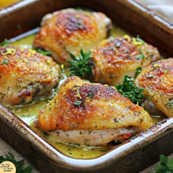 To make Garlic Herb Butter Roasted Chicken Thighs, you need a few key items. Each ingredient plays a role in creating rich flavors and a crispy texture. Here’s what you will need: - 4 bone-in, skin-on chicken thighs - 4 tablespoons unsalted butter, softened - 1 tablespoon fresh rosemary, chopped - 1 tablespoon fresh thyme, chopped - 5 cloves garlic, minced - 1 lemon, zested and juiced - Salt and black pepper to taste - 1 teaspoon paprika - Fresh parsley, chopped, for garnish These ingredients balance well together. The chicken thighs give a juicy base. The garlic herb butter adds depth and flavor. Fresh herbs like rosemary and thyme brighten the dish. This mix makes every bite delightful. Don't skip the lemon; it adds a fresh zing. When you gather your ingredients, ensure they are fresh. Fresh herbs and garlic make a big difference. Quality chicken thighs will give you the best results. Now you’re ready to dive into the cooking process! Start by preheating your oven to 425°F (220°C). This high heat will help the chicken skin get nice and crispy. In a mixing bowl, combine the softened butter, chopped rosemary, thyme, minced garlic, lemon zest, and lemon juice. Mix well until all ingredients blend together smoothly. This herb butter will add great flavor to the chicken. Pat the chicken thighs dry with a paper towel. This step is key for crispy skin. Next, season both sides with salt, black pepper, and paprika. Then, loosen the skin of each thigh gently. Spoon about half of the herb butter mixture underneath the skin. Rub the rest of the butter on the outside of the chicken. Place the chicken thighs in a baking dish, skin side up. Roast in the preheated oven for 35 to 40 minutes. Check that the internal temperature reaches 165°F (74°C) and the skin is golden and crispy. After roasting, remove the chicken from the oven. Let it rest for 5 minutes before serving. This resting step keeps the chicken juicy. Garnish with freshly chopped parsley for a lovely finish. To get that perfect crispy skin, start by drying the chicken thighs. Use a paper towel to pat them dry. This helps the skin crisp up nicely while cooking. Next, season both sides with salt, black pepper, and paprika. This adds flavor and aids in getting a crunchy texture. Want to boost the flavor? Consider adding more herbs. Fresh basil or oregano adds a nice twist. You can also try a pinch of cayenne for some heat. Mix these into your garlic herb butter for an extra kick. Adjust the herbs based on what you like. Letting the chicken rest is key for juicy meat. After roasting, remove it from the oven and let it sit for five minutes. This helps the juices redistribute, making every bite tender and moist. Don't skip this step; it makes a big difference! {{image_2}} You can switch out rosemary and thyme for other herbs. Try using sage for a warm flavor. Oregano brings a nice Mediterranean touch. If you love a bit of heat, add fresh basil. Each herb gives a unique taste. Experiment until you find your favorite mix! You can make these chicken thighs in different ways. An air fryer cooks them quickly and makes the skin crispy. Set it to 400°F (200°C) and cook for 25-30 minutes. You can also grill the thighs. Just preheat the grill to medium heat. Grill each side for about 6-8 minutes. Check that the inside reaches 165°F (74°C). Pair your garlic herb butter chicken with tasty sides. Roasted veggies like carrots and broccoli are great choices. You can also serve it with creamy mashed potatoes. A fresh salad with lemon vinaigrette adds a nice crunch. Rice pilaf complements the chicken perfectly. Try different sides to find what you love best! To keep your chicken thighs fresh, place them in an airtight container. You can store them in the fridge for up to three days. Always let them cool down to room temperature before sealing. This helps prevent moisture buildup and keeps the chicken tasty. When you're ready to enjoy leftovers, reheat them gently. The best way is to use an oven. Preheat your oven to 350°F (175°C). Place the chicken on a baking sheet. Cover it with foil to keep it moist. Heat for about 20 minutes or until warm. You can also use a microwave, but the oven gives better results. If you want to store chicken thighs for longer, freezing is a great option. Wrap each thigh in plastic wrap or foil. Then, place wrapped thighs in a freezer bag. They can last up to three months in the freezer. To thaw, move them to the fridge overnight. This keeps the meat juicy and safe to eat. Yes, you can use boneless chicken thighs. They will cook faster than bone-in thighs. You may need to check the cooking time. Boneless thighs will take about 25 to 30 minutes to reach 165°F (74°C). This option is great for a quick meal. You can check if the chicken is done by using a meat thermometer. Insert it into the thickest part of the thigh. The chicken should reach 165°F (74°C) for safe eating. The skin should be golden brown and crispy. If you don't have a thermometer, cut into the meat. It should be clear, not pink. If you want to avoid butter, you can use olive oil or ghee. Both options add nice flavor. You can also try plant-based butter for a vegan choice. Keep in mind that each substitute may change the taste a bit. To make this recipe healthier, use less butter or a butter substitute. You can also remove the skin from the chicken thighs. This lowers the fat content. Adding more herbs and spices boosts flavor without extra calories. Serve with a side of veggies for a balanced meal. Yes, you can make the garlic herb butter ahead of time. Mix it up and store it in the fridge for up to 3 days. You can also freeze it for later use. This makes meal prep easier and faster. Just let it thaw before using. This post covered making delicious roasted chicken thighs. We talked about the important ingredients, like chicken, garlic herb butter, and seasonings. You learned how to prepare and roast the chicken for crispy skin. Tips for flavor and juiciness help you get the best meal. Explore variations, including cooking methods and sides, to suit your taste. Remember to store leftovers properly and reheating tips to enjoy later. With the right steps, you can make this dish a favorite in your home. Enjoy your cooking journey!