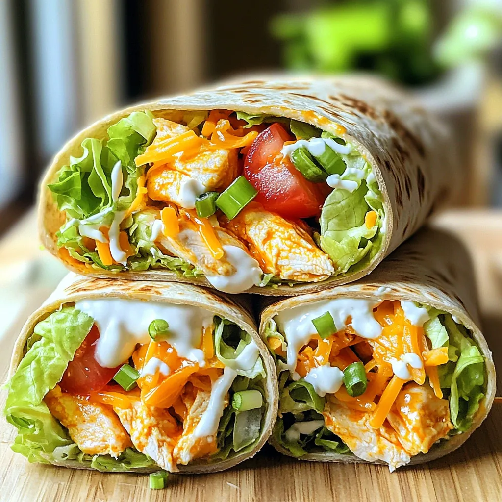 - 2 boneless, skinless chicken breasts - 1 cup buffalo sauce (mild, medium, or hot) - 4 large whole wheat tortillas - 1 tablespoon olive oil - 1 teaspoon garlic powder - 1 teaspoon onion powder - Salt and pepper to taste - 1 cup shredded lettuce - 1 cup diced tomatoes - 1/4 cup chopped green onions - 1 cup shredded cheddar cheese - 1/2 cup ranch dressing To create tasty buffalo chicken wraps, you need a mix of fresh and flavorful ingredients. Start with chicken breasts. Boneless and skinless works best for easy cooking. Choose buffalo sauce based on your heat preference. Mild suits many tastes, while hot adds a bold kick. Next, pick whole wheat tortillas. They add a nice texture and are healthier too. For the extra flavor, you’ll need olive oil, garlic powder, and onion powder. These spices will enhance the chicken. Don’t forget salt and pepper to boost all the flavors. Fresh produce makes your wraps crunchy and vibrant. Use shredded lettuce, diced tomatoes, and green onions for a fresh taste. For a creamy finish, add ranch dressing and shredded cheddar cheese. They balance the heat from the buffalo sauce. - First, preheat your oven to 375°F (190°C). This makes sure your chicken cooks evenly. - In a bowl, mix 1 tablespoon of olive oil, 1 teaspoon of garlic powder, 1 teaspoon of onion powder, salt, and pepper. This forms a tasty marinade. - Coat the chicken breasts with this mixture. Make sure every part is covered well. - Place the seasoned chicken in a baking dish. Pour 1 cup of buffalo sauce over the top. Ensure the chicken is fully coated in sauce. - Bake for about 25-30 minutes. Check that the chicken reaches 165°F (74°C) inside. This ensures it’s safe to eat. - After baking, let the chicken rest for 5 minutes. This helps keep it juicy. Slice it into thin strips when it cools enough to handle. - Warm the tortillas in a dry pan or microwave for a few seconds. This makes them easy to roll. - On each tortilla, layer 1 cup of shredded lettuce, 1 cup of diced tomatoes, and the sliced chicken. Add 1 cup of shredded cheddar cheese on top. - Drizzle 1/2 cup of ranch dressing over the layers. Sprinkle with 1/4 cup of chopped green onions for extra flavor. - To wrap, fold in the edges and roll from the bottom tightly. - For a crispy finish, grill the wraps in the pan for 1-2 minutes on each side. - Cut the wraps in half diagonally. Serve with extra ranch dressing on the side for dipping. To get the chicken just right, aim for an internal temperature of 165°F (74°C). This ensures that your chicken is safe to eat and juicy. Use a meat thermometer for an accurate reading. After baking, let the chicken rest for 5 minutes. This resting time helps the juices settle, making it easier to slice. Warming the tortillas makes them soft and easy to wrap. You can warm them in a dry pan for about 30 seconds on each side. A microwave also works well; just heat them for 10-15 seconds. If you want a crispy finish, grill the wraps for 1-2 minutes on each side after assembling. This adds a nice crunch that contrasts with the soft fillings. To amp up the flavor, consider adding extra spices like smoked paprika or cayenne pepper. You can also mix in some diced jalapeños for extra heat. If you're feeling adventurous, try other sauces too. BBQ sauce or Sriracha can give your wraps a unique twist. These small changes can take your buffalo chicken wraps to a whole new level! {{image_2}} You can make your Buffalo chicken wraps healthier. One way is to swap out regular tortillas for low-carb versions. These wraps still taste great but help cut down on carbs. Look for options made from cauliflower or almond flour. They work well with the spicy chicken! Another option is to use grilled or air-fried chicken instead of baked. Grilling adds a nice char and keeps the chicken juicy. Air-frying gives you that crispy texture without extra oil. Both methods keep the flavor intense and satisfying. Buffalo chicken wraps don’t have to stick to just buffalo sauce. You can mix it up with other sauces, like BBQ or Sriracha. BBQ adds a sweet touch, while Sriracha brings heat. Try them out and see what you like best! Mediterranean-inspired wraps are also a fun twist. Use tzatziki sauce instead of ranch. Add roasted red peppers and olives for extra flavor. These wraps can bring a whole new taste to your meal! If you want a meatless option, consider using chickpeas or grilled vegetables. Chickpeas add protein and a creamy texture. Grilled veggies bring a burst of flavor and color. Both options will keep the wrap satisfying. For dressing, look for plant-based ranch options. Many brands offer tasty vegan versions. You can even make your own with cashews, herbs, and lemon juice. This way, you can enjoy all the flavor without the dairy! To store your leftover wraps, wrap them tightly in plastic wrap. This keeps them fresh and delicious. Place them in an airtight container in the fridge. Wraps stay good for up to three days. For toppings, keep them separate. Store shredded lettuce and diced tomatoes in small containers. This way, they stay crunchy and fresh. You can add them back to the wrap when ready to eat. When you’re ready to enjoy your leftover wraps, reheat them gently. The best method is using a skillet on low heat. This keeps the wrap from getting soggy. Heat each side for about two to three minutes. If you prefer the microwave, use a damp paper towel. Wrap it around the wrap to keep moisture in. Heat for about 30 seconds, checking to avoid overheating. You can freeze both cooked and uncooked wraps. For uncooked wraps, assemble them without toppings. Wrap each tightly in plastic wrap and then in foil. They can freeze for up to three months. For cooked wraps, let them cool first. Then, wrap them in plastic wrap and foil. Thaw in the fridge overnight before reheating. This keeps the wrap safe and tasty. Yes, you can prep buffalo chicken wraps ahead. This saves time and makes meals easier. Here are some tips for meal prep and storage: - Cook the chicken: Bake the chicken and slice it. Store it in the fridge for up to 3 days. - Prepare the veggies: Chop lettuce, tomatoes, and green onions in advance. Keep them in airtight containers. - Tortillas: Warm them just before serving. This helps keep them soft. - Assemble before serving: For the best taste, wrap them just before eating. This keeps the tortillas fresh and the filling juicy. The best buffalo sauce depends on your spice preference. Here are some options: - Mild: If you prefer a gentle kick, choose a mild sauce. Look for Frank’s RedHot or Sweet Baby Ray’s. - Medium: For a balanced heat, try medium options like Crystal or Texas Pete. - Hot: If you love heat, go for sauces like Hooters or El Yucateco. - Homemade: You can mix hot sauce with melted butter for a fresh taste. Yes, you can swap ranch with other dressings. Here are some tasty options: - Blue cheese dressing: This adds a rich flavor and pairs well with buffalo chicken. - Greek yogurt: A healthier option that gives a creamy texture. - Chipotle sauce: For a spicy twist, this gives a nice smoky flavor. - Caesar dressing: This adds a unique taste and pairs well with chicken. Feel free to experiment and find what you enjoy most! This article covered how to make delicious buffalo chicken wraps. We discussed main ingredients like chicken and buffalo sauce, along with tips for prepping and baking the chicken. I shared easy steps to assemble the wraps and gave ideas for variations, including healthy and vegetarian options. You can adapt the recipe to fit your tastes. Remember, the right tools and ingredients make a big difference. Enjoy your buffalo wraps!