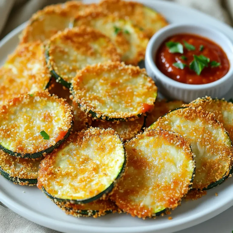- 2 medium zucchinis - 1 cup grated Parmesan cheese - 1 cup breadcrumbs (Panko or regular) - 1 teaspoon garlic powder - 1 teaspoon onion powder - 1 teaspoon dried oregano - Salt and pepper to taste - 1 large egg, beaten - Air fryer - Sharp knife or mandoline - Shallow bowls for mixing - Baking sheet or wire rack Zucchini chips make a great snack. You need fresh zucchinis for this recipe. Wash them well under cold water. Thinly slice each zucchini into 1/8-inch rounds. A sharp knife or mandoline works best. Dry the slices with paper towels to remove moisture. This step helps them get crispy. Next, you’ll create the coating. In a shallow bowl, mix grated Parmesan cheese, breadcrumbs, garlic powder, onion powder, dried oregano, salt, and pepper. This mix gives great flavor to the chips. Now for the egg wash. In another bowl, beat the egg until smooth. The egg helps the zucchini slices hold the coating. Dip each slice into the egg, then press it into the coating mix. Make sure every piece is fully coated. You will need to preheat your air fryer to 400°F (200°C). This takes about five minutes. Remember to spray the air fryer basket lightly with cooking spray. Arrange the zucchini chips in a single layer. If your air fryer is small, cook in batches. Cook the chips for 10 to 12 minutes. Flip them halfway through cooking. This helps them brown evenly. When they are golden and crispy, remove them from the air fryer. Let them cool slightly on a wire rack. This keeps them crunchy. For serving, place the chips on a platter. You can add a side of marinara sauce or ranch dip. A sprinkle of fresh parsley makes it look nice! Enjoy your tasty snack! - Wash and slice zucchinis - Pat dry to remove moisture Start by washing your zucchinis under cold water. This step gets rid of any dirt. Next, slice them into thin rounds, about 1/8-inch thick. Use a sharp knife or a mandoline for even cuts. Thin slices help them cook evenly and become crispy. After slicing, pat the rounds dry with paper towels. This helps remove extra moisture, which is key for crispiness. - Combine Parmesan cheese, breadcrumbs, and spices in a bowl In a shallow bowl, mix together the grated Parmesan cheese and breadcrumbs. You can use Panko or regular breadcrumbs, but Panko gives a better crunch. Add garlic powder, onion powder, dried oregano, salt, and pepper to the bowl. Stir until all the dry ingredients are well combined. This mixture will give your zucchini chips a tasty, cheesy flavor. - Use egg wash to coat slices - Apply the breadcrumb mixture In another bowl, beat one large egg until it’s smooth. This egg wash helps the coating stick to the zucchini. Take each zucchini slice and dip it into the egg, letting the excess drip off. Then, press it into the breadcrumb mix. Make sure each slice is fully coated. Place the coated slices on a plate. This step adds flavor and crunch to your chips. - Preheat air fryer and arrange zucchini - Cooking time and flipping Before you start cooking, preheat your air fryer to 400°F (200°C). This usually takes about 5 minutes. While it heats, spray the air fryer basket lightly with cooking spray. Arrange the zucchini chips in a single layer in the basket. Make sure they don’t overlap; this ensures they cook evenly. If you have many chips, air fry them in batches. Cook for about 10-12 minutes. Flip the chips halfway through to get both sides crispy. Keep an eye on them until they turn golden brown. To make your zucchini chips super crispy, start by drying the slices well. After slicing, pat them with paper towels. This step helps remove moisture, which is key for crispiness. Cook in batches to avoid overcrowding. If the slices touch, they will steam instead of crisp. Air flow is important in the air fryer. Feel free to mix up the flavors! Add spices like paprika or cayenne for heat. You can also try adding Italian seasoning for a new twist. If you want a different cheese, try mozzarella or cheddar. This lets you play with flavors and find what you love. Think about dips when serving your chips. Marinara sauce or ranch dressing pairs great with them. You could also serve with a tangy yogurt dip. For a nice touch, present the chips on a colorful platter. Garnish with fresh parsley for a pop of color and extra flavor. {{image_2}} You can switch up the cheese in this recipe. Mozzarella and cheddar work well too. They both add a nice flavor. If you prefer a vegan option, try nutritional yeast. It gives a cheesy taste without dairy. You can also use vegan cheese shreds for a meltier texture. To give your chips a kick, add cayenne pepper or paprika. These spices will bring a nice heat. You can also mix in herbs like basil or thyme. Fresh herbs add great flavor and aroma to your chips. Experiment with different spices to find your favorite blend. Zucchini is just the start! You can use eggplant or squash instead. They will crisp up nicely like zucchini. You can even make a mix of different vegetables. This way, you get a colorful and tasty snack. Each veggie brings its own unique flavor to the chips. To keep your leftover zucchini chips fresh, store them in an airtight container. Make sure the chips are completely cool before sealing the container. This will help prevent moisture buildup. If you want to keep them crispy, place a paper towel in the container. The towel will soak up extra moisture. When you're ready to enjoy your leftover chips, reheat them in your air fryer. Set it to 350°F (175°C) for about 3-5 minutes. This will help restore their crunch. You can also use an oven set to the same temperature. Place the chips on a baking sheet and heat for a few minutes. Avoid using a microwave, as it makes the chips soggy. To make zucchini chips crispy in an air fryer, follow these tips: - Slice Thin: Cut zucchini into 1/8-inch rounds. Thin slices crisp up better. - Dry Well: Pat zucchini slices dry with paper towels. Removing moisture helps them crisp. - Coat Evenly: Use the egg wash and coat with the Parmesan breadcrumb mix. Ensure each slice is fully covered. - Single Layer: Place zucchini slices in a single layer in the air fryer. Avoid overcrowding to allow hot air to circulate. - Flip Halfway: Flip the chips halfway through cooking. This ensures even crispiness on both sides. These steps will help you achieve that perfect crunch without frying. Yes, you can freeze air fryer zucchini chips. Here’s how: - Cool Completely: Let the chips cool down fully after cooking. - Flash Freeze: Place the zucchini chips in a single layer on a baking sheet. Freeze for 1-2 hours until solid. - Store: Transfer the frozen chips to a freezer-safe bag or container. Remove as much air as possible to prevent freezer burn. - Thawing: When ready to eat, thaw in the fridge overnight. Reheat in the air fryer for 5-7 minutes at 350°F for that crispy texture. Freezing is a great way to enjoy these snacks later. Zucchini chips pair well with various dips. Here are some tasty options: - Marinara Sauce: The classic tomato flavor complements the chips well. - Ranch Dressing: Creamy and herby, ranch adds a nice contrast. - Garlic Aioli: A rich garlic dip enhances the savory taste of the chips. - Spicy Sriracha Mayo: For those who like heat, this is a zesty choice. These dips add flavor and make your snack even more enjoyable. This blog post covered how to make tasty air fryer zucchini chips. We discussed the ingredients, tools, and step-by-step process. I shared tips for perfect crispiness and ways to mix up flavors. You learned about storage and reheating options for leftovers. Enjoy experimenting with different cheese and spices for unique flavors. Making these chips is fun, and they are great for snacks or gatherings. Now it's time to try this simple recipe at home!