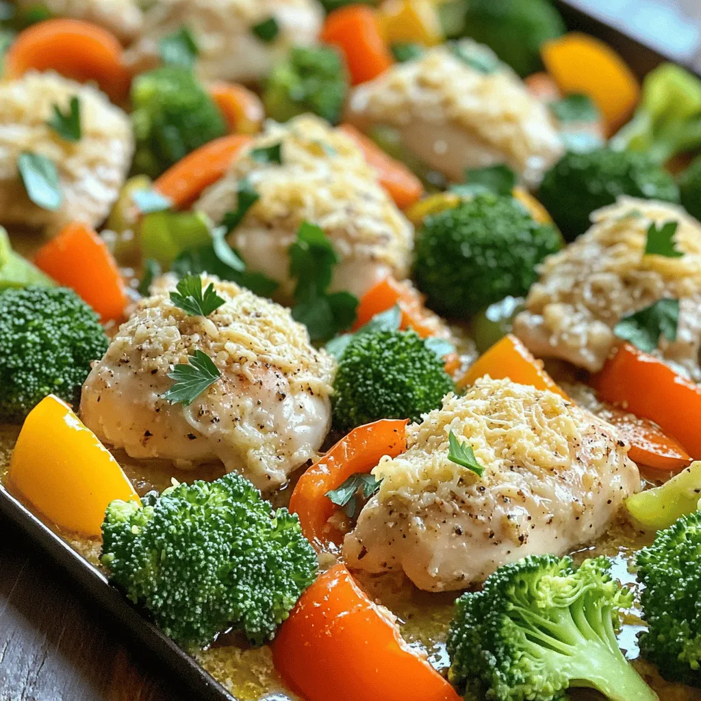 - 4 boneless, skinless chicken breasts - 1 cup broccoli florets - 1 cup bell peppers (mixed colors), sliced - 1 cup baby carrots, halved - 1/4 cup olive oil - 4 cloves garlic, minced - 1/2 cup grated Parmesan cheese - 1 teaspoon Italian seasoning - Salt and pepper to taste - Fresh parsley, chopped (for garnish) The main ingredients make this dish shine. The chicken is juicy, and veggies are colorful. - Lemon juice for a fresh kick - Red pepper flakes for some heat - Balsamic vinegar for depth - Other herbs like thyme or rosemary These optional ingredients add a tasty twist. You can mix and match to suit your taste. - Large sheet pan - Parchment paper for easy cleanup - Mixing bowls for sauces and veggies - Whisk or fork for mixing - Knife and cutting board for prep Having the right tools makes cooking smooth. This recipe is easy, so you’ll enjoy the process! First, set your oven to 400°F (200°C). This temperature cooks the chicken and veggies just right. Next, grab a large sheet pan and line it with parchment paper. This keeps your meal from sticking and makes clean-up easy. Take your four boneless, skinless chicken breasts. Place them on one side of the sheet pan. In a small bowl, mix 1/4 cup of olive oil, 4 cloves of minced garlic, 1 teaspoon of Italian seasoning, salt, and pepper. Brush half of this mix over the chicken. This adds flavor and keeps the chicken moist. Now, let’s work on the veggies. In a big bowl, combine 1 cup of broccoli florets, 1 cup of sliced bell peppers, and 1 cup of halved baby carrots. Drizzle the rest of the olive oil mix over these vegetables. Toss them well to coat. This ensures each piece is tasty and seasoned. Spread the seasoned veggies on the other side of the sheet pan. Do not crowd them; give them room to roast. Next, sprinkle 1/2 cup of grated Parmesan cheese over both the chicken and the vegetables. This gives them a nice cheesy crust. Bake everything in the oven for 20-25 minutes. Check that the chicken reaches an internal temp of 165°F (75°C). The veggies should be tender too. Once done, let the dish rest for a few minutes. Garnish it with freshly chopped parsley for a pop of color before serving. To keep your chicken juicy, start with the right cut. I prefer boneless, skinless chicken breasts. They cook well and stay tender. Marinate the chicken in olive oil and garlic before cooking. This adds moisture and flavor. Use a meat thermometer. Aim for an internal temperature of 165°F (75°C). This ensures the chicken cooks perfectly. Let it rest for a few minutes after baking. This helps the juices settle back in the meat. For this dish, I love using bright, colorful veggies. Broccoli florets add crunch and nutrition. Bell peppers bring sweetness and color. Baby carrots are easy and tasty, too. You can also try zucchini, asparagus, or red onions. These veggies roast well and soak up flavors. Aim for a mix of colors for a beautiful plate. This not only looks good but also adds different nutrients. To boost flavor, use fresh herbs. Chopped parsley adds a fresh taste. You can also use rosemary or thyme for a more earthy flavor. Another trick is to add lemon juice before serving. This brightens the dish and adds a zesty kick. Don’t forget the Parmesan cheese! A generous sprinkle enhances both taste and texture. For a spicy twist, add red pepper flakes to the olive oil mix. This adds a nice heat without overpowering the dish. {{image_2}} You can easily switch up the protein in this dish. Instead of chicken, try turkey breasts or pork chops. Both cook well on a sheet pan and absorb flavors nicely. For a lighter option, use fish, like salmon or cod. Fish cooks faster, so check it after 15 minutes. Ground meats also work; just form them into patties. Feel free to experiment and find what you enjoy most. If you want a vegetarian dish, simply remove the chicken. Replace it with hearty vegetables, like zucchini or eggplant. You can also add chickpeas for protein. For a vegan version, skip the cheese or use a dairy-free alternative. Nutritional yeast adds a cheesy flavor without dairy. This way, you keep the dish rich and tasty while fitting different diets. Using seasonal vegetables makes this dish even better. In the spring, add asparagus or snap peas for a fresh crunch. Summer brings fresh corn and tomatoes, which add sweetness. In the fall, try butternut squash or Brussels sprouts for warmth. Winter veggies like root vegetables work great too. Mixing different colors and textures keeps the meal exciting and nutritious. To keep your Garlic Parmesan Chicken Veggie Sheet Pan fresh, let it cool first. Place the chicken and veggies in an airtight container. This helps keep moisture in and air out. Store it in the fridge for up to three days. Label the container with the date. This way, you know when to use it. When you’re ready to eat, you can reheat it easily. Preheat your oven to 350°F (175°C). Place the leftovers on a baking sheet. Cover them with foil to keep them moist. Heat for about 15-20 minutes or until warm. You can also use a microwave. Just heat it on high for 2-3 minutes. Stir halfway through to heat evenly. If you want to store it for longer, freezing is a good option. Cut the chicken and veggies into smaller pieces. Place them in freezer-safe bags or containers. Remove as much air as you can. Label them with the date. You can freeze this meal for up to three months. When ready to eat, thaw it in the fridge overnight before reheating. The best temperature for cooking chicken is 400°F (200°C). This heat cooks the chicken evenly. It helps the chicken stay juicy and tender. At this temp, it takes about 20-25 minutes to cook. Always check the thickest part of the chicken for doneness. Yes, you can use frozen vegetables. They are a great time-saver. Just make sure to thaw and drain them first. This helps avoid too much moisture on the pan. It’s best to use mixed vegetables for color and taste. To know if the chicken is cooked, use a meat thermometer. The safe internal temperature is 165°F (75°C). If you don’t have a thermometer, cut into the thickest part. The meat should be white, not pink. Juices should run clear. You can serve this dish with rice or quinoa. These grains soak up the tasty juices. A fresh salad also pairs well with it. You can add a light vinaigrette for extra flavor. Garlic bread makes a nice side, too! This blog post guided you through making a tasty Garlic Parmesan Chicken Veggie Sheet Pan dish. You learned about the main and optional ingredients, the right equipment, and step-by-step cooking methods. I also shared tips to keep your chicken juicy and ways to add more flavor. Remember, you can try different proteins or veggies to suit your taste. Finally, I covered storing and reheating leftovers for easy meals. Enjoy your tasty creation!