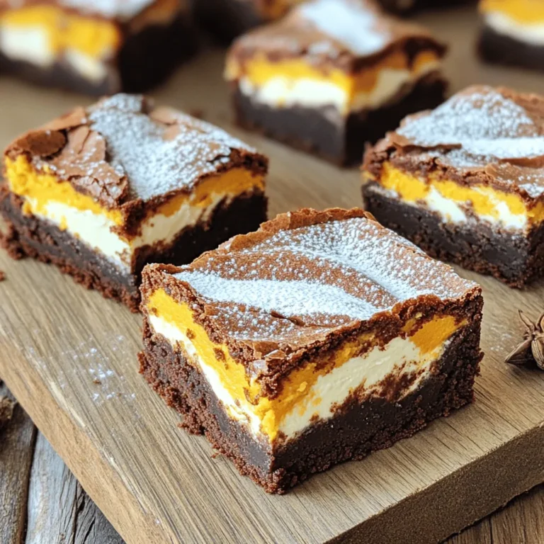 To make these tasty Pumpkin Cream Cheese Brownies, you’ll need a few key ingredients. Here’s what you should gather before starting: - 1 cup canned pumpkin puree - 1/2 cup granulated sugar - 1/2 cup brown sugar, packed - 1/2 cup vegetable oil - 2 large eggs - 1 teaspoon vanilla extract - 1 cup all-purpose flour - 1/2 cup unsweetened cocoa powder - 1 teaspoon baking powder - 1/2 teaspoon baking soda - 1/2 teaspoon salt - 1 teaspoon ground cinnamon - 1/2 teaspoon ground nutmeg - 1/4 teaspoon ground ginger - 4 oz cream cheese, softened - 1/4 cup powdered sugar Each ingredient has its own role in creating the perfect balance of flavors. The pumpkin puree gives moisture and a slight earthiness. The sugars add sweetness and help achieve the right texture. Vegetable oil keeps the brownies soft and fudgy. The eggs bind everything together. Cocoa powder provides rich chocolate flavor. The spices—cinnamon, nutmeg, and ginger—bring warmth and depth. The cream cheese adds a creamy swirl that makes each bite special. Make sure to gather all your ingredients before you start. This makes the process smooth and fun! First, preheat your oven to 350°F (175°C). This step ensures your brownies bake evenly. Next, take a 9x9-inch baking pan. You can grease it or line it with parchment paper. Using parchment paper helps the brownies come out easily after baking. In a medium bowl, combine the pumpkin puree, granulated sugar, brown sugar, vegetable oil, eggs, and vanilla extract. Whisk these ingredients together until they blend well. Make sure there are no lumps. This mixture gives your brownies a rich and moist texture. In a separate bowl, sift together the all-purpose flour, cocoa powder, baking powder, baking soda, salt, cinnamon, nutmeg, and ginger. Sifting helps remove clumps and mixes the dry ingredients evenly. This step also adds air, making your brownies light and fluffy. Gradually add the dry ingredients into the wet mixture. Stir gently until just combined. You want to see no flour streaks. Be careful not to overmix, as that can make your brownies tough. In a small bowl, beat the softened cream cheese with powdered sugar. Mix until it is smooth and creamy. This mixture adds a lovely tang to the brownies, balancing the sweetness from the sugar. Pour half of the brownie batter into the prepared pan and spread it evenly. Next, drop spoonfuls of the cream cheese mixture over the brownie base. Pour the rest of the brownie batter on top, spreading it gently. Now, take a knife or skewer and swirl the cream cheese into the brownie batter. This creates a beautiful marbled effect. Bake the brownies in the oven for 25 to 30 minutes. To check for doneness, insert a toothpick into the center. It should come out with a few moist crumbs, not wet batter. Once done, let them cool in the pan on a wire rack before cutting into squares. To get the best texture, avoid overmixing the batter. When you mix the dry and wet ingredients, stir just until you see no more flour. This keeps your brownies fudgy and moist. To bake evenly, use an oven thermometer. Ovens can be off by a few degrees. Preheat to 350°F (175°C) and place the pan in the center. This helps the brownies cook evenly. When it comes to serving, dust the top with powdered sugar. This gives a nice, sweet touch that looks great. You can also sprinkle cinnamon for extra flavor. For a special treat, add a dollop of whipped cream on top. It makes the brownies feel fancy and adds creaminess. One big mistake is not checking the brownies while baking. Avoid burning them by setting a timer for 25 minutes. Use a toothpick to test doneness. If it comes out with a few moist crumbs, they are ready. Another mistake is undercooking. If you see wet batter on the toothpick, bake for a few more minutes. Always cool the brownies in the pan before cutting. This helps them set properly. {{image_2}} To make these brownies gluten-free, swap all-purpose flour for a gluten-free blend. Look for blends that include xanthan gum. This will help your brownies stay tender. You can also check labels to ensure other ingredients are gluten-free. For a vegan twist, replace eggs with flaxseed meal. Mix 1 tablespoon of flaxseed with 2.5 tablespoons of water. Let it sit for a few minutes to thicken. For cream cheese, use a plant-based option made from nuts or tofu. This keeps your brownies creamy and delicious without animal products. Want to change things up? Add chocolate chips or nuts to the batter. I love using dark chocolate chips for a rich taste. Chopped walnuts or pecans add a nice crunch too. These extras bring new flavors and textures to your brownies, making them even more delightful. To keep your brownies fresh, store them in an airtight container. Line the container with parchment paper for easy removal. This helps keep the brownies moist and prevents them from getting hard. Place a piece of bread in the container too. The bread helps maintain moisture. Ensure the brownies cool completely before storing to avoid sogginess. To freeze brownies, first cut them into squares. Wrap each square tightly in plastic wrap. Then, place the wrapped brownies in a freezer-safe bag. Push out as much air as you can before sealing. Label the bag with the date. When you want to enjoy them, take out a square and let it thaw at room temperature for about 30 minutes. For a warm treat, you can heat it in the microwave for a few seconds. Brownies can stay fresh at room temperature for up to 3 days. If you store them in the fridge, they can last about a week. Just remember, the colder they get, the firmer they may become. So, warming them slightly before eating can bring back their soft, fudgy texture. Yes, you can make these brownies ahead of time. Bake them and let them cool completely. Then, wrap them tightly in plastic wrap or foil. Store them in the fridge for up to a week. For longer storage, freeze them in an airtight container. Just remember to thaw them in the fridge before serving. This way, you can enjoy these tasty treats whenever you want! If you don’t have canned pumpkin, you can use fresh pumpkin. Cook and puree it until smooth. Another option is butternut squash puree, which works well, too. Both will give you that great pumpkin flavor. You can also try sweet potato puree, but it will change the taste slightly. Just make sure your substitute is smooth and not watery. To check if the brownies are done, insert a toothpick into the center. If it comes out with a few moist crumbs, they are ready. If you see wet batter, bake for a few more minutes. Keep an eye on them; overbaking will make them dry. The edges should look set, while the center may be slightly soft. Yes, you can adjust the sweetness! If you want them less sweet, reduce the granulated and brown sugar by a quarter cup. If you prefer them sweeter, add an extra couple of tablespoons of sugar. Taste the batter before baking to find your perfect balance. Just remember that sweetness will change the final flavor a bit. These pumpkin cream cheese brownies are a treat anyone can enjoy. We started with easy-to-find ingredients, mixed them well, and added tips to ensure perfect results. I shared ways to store your brownies and variations to suit different diets. Remember, you can adjust sweetness and even freeze leftovers. Enjoy these treats fresh or save for later!