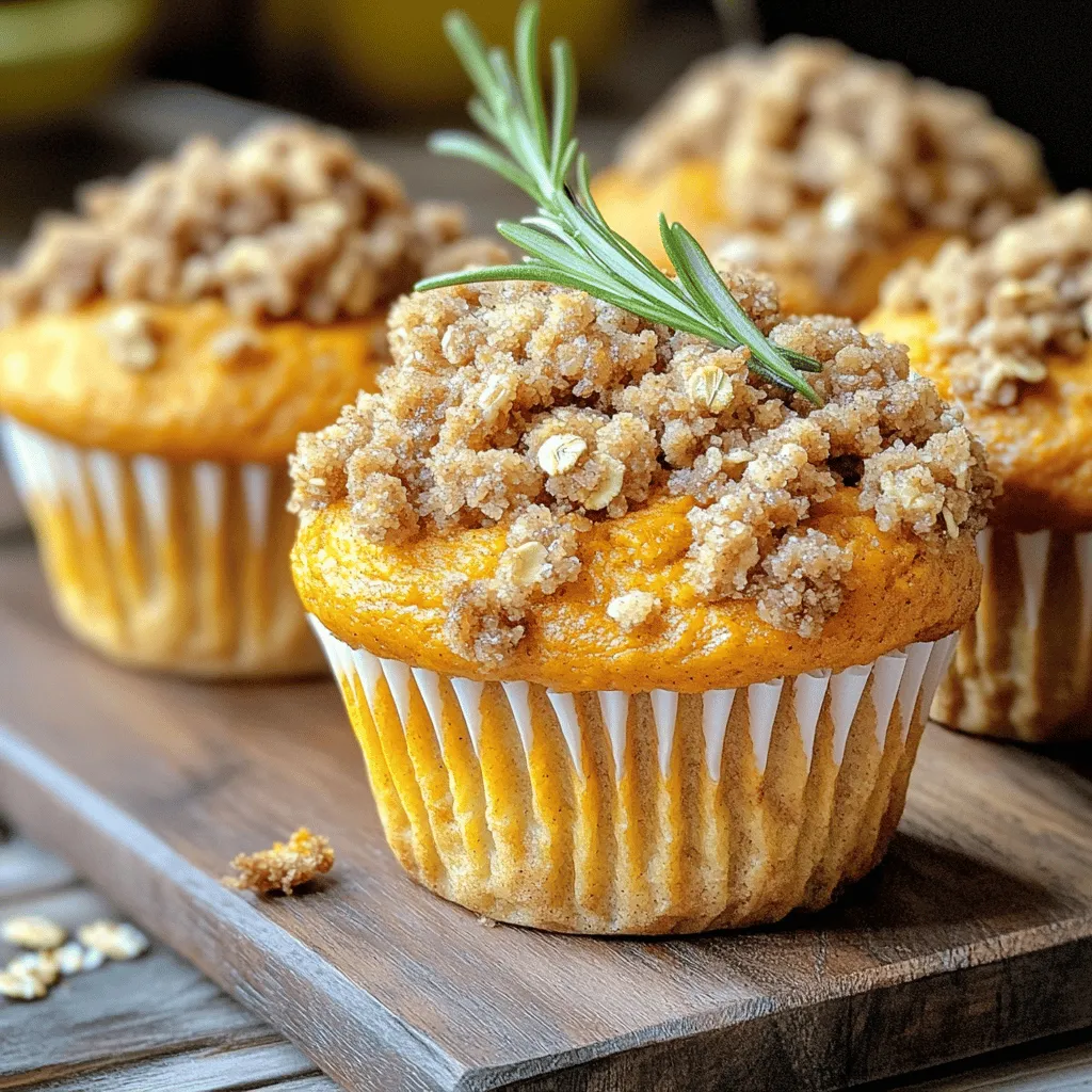 To make these tasty Pumpkin Streusel Muffins, you will need: - 1 ½ cups all-purpose flour - 1 cup canned pumpkin puree - ½ cup brown sugar, packed - ½ cup granulated sugar - 1/3 cup vegetable oil - 2 large eggs - 1 teaspoon vanilla extract - 1 teaspoon baking powder - ½ teaspoon baking soda - ½ teaspoon salt - 1 teaspoon ground cinnamon - ½ teaspoon ground nutmeg - ½ teaspoon ground ginger - ½ cup chopped pecans (optional) For the Streusel Topping: - ½ cup all-purpose flour - ¼ cup brown sugar, packed - ¼ cup rolled oats - ½ teaspoon ground cinnamon - ¼ cup cold butter, diced You can swap out some items if needed. Try these: - Use whole wheat flour for a heartier muffin. - Applesauce can replace vegetable oil for less fat. - Maple syrup works great instead of brown sugar. - If you don’t have pecans, walnuts or almonds are tasty too. Feel free to play with flavors! Here are some ideas: - Add chocolate chips for a sweet twist. - Dried cranberries or raisins can add a nice chew. - Mix in fresh ginger for a zesty kick. - Top with a drizzle of icing for extra sweetness. These ingredients and options will help you create scrumptious muffins that everyone will love! To make the muffin batter, start by preheating your oven to 350°F (175°C). Line your muffin tin with paper liners or lightly grease it. In a large bowl, whisk together 1 cup of canned pumpkin puree, ½ cup of packed brown sugar, ½ cup of granulated sugar, 1/3 cup of vegetable oil, 2 large eggs, and 1 teaspoon of vanilla extract. Mix until smooth. In another bowl, sift together 1 ½ cups of flour, 1 teaspoon of baking powder, ½ teaspoon of baking soda, ½ teaspoon of salt, 1 teaspoon of ground cinnamon, ½ teaspoon of ground nutmeg, and ½ teaspoon of ground ginger. Gradually add this dry mix to the wet ingredients. Stir until just combined. If you like, fold in ½ cup of chopped pecans for a nice crunch. Next, let’s make the streusel topping. In a small bowl, mix together ½ cup of flour, ¼ cup of packed brown sugar, ¼ cup of rolled oats, and ½ teaspoon of ground cinnamon. Then, add ¼ cup of cold diced butter. Use your fingers or a fork to blend it all together. You want to achieve a texture that looks like coarse crumbs. When filling the muffin tins, scoop the batter in until each cup is about two-thirds full. Do not overfill! Sprinkle the streusel topping generously over each muffin. Bake in the preheated oven for 18-20 minutes. To check if they are done, insert a toothpick into the center of a muffin. It should come out clean. Once baked, let the muffins cool in the tin for 5 minutes. Then, move them to a wire rack to cool completely. Enjoy the warm muffins with honey or maple syrup for a treat! To keep your muffins fresh, store them in an airtight container. This helps lock in moisture. If you plan to eat them within a few days, leave them at room temperature. For longer storage, refrigerate them. You can also freeze muffins for up to three months. Just wrap them well in plastic wrap. If you live at a high altitude, reduce the baking powder by 1/4 teaspoon. This small change helps your muffins rise properly. In humid areas, you may need to add a little more flour. This will help balance the moisture in the air. Test the batter for the right thickness before baking. Serve these muffins warm for the best taste. They pair well with honey or maple syrup drizzled on top. A cup of hot coffee or tea makes a great match too. For a cozy touch, arrange muffins on a wooden board. Add fresh rosemary for a pretty look. Enjoy them at breakfast or as a tasty snack! {{image_2}} You can make these muffins gluten-free easily. Use a 1-to-1 gluten-free flour mix instead of all-purpose flour. This mix helps keep the texture light and fluffy. Check the package for the right measurements. Your muffins will still taste great! To make vegan muffins, swap the eggs for flax eggs. Mix one tablespoon of ground flaxseed with three tablespoons of water. Let it sit for five minutes to thicken. Use plant-based oil instead of vegetable oil. Replace butter in the streusel with coconut oil or vegan butter. Your friends will love these! You can add fun flavors to your muffins. Try mixing in chocolate chips for a sweet twist. Dried cranberries or raisins add nice texture and flavor. For a nutty crunch, add chopped walnuts or almonds. You can even add a hint of orange zest for a fresh taste. Explore different ideas to find your favorite! To keep your muffins fresh, place them in an airtight container. Line the container with paper towels to absorb moisture. This helps prevent sogginess. Store them at room temperature for up to three days. If you want them to last longer, try refrigerating them. Just remember that refrigeration can change their texture. Freezing muffins is a great way to save some for later. First, cool the muffins completely. Then, wrap each muffin tightly in plastic wrap. Place the wrapped muffins in a freezer bag. Be sure to remove as much air as possible. You can freeze them for up to three months. When you’re ready to enjoy, just take out what you need. Reheating muffins helps restore their warmth and taste. For best results, use the oven. Preheat your oven to 350°F (175°C). Place the muffins on a baking sheet for about 5 to 10 minutes. You can also microwave them. Just heat for 15 to 20 seconds. Enjoy your warm, tasty muffins! Pumpkin streusel muffins stay fresh for about 3 to 5 days. Store them in an airtight container at room temperature. This keeps them soft and tasty. If you want to keep them longer, freeze them for up to 3 months. Just make sure to wrap each muffin well in plastic wrap before placing them in a freezer bag. Yes, you can make the batter ahead of time. Prepare the batter and place it in the fridge for up to 24 hours. When you're ready to bake, just fill the muffin tin and add the streusel topping. This is a great way to save time on busy mornings or gatherings. If you can't find pumpkin puree, use mashed sweet potatoes or butternut squash. Both options give a similar texture and flavor. You can also use applesauce for a different twist. Just make sure to adjust the spices to keep the taste balanced. You learned how to make delicious pumpkin streusel muffins. We covered essential ingredients, substitutions, and tasty add-ins. The step-by-step guide taught you to prepare the batter and make the streusel. I shared tips for storing muffins and cooking at different altitudes. You can even try gluten-free or vegan versions! Enjoying these muffins is easy, and they stay fresh for days. Now, get baking and delight your friends and family with a cozy treat!