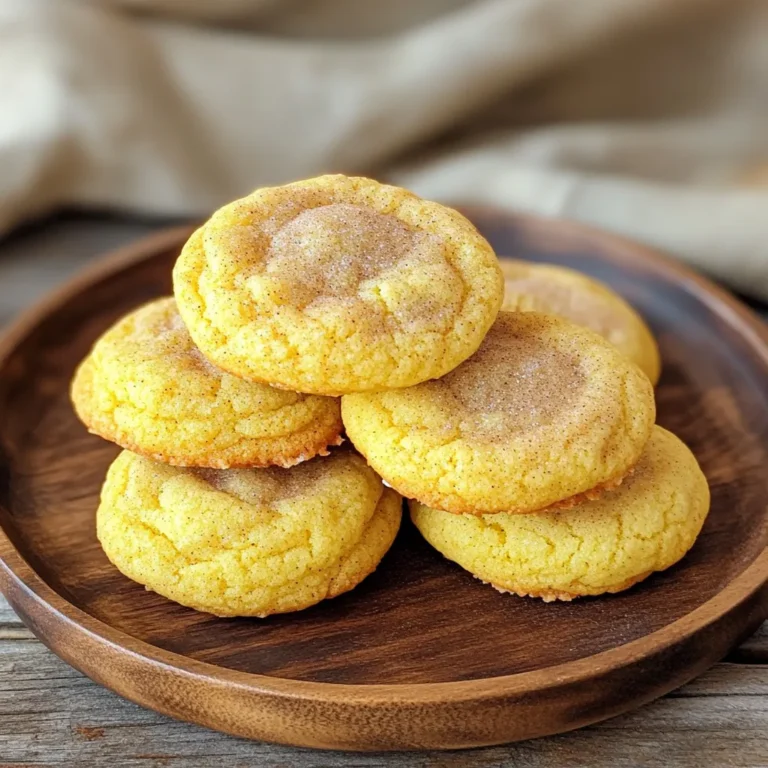 To make these delicious pumpkin spice snickerdoodle cookies, gather the following: - 1 cup unsalted butter, softened - 1 cup granulated sugar - 1/2 cup brown sugar, packed - 1/2 cup pumpkin puree - 1 large egg - 1 teaspoon vanilla extract - 3 cups all-purpose flour - 1 teaspoon baking soda - 1/2 teaspoon baking powder - 2 teaspoons ground cinnamon - 1 teaspoon pumpkin pie spice - 1/4 teaspoon salt - 1/2 cup granulated sugar (for rolling) - 1 tablespoon cinnamon (for rolling) Each ingredient plays a key role in flavor and texture: - Use 1 cup of unsalted butter. This gives a rich taste without added salt. - Granulated sugar and brown sugar both add sweetness. Brown sugar adds moisture. - Pumpkin puree is key for flavor and moisture. It also gives a lovely color. - The egg helps bind the dough and gives it structure. - Vanilla extract adds warmth to the cookies. - All-purpose flour is the base for the dough. - Baking soda and baking powder help the cookies rise. - Ground cinnamon and pumpkin pie spice bring that cozy fall flavor. - Salt balances the sweetness. You can make these cookies even if you lack some ingredients: - If you don't have unsalted butter, use salted butter but reduce the added salt. - Replace granulated sugar with coconut sugar for a lower glycemic index. - You can swap out pumpkin puree with applesauce if needed. - For eggless cookies, use a flax egg (1 tablespoon ground flaxseed mixed with 2.5 tablespoons water). - Gluten-free flour can replace all-purpose flour, but check the blend for best results. Now you have everything you need to create these tasty pumpkin spice snickerdoodle cookies! Enjoy the process and the delightful smells that fill your kitchen. Start by preheating your oven to 350°F (175°C). This helps the cookies bake evenly. Next, grab a large mixing bowl. In this bowl, cream together one cup of softened unsalted butter, one cup of granulated sugar, and half a cup of packed brown sugar. Mix until it looks light and fluffy. This step gives your cookies a nice texture. Now, add half a cup of pumpkin puree, one large egg, and one teaspoon of vanilla extract to the bowl. Beat this mixture until well combined. In a separate bowl, whisk together three cups of all-purpose flour, one teaspoon of baking soda, half a teaspoon of baking powder, two teaspoons of ground cinnamon, one teaspoon of pumpkin pie spice, and a quarter teaspoon of salt. This blend adds all the warm flavors we love. Gradually mix the dry ingredients into the wet ingredients. Stir gently until just combined. Be careful not to overmix; this keeps your cookies soft. In a small bowl, mix half a cup of granulated sugar with one tablespoon of cinnamon for the rolling sugar. Now, scoop out dough balls that are about one to one and a half tablespoons in size. Roll each ball in the cinnamon-sugar mixture until it’s well coated. Place the dough balls on your lined baking sheets, leaving about two inches between each. Bake the cookies in the preheated oven for 10 to 12 minutes. The edges should be lightly golden, while the centers may look soft. Don’t worry; they will firm up as they cool. Once baked, take the cookies out of the oven. Let them cool on the baking sheet for five minutes. This step helps them set and makes them easier to move. After five minutes, transfer the cookies to a wire rack to cool completely. For storage, keep the cookies in an airtight container. They will stay fresh for about a week. If you want to keep them longer, you can freeze them. Just make sure to separate layers with parchment paper to prevent sticking. To get the best texture in your cookies, use softened butter. It helps mix well with sugars. Cream it well until light and fluffy. This adds air, making cookies soft. When mixing dry ingredients, do not overmix. Stir until just combined. This keeps the cookies tender. One big mistake is measuring flour wrong. Use the spoon and level method. Scoop flour into a cup, then level it off. Too much flour makes cookies dry. Another mistake is baking too long. Watch for edges that are lightly golden. The centers will firm up as they cool. For rolling, mix sugar and cinnamon in a bowl. Use half a cup of sugar and one tablespoon of cinnamon. Roll each dough ball in this mix. Make sure they are fully coated. The cinnamon sugar adds flavor and a nice crunch. Space the cookies two inches apart on the baking sheet. This gives them room to spread while baking. {{image_2}} To make gluten-free pumpkin spice snickerdoodles, swap the all-purpose flour for a gluten-free blend. Look for blends that include xanthan gum. This will help give your cookies the right texture. Just follow the same recipe steps. You will still enjoy those soft and chewy cookies. If you love chocolate, try adding chocolate chips to your pumpkin snickerdoodles. Add about one cup of semi-sweet chocolate chips to the dough after mixing in the dry ingredients. This adds a sweet twist to the classic cookie. The chocolate pairs well with the pumpkin spice flavors. You can make your pumpkin spice snickerdoodles healthier. Use coconut oil instead of butter for a lighter option. You can also use coconut sugar instead of granulated and brown sugar. For a lower-carb version, consider almond flour. These changes keep the flavor while making the cookies better for you. To keep your Pumpkin Spice Snickerdoodle Cookies fresh, store them in an airtight container. Use a container made of glass or plastic. Place parchment paper between layers to prevent sticking. Keep them at room temperature for the best taste. Avoid direct sunlight and heat, as these can make your cookies dry. If you want to save some cookies for later, you can freeze them. First, let the cookies cool completely. Then, place them in a single layer on a baking sheet. Freeze for about one hour. Once frozen, transfer them to a freezer bag. Remove as much air as possible before sealing. This method helps keep them fresh for weeks. When stored properly, your cookies can last up to one week at room temperature. If frozen, they can last up to three months. Just remember to let them thaw at room temperature for a few hours before enjoying. This way, you can savor that fresh-baked taste even after freezing! To make pumpkin puree at home, start with a small pumpkin. Cut it in half and scoop out the seeds. Place the halves face down on a baking sheet. Roast at 350°F for about 45 minutes. When soft, let it cool. Scoop out the flesh and blend until smooth. You can also use canned pumpkin, but homemade has a fresher taste. Yes, you can use margarine instead of butter. However, the taste might change a bit. Butter gives cookies a rich flavor. Margarine often has more water, which can affect texture. If you choose margarine, look for one that says it's good for baking. This will help keep your cookies soft and tasty. If your dough is too sticky, don't worry! You can fix it. Start by adding a little flour. Add 1 tablespoon at a time until it feels right. Mix it slowly. If you add too much, it can make your cookies tough. You can also chill the dough for 30 minutes. This helps firm it up, making it easier to roll. This post covered how to make delicious pumpkin spice snickerdoodles. We looked at ingredients, step-by-step instructions, and helpful tips for success. I shared cool variations and storage advice to keep your treats fresh. In the end, these cookies are fun to make and perfect for any time. Enjoy baking and sharing your tasty treats!