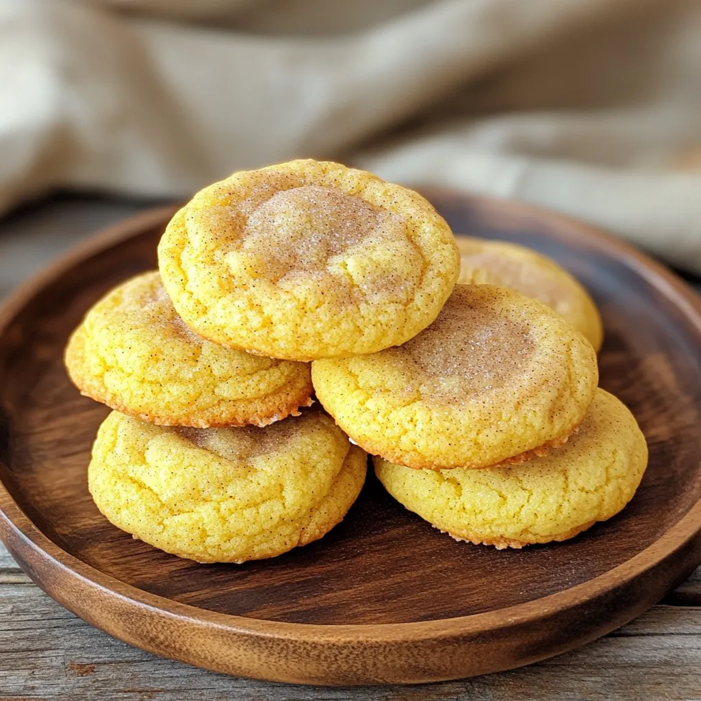 To make these delicious pumpkin spice snickerdoodle cookies, gather the following: - 1 cup unsalted butter, softened - 1 cup granulated sugar - 1/2 cup brown sugar, packed - 1/2 cup pumpkin puree - 1 large egg - 1 teaspoon vanilla extract - 3 cups all-purpose flour - 1 teaspoon baking soda - 1/2 teaspoon baking powder - 2 teaspoons ground cinnamon - 1 teaspoon pumpkin pie spice - 1/4 teaspoon salt - 1/2 cup granulated sugar (for rolling) - 1 tablespoon cinnamon (for rolling) Each ingredient plays a key role in flavor and texture: - Use 1 cup of unsalted butter. This gives a rich taste without added salt. - Granulated sugar and brown sugar both add sweetness. Brown sugar adds moisture. - Pumpkin puree is key for flavor and moisture. It also gives a lovely color. - The egg helps bind the dough and gives it structure. - Vanilla extract adds warmth to the cookies. - All-purpose flour is the base for the dough. - Baking soda and baking powder help the cookies rise. - Ground cinnamon and pumpkin pie spice bring that cozy fall flavor. - Salt balances the sweetness. You can make these cookies even if you lack some ingredients: - If you don't have unsalted butter, use salted butter but reduce the added salt. - Replace granulated sugar with coconut sugar for a lower glycemic index. - You can swap out pumpkin puree with applesauce if needed. - For eggless cookies, use a flax egg (1 tablespoon ground flaxseed mixed with 2.5 tablespoons water). - Gluten-free flour can replace all-purpose flour, but check the blend for best results. Now you have everything you need to create these tasty pumpkin spice snickerdoodle cookies! Enjoy the process and the delightful smells that fill your kitchen. Start by preheating your oven to 350°F (175°C). This helps the cookies bake evenly. Next, grab a large mixing bowl. In this bowl, cream together one cup of softened unsalted butter, one cup of granulated sugar, and half a cup of packed brown sugar. Mix until it looks light and fluffy. This step gives your cookies a nice texture. Now, add half a cup of pumpkin puree, one large egg, and one teaspoon of vanilla extract to the bowl. Beat this mixture until well combined. In a separate bowl, whisk together three cups of all-purpose flour, one teaspoon of baking soda, half a teaspoon of baking powder, two teaspoons of ground cinnamon, one teaspoon of pumpkin pie spice, and a quarter teaspoon of salt. This blend adds all the warm flavors we love. Gradually mix the dry ingredients into the wet ingredients. Stir gently until just combined. Be careful not to overmix; this keeps your cookies soft. In a small bowl, mix half a cup of granulated sugar with one tablespoon of cinnamon for the rolling sugar. Now, scoop out dough balls that are about one to one and a half tablespoons in size. Roll each ball in the cinnamon-sugar mixture until it’s well coated. Place the dough balls on your lined baking sheets, leaving about two inches between each. Bake the cookies in the preheated oven for 10 to 12 minutes. The edges should be lightly golden, while the centers may look soft. Don’t worry; they will firm up as they cool. Once baked, take the cookies out of the oven. Let them cool on the baking sheet for five minutes. This step helps them set and makes them easier to move. After five minutes, transfer the cookies to a wire rack to cool completely. For storage, keep the cookies in an airtight container. They will stay fresh for about a week. If you want to keep them longer, you can freeze them. Just make sure to separate layers with parchment paper to prevent sticking. To get the best texture in your cookies, use softened butter. It helps mix well with sugars. Cream it well until light and fluffy. This adds air, making cookies soft. When mixing dry ingredients, do not overmix. Stir until just combined. This keeps the cookies tender. One big mistake is measuring flour wrong. Use the spoon and level method. Scoop flour into a cup, then level it off. Too much flour makes cookies dry. Another mistake is baking too long. Watch for edges that are lightly golden. The centers will firm up as they cool. For rolling, mix sugar and cinnamon in a bowl. Use half a cup of sugar and one tablespoon of cinnamon. Roll each dough ball in this mix. Make sure they are fully coated. The cinnamon sugar adds flavor and a nice crunch. Space the cookies two inches apart on the baking sheet. This gives them room to spread while baking. {{image_2}} To make gluten-free pumpkin spice snickerdoodles, swap the all-purpose flour for a gluten-free blend. Look for blends that include xanthan gum. This will help give your cookies the right texture. Just follow the same recipe steps. You will still enjoy those soft and chewy cookies. If you love chocolate, try adding chocolate chips to your pumpkin snickerdoodles. Add about one cup of semi-sweet chocolate chips to the dough after mixing in the dry ingredients. This adds a sweet twist to the classic cookie. The chocolate pairs well with the pumpkin spice flavors. You can make your pumpkin spice snickerdoodles healthier. Use coconut oil instead of butter for a lighter option. You can also use coconut sugar instead of granulated and brown sugar. For a lower-carb version, consider almond flour. These changes keep the flavor while making the cookies better for you. To keep your Pumpkin Spice Snickerdoodle Cookies fresh, store them in an airtight container. Use a container made of glass or plastic. Place parchment paper between layers to prevent sticking. Keep them at room temperature for the best taste. Avoid direct sunlight and heat, as these can make your cookies dry. If you want to save some cookies for later, you can freeze them. First, let the cookies cool completely. Then, place them in a single layer on a baking sheet. Freeze for about one hour. Once frozen, transfer them to a freezer bag. Remove as much air as possible before sealing. This method helps keep them fresh for weeks. When stored properly, your cookies can last up to one week at room temperature. If frozen, they can last up to three months. Just remember to let them thaw at room temperature for a few hours before enjoying. This way, you can savor that fresh-baked taste even after freezing! To make pumpkin puree at home, start with a small pumpkin. Cut it in half and scoop out the seeds. Place the halves face down on a baking sheet. Roast at 350°F for about 45 minutes. When soft, let it cool. Scoop out the flesh and blend until smooth. You can also use canned pumpkin, but homemade has a fresher taste. Yes, you can use margarine instead of butter. However, the taste might change a bit. Butter gives cookies a rich flavor. Margarine often has more water, which can affect texture. If you choose margarine, look for one that says it's good for baking. This will help keep your cookies soft and tasty. If your dough is too sticky, don't worry! You can fix it. Start by adding a little flour. Add 1 tablespoon at a time until it feels right. Mix it slowly. If you add too much, it can make your cookies tough. You can also chill the dough for 30 minutes. This helps firm it up, making it easier to roll. This post covered how to make delicious pumpkin spice snickerdoodles. We looked at ingredients, step-by-step instructions, and helpful tips for success. I shared cool variations and storage advice to keep your treats fresh. In the end, these cookies are fun to make and perfect for any time. Enjoy baking and sharing your tasty treats!