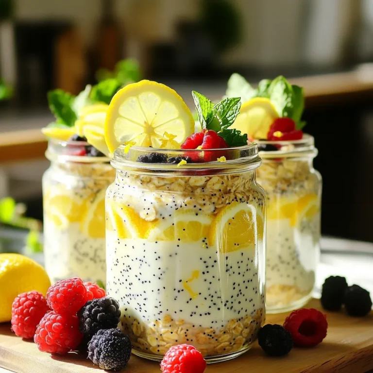 To make delicious lemon poppyseed overnight oats, you need: - 1 cup rolled oats - 2 cups almond milk (or milk of choice) - 2 tablespoons chia seeds - 1 tablespoon poppy seeds - Zest of 1 lemon - 2 tablespoons maple syrup (or honey) - 1 teaspoon vanilla extract - Pinch of salt - Fresh berries (for topping) - Additional lemon zest (for garnish) These ingredients blend together to create a fresh and zesty flavor. If you have dietary needs, you can easily swap ingredients: - Use oat milk or coconut milk for a nut-free option. - Swap maple syrup with agave syrup for a vegan choice. - For a nut-free recipe, choose any non-dairy milk that fits your needs. - If you are allergic to chia seeds, try flaxseeds instead. These substitutions keep the dish tasty while meeting your needs. Zesting a lemon is quick and easy. Here’s how: 1. Wash the lemon well. 2. Use a microplane or fine grater. 3. Gently rub the lemon against the grater to collect zest. Just be careful not to get the bitter white pith. You want just the bright yellow zest. This adds a fresh kick to your overnight oats! Start by taking a medium bowl. Measure 1 cup of rolled oats and add it to the bowl. Next, pour in 2 cups of almond milk or any milk you like. Then, add 2 tablespoons of chia seeds and 1 tablespoon of poppy seeds. Zest one lemon and mix in the zest. This adds a bright taste. Next, drizzle in 2 tablespoons of maple syrup or honey for sweetness. Don’t forget 1 teaspoon of vanilla extract and a pinch of salt to enhance the flavors. Stir everything well until it’s all mixed together. The oats should be coated in the creamy mixture. Now, take the oat mixture and divide it into two mason jars or airtight containers. Use a spoon to scoop it evenly. Make sure each jar has the same amount of oats. This makes it easy to grab one in the morning. Seal the jars tightly with their lids. This keeps the oats fresh and prevents spills. Place your jars in the fridge. Let them chill overnight, or at least for 4 to 6 hours. This soaking time is key. It allows the oats to absorb the liquid and soften. When you take them out in the morning, give each jar a good stir. The oats should be creamy and thick. If you like it thinner, add a splash of almond milk. Top your oats with fresh berries and a little more lemon zest for extra flavor. Enjoy your tasty lemon poppyseed overnight oats! To get a creamy texture, use rolled oats. They soak well and soften nicely. Chia seeds also help create a thick and smooth mixture. Make sure to mix everything well. This blends the oats and liquids fully. If the oats seem too thick in the morning, add a splash of almond milk. Stir it in until you reach your desired creaminess. Serve your overnight oats in clear jars. This way, you can show off the pretty layers and colors. For a fresh touch, top with fresh berries and a sprinkle of lemon zest. You can also add mint leaves for extra color. A slice of lemon on the side looks great too. This makes your dish feel special and inviting. Overnight oats are perfect for meal prep. They take just 10 minutes to make. You can store them in the fridge for up to four days. Just divide the mixture into jars at the start of the week. This way, you have breakfast ready to go. You can vary the toppings each day. Try different fruits or nuts to keep it fun! {{image_2}} You can mix things up with your overnight oats by adding different fruits. Fresh berries are great, but you can also try sliced bananas or diced apples. Peaches and mangoes work well too. Just pick fruits that are in season for the best taste. Their natural sweetness can add a nice touch to your lemon poppyseed oats. To elevate the flavor, consider adding different extracts or sweeteners. You can swap maple syrup for honey or agave if you want. For a richer taste, add a splash of almond or coconut extract. You can also sprinkle in some cinnamon or nutmeg for warmth. Experimenting with these can give your oats a whole new twist. If you want to change the texture, try using different grains. Quinoa or farro can work well in this recipe. They will add a nutty flavor and a chewy bite. You can also use steel-cut oats for a heartier feel. Just remember that steel-cut oats will need more soaking time to soften up. You can store overnight oats in the fridge for up to five days. After that, they may lose their taste and texture. Always check for any off smells or changes in color before eating. Fresh ingredients like berries should be added just before serving. Use glass jars or airtight containers for the best results. Glass jars let you see the colorful layers. Make sure the lids seal tightly to keep air out. This helps the oats stay fresh and moist. If you plan to take them on the go, use containers with secure lids. You can freeze overnight oats for up to three months. To do this, use freezer-safe containers. Leave some space at the top of the container. This lets the oats expand as they freeze. When you're ready to eat, thaw them in the fridge overnight. You can add fresh toppings after reheating. You can use steel-cut oats, but they need more time to soak. Steel-cut oats take longer to soften than rolled oats. If you use them, soak for at least 8 hours. This way, they will be easier to eat. However, the texture will be chewier. If you love that bite, go for it! To make your oats vegan, simply use almond milk or another plant-based milk. Replace honey with maple syrup, which is vegan-friendly. All other ingredients are already plant-based. This way, you still enjoy creamy and tasty oats without any animal products. Many toppings work well with lemon poppyseed oatmeal. Here are some of my favorites: - Fresh berries like blueberries or raspberries - Sliced bananas for creaminess - Chopped nuts like almonds or walnuts for crunch - A drizzle of almond butter for added flavor - Coconut flakes for a tropical twist Feel free to mix and match these toppings to find your perfect combination! This blog post dives into crafting delicious overnight oats. You learned about essential ingredients, tasty substitutes, and how to prepare fresh elements like lemon zest. We covered step-by-step instructions to combine and store your oats. I shared tips for achieving a creamy texture and making your oats a meal prep go-to. You discovered fun variations to keep it exciting and storage tips for longer freshness. Remember, overnight oats are simple, healthy, and customizable. Enjoy making your own!