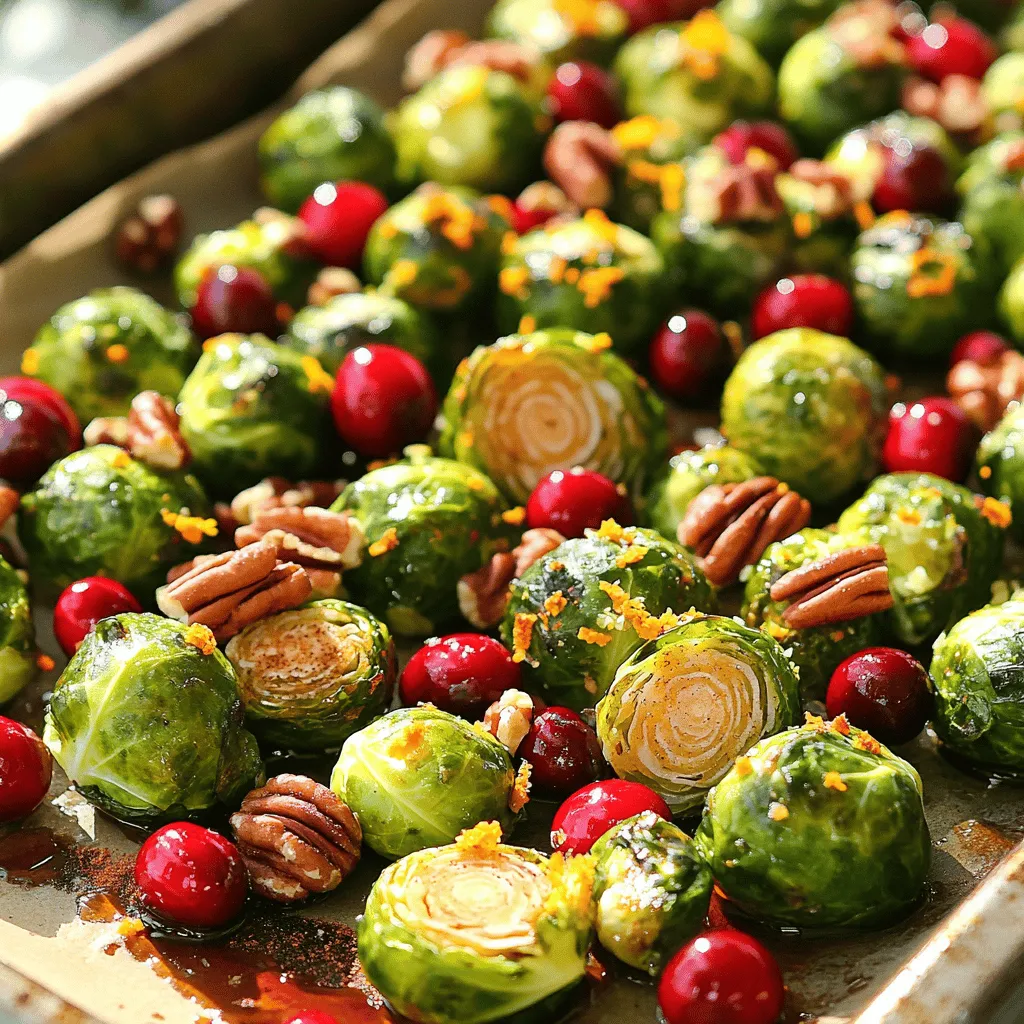 - 1 lb Brussels sprouts, trimmed and halved - 1 cup fresh cranberries (or frozen, thawed) - 3 tablespoons pure maple syrup - 2 tablespoons olive oil - 1 teaspoon ground cinnamon - 1/2 teaspoon salt - 1/4 teaspoon black pepper - 1/2 cup pecans, roughly chopped (optional) - Zest of 1 orange (for garnish) I love using fresh Brussels sprouts for this dish. They are crunchy and full of flavor. When you slice them in half, they roast evenly and caramelize nicely. Fresh cranberries add a burst of tartness. If you can’t find fresh ones, frozen cranberries work too. Just remember to thaw them first. Pure maple syrup is the star ingredient. It gives a sweet touch to the sprouts and cranberries. The olive oil helps everything roast perfectly. It adds a nice richness and helps the flavors blend. For seasoning, I use ground cinnamon, salt, and black pepper. The cinnamon adds warmth and a hint of spice. Chopped pecans bring a crunchy texture that contrasts well with the soft vegetables. Lastly, orange zest brightens the dish with a fresh aroma. Gather all these ingredients, and you are ready to create a delicious side dish. - Preheat your oven to 400°F (200°C). - Trim the Brussels sprouts and cut them in half. - Wash the fresh cranberries or thaw the frozen ones. - In a large bowl, combine the halved Brussels sprouts and cranberries. - Drizzle olive oil and maple syrup over them. - Sprinkle ground cinnamon, salt, and black pepper. Toss well until coated. - Spread the mixture on a baking sheet. Place the cut side of Brussels sprouts down. - Roast for 25-30 minutes. Stir halfway through for even cooking. - In the last 5 minutes, add the chopped pecans for extra crunch. For the best results, set your oven to 400°F (200°C). This hot temperature helps the Brussels sprouts turn crispy and golden. To prevent burning, make sure to spread the sprouts evenly on the baking sheet. Place them cut side down to get that lovely caramelization. Stir them halfway through roasting to ensure even cooking. Pair your Brussels sprouts and cranberries with nuts like pecans for a nice crunch. The texture adds fun to every bite. You can also add a splash of balsamic vinegar for extra depth. If you like spice, try a pinch of cayenne pepper or a dash of nutmeg. Fresh herbs like thyme or rosemary can elevate the dish too. When serving, use a large white platter. The bright colors pop against a neutral background. Garnish with the orange zest for a fresh look. You can also sprinkle some extra pecans on top for added flair. This not only looks beautiful but also invites your guests to dig in! {{image_2}} You can easily swap sweeteners in this recipe. Try honey or agave syrup for a different taste. Each will add its own flavor and sweetness. If you prefer no syrup, use brown sugar. For nuts, pecans are great, but walnuts work well too. They add crunch and a slight bitterness. Almonds are another tasty option if you want extra flavor. Just chop them roughly before adding. Embrace seasonal fruits! In fall, add diced apples or pears for sweetness. In winter, consider adding pomegranate seeds. They bring a lovely pop of color and flavor. For spring, fresh strawberries can brighten the dish. Adjust for holiday themes by using spices like nutmeg or ginger. These warm spices make the dish festive and cozy. You could also garnish with fresh herbs like rosemary or thyme for a special touch. To make this dish vegan, ensure your maple syrup is pure. Most brands are vegan-friendly, but check the label. For nut-free needs, skip the pecans. You can also add seeds like pumpkin or sunflower seeds for crunch. If gluten-free is your goal, this recipe is already safe! All ingredients are gluten-free. Just ensure that your maple syrup and any added toppings are certified gluten-free. To store leftovers, place them in an airtight container. This helps keep the flavors fresh. You can store them in the fridge for about 3-5 days. For longer shelf life, you can freeze the leftovers. First, let them cool completely. Then, place them in a freezer-safe bag or container. This way, they stay fresh for up to 2-3 months. When you're ready to enjoy them, just thaw them overnight in the fridge. Reheat in the oven at 350°F (175°C) until warm. Look for signs of spoilage, like a sour smell or mushy texture. If the Brussels sprouts feel slimy or the cranberries look shriveled, it’s best to toss them. To maintain flavor, keep your leftovers in a cool, dark place and use them quickly. Enjoy that delicious taste for as long as possible! To make this tasty dish, follow these simple steps: 1. First, preheat your oven to 400°F (200°C). 2. Take 1 pound of Brussels sprouts, trim them, and cut them in half. 3. In a big bowl, mix the Brussels sprouts and 1 cup of cranberries. 4. Drizzle in 2 tablespoons of olive oil and 3 tablespoons of pure maple syrup. 5. Add 1 teaspoon of ground cinnamon, 1/2 teaspoon of salt, and 1/4 teaspoon of black pepper. 6. Toss everything well until it gets coated. 7. Spread the mix on a baking sheet with the cut side of the sprouts down. 8. Roast for 25-30 minutes, stirring halfway through. 9. In the last 5 minutes, add 1/2 cup of chopped pecans for some crunch. 10. Once done, let it cool a bit, then garnish with orange zest. Maple roasted Brussels sprouts pair well with many dishes. Here are some great options: - Serve them as a side with roasted chicken or turkey. - They go well with pork chops or grilled salmon. - Add them to a warm salad with quinoa or farro. - They make a lovely addition to a holiday feast. - Try them with a cheese plate for an elegant touch. Yes, you can use frozen cranberries! Just be sure to thaw them first. Here’s how they compare: - Fresh cranberries have a firm texture and lively taste. - Frozen cranberries may be softer but still taste great. - Both options add a lovely tartness to the dish. Using frozen cranberries can save time and still deliver flavor. This post explored making Maple Roasted Brussels Sprouts with cranberries. We covered main ingredients, step-by-step instructions, tips, and variations. Roasting these veggies with cranberries makes for a tasty dish. Remember to try different ingredients to match the season. Store leftovers properly to keep them fresh and tasty. With these tips, you can impress your friends and family. Enjoy creating a dish that brightens your table!