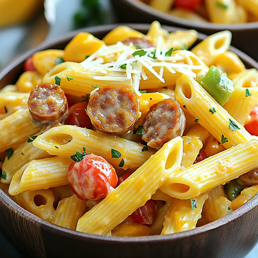 To make One-Pot Creamy Cajun Sausage Pasta, you will need: - 12 oz penne pasta - 1 lb smoked sausage, sliced - 1 tablespoon olive oil - 1 small onion, diced - 2 cloves garlic, minced - 1 bell pepper (red or green), diced - 1 cup cherry tomatoes, halved - 2 cups chicken broth - 1 cup heavy cream - 1 tablespoon Cajun seasoning - 1 cup shredded cheddar cheese - Salt and pepper to taste - Chopped fresh parsley for garnish If you need alternatives for some ingredients, here are a few options: - Penne pasta: You can use rotini or fusilli if you prefer. - Smoked sausage: Try turkey sausage or chicken sausage for a lighter version. - Heavy cream: Substitute with half-and-half or coconut milk for a dairy-free option. - Cajun seasoning: Make your own with paprika, cayenne, garlic powder, and oregano. - Cheddar cheese: Use mozzarella or pepper jack for different flavors. To prepare this dish, gather these essential tools: - Large pot or Dutch oven - Cutting board and sharp knife - Wooden spoon or spatula - Measuring cups and spoons - Ladle for serving These tools will help you create this delicious meal with ease. Enjoy the process of making this creamy delight! Start by heating the olive oil in a large pot over medium heat. Add the sliced smoked sausage. Cook for about 5 minutes, stirring often. You want it browned and tasty. Once done, remove the sausage and set it aside. This step adds depth to your dish. In the same pot, toss in the diced onion and bell pepper. Sauté for 3 to 4 minutes. You’re looking for them to soften up a bit. Then, mix in the minced garlic. Cook for another minute. You should smell a wonderful aroma! Now, add the penne pasta to the pot. Pour in the chicken broth, add the Cajun seasoning, and mix in the halved cherry tomatoes. Stir well to combine everything. Bring it to a boil, then lower the heat to medium-low. Cover the pot and cook according to the pasta package, usually about 12 to 14 minutes. Stir occasionally so it doesn’t stick. Once the pasta is cooked and most of the broth is absorbed, stir in the heavy cream and shredded cheddar cheese. Mix until the cheese melts and the sauce looks creamy. If it's too thick, add a splash of chicken broth to thin it out a bit. This is where the magic happens! Return the browned sausage to the pot. Stir until everything is heated through. Taste and season with salt and pepper as needed. For a nice touch, serve in bowls and top with freshly chopped parsley. You can even sprinkle more cheese on top for extra flavor! To make your dish pop, use fresh herbs. Chopped parsley adds brightness. You can also try fresh basil or thyme. They bring extra depth. Don't forget to taste as you cook. Adjust salt and pepper to suit your taste. A splash of lemon juice can brighten the dish too! For the best creaminess, use full-fat heavy cream. It blends well with the cheese. If you want more creaminess, add a bit of cream cheese. Stir it in when you add the heavy cream. This will give you an even richer sauce. Always mix well to combine everything smoothly. One common mistake is overcooking the pasta. Follow the package time, but check it a minute early. You want it al dente, not mushy. Another error is adding cheese too soon. Wait until the pasta absorbs most of the broth. This helps achieve a creamy texture without clumps. Lastly, don’t skip the seasoning. It’s key to a tasty dish! {{image_2}} To make a vegetarian version of this dish, swap the sausage for plant-based sausage. You can also add more veggies like mushrooms, zucchini, or spinach. Use vegetable broth instead of chicken broth. This keeps the creamy texture while adding great flavor. If you like heat, add some diced jalapeños or red pepper flakes. You can use a spicier Cajun seasoning as well. This twist gives the dish an exciting kick. Adjust the heat to suit your taste. While penne works well, feel free to try other pasta shapes. Fusilli or farfalle are great options. Each shape holds the sauce differently, which can change your dish's texture. Experiment to find your favorite. After enjoying your One-Pot Creamy Cajun Sausage Pasta, let it cool. Transfer leftovers to an airtight container. Store in the fridge for up to three days. This helps keep the flavors fresh and tasty. To reheat, place the pasta in a pot over medium heat. Add a splash of chicken broth to help it warm up. Stir regularly to prevent sticking. You can also use a microwave. Heat in short bursts, stirring in between. If you want to freeze your pasta, let it cool completely. Place it in a freezer-safe container. It will last up to three months in the freezer. When ready to eat, thaw in the fridge overnight. Reheat as mentioned above for best results. Yes, you can use different sausages. Chicken sausage, turkey sausage, or even vegetarian sausage work well. Each type adds its own flavor. Just make sure to adjust cooking times if needed. Yes, you can make this dish gluten-free. Use gluten-free penne pasta. It cooks similarly to regular pasta. Check the package for cooking times. The rest of the ingredients are naturally gluten-free. To add heat, increase the Cajun seasoning. You can also add red pepper flakes. Another option is to include diced jalapeños or a splash of hot sauce. Adjust the spice to your taste. Feel free to add any veggies you like! Spinach, zucchini, or mushrooms fit well. Just sauté them with the onions and peppers. This boosts flavor and adds nutrition. Yes, half-and-half can replace heavy cream. Your sauce will be less rich but still creamy. If you want more thickness, add a little extra cheese. This keeps the dish flavorful and satisfying. This blog covered key ingredients for easy cooking. I shared ingredient swaps and tools you need. We went through step-by-step ways to cook each dish, making it creamy and tasty. I also added tips to boost flavor and avoid mistakes. You can explore fun variations, storage methods, and answers to common questions. Cooking can be simple and fun. I hope you feel ready to try your own dishes!
