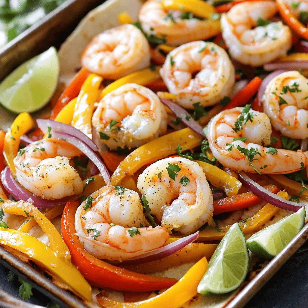 - 1 lb large shrimp, peeled and deveined - 1 red bell pepper, sliced - 1 yellow bell pepper, sliced - 1 red onion, sliced - 4 cloves garlic, minced - 3 tablespoons olive oil - 2 tablespoons fresh lemon juice - Zest of 1 lemon - 1 teaspoon ground cumin - 1 teaspoon smoked paprika - 1/2 teaspoon chili powder - Salt and pepper to taste The main ingredients for this dish are fresh and vibrant. The shrimp gives a nice protein boost. Bell peppers add color and crunch. The red onion brings a slight sweetness. Garlic enhances the aroma and flavor. The olive oil helps everything cook nicely and adds richness. Lemon juice and zest bring brightness. Spices like cumin and smoked paprika add depth. Salt and pepper round out the taste. - Fresh cilantro for topping - Lime wedges for serving For garnishes, fresh cilantro adds a burst of flavor. It looks great on top of the fajitas. Lime wedges give a zesty kick when squeezed over the dish. These garnishes make each bite more exciting. - Different types of tortillas for serving Tortillas are the perfect base for your fajitas. You can use flour or corn tortillas, depending on your taste. Flour tortillas are soft and chewy. Corn tortillas are gluten-free and have a nice texture. Choosing your favorite makes the meal more enjoyable. 1. Preheat your oven to 400°F (200°C). This hot oven helps cook the shrimp fast. 2. Line a large baking sheet with parchment paper. This keeps everything from sticking. 1. In a big bowl, combine the shrimp, sliced bell peppers, and sliced onion. Make sure they mix well. 2. In a small bowl, whisk together the minced garlic, olive oil, lemon juice, lemon zest, cumin, smoked paprika, chili powder, salt, and pepper. This creates a tasty marinade. 1. Pour the marinade over the shrimp and veggies. Toss everything together until each piece is coated. 2. Spread the shrimp and vegetables evenly on the lined baking sheet. Make sure they are in a single layer. 3. Bake in the preheated oven for 10-12 minutes. Check if the shrimp are pink and opaque, and the veggies are tender. Enjoy the smell! To make your shrimp taste great, start with the marinade. Use fresh lemon juice and zest to bring a bright flavor. Let the shrimp and veggies soak in the marinade for at least 15 minutes. If you have time, marinate them for up to an hour. This will deepen the flavor. Adjust the cooking time based on your oven. Check the shrimp after 10 minutes. If they are not pink and opaque, give them a few more minutes. Keep a close eye to avoid overcooking. For a stunning serve, arrange shrimp and veggies in a colorful way. Place the shrimp in the center and pile the veggies around them. This makes the dish look inviting. Warm tortillas add to the meal. Wrap them in a clean towel when serving. This keeps them soft and warm. Serve lime wedges on the side for extra zest. Use a large, heavy-duty sheet pan for even cooking. This helps the shrimp and veggies cook well without sticking. A good spatula is key for serving. Use it to scoop the fajitas onto plates. A mixing bowl for the marinade is also essential. It makes mixing easy and mess-free. {{image_2}} You can easily swap shrimp for chicken or tofu. Chicken thighs work well and stay juicy. Just cut the chicken into bite-sized pieces. For tofu lovers, use firm or extra-firm tofu. Press it to remove water, then cut it into cubes. Both options will absorb the flavors nicely. You can also try other seafood options. Fish like cod or tilapia can be great. Just make sure to adjust the cooking time. Fish cooks faster than shrimp, so keep an eye on it. Feel free to add more veggies! Zucchini, mushrooms, or corn can make the dish colorful and tasty. Slice them thin so they cook evenly. You can also use your favorite veggies. Don't be afraid to get creative based on what you have at home. If you prefer a bit of crunch, try adding snap peas or broccoli. These veggies add a fun texture. Mix and match to find your perfect blend. Want more heat? Add jalapeños or crushed red pepper flakes. This will spice up your fajitas quickly. If you like a milder taste, just skip the chili powder. For a unique twist, consider adding lime zest or fresh herbs like oregano. These will bring a fresh taste to the dish. You can also experiment with different spices, like curry powder or coriander, for new flavors. After making shrimp fajitas, store leftovers in an airtight container. This helps keep them fresh. Cool the fajitas to room temperature before sealing. Place them in the fridge for up to three days. To keep tortillas fresh, wrap them in foil or plastic wrap. Store them in the fridge, and they will stay soft and tasty. To reheat shrimp fajitas, use the oven or a skillet. Preheat the oven to 350°F (175°C). Spread the fajitas on a baking sheet. Heat for about 10 minutes. If using a skillet, warm it over medium heat. Add a splash of oil and sauté until hot. This method keeps the shrimp juicy and the veggies crisp. Yes, you can freeze shrimp fajitas. To do this, let them cool completely. Place them in a freezer-safe bag or container. Remove as much air as possible to prevent freezer burn. They can last for up to three months. To thaw, move them to the fridge overnight. For quick thawing, use the microwave on low power, then reheat as mentioned. This recipe takes just 25 minutes total. Here’s the breakdown: - Prep time: 10 minutes - Cooking time: 10-12 minutes You can quickly chop the veggies and mix the marinade. In no time, your shrimp fajitas will be ready. Yes, you can prep the shrimp and veggies ahead of time. - Store the chopped veggies and shrimp in the fridge for up to 24 hours. - Keep the marinade separate until you're ready to cook. This way, you save time and have fresh flavors when you’re ready to bake. There are many tasty sides to pair with your shrimp fajitas: - Rice: Cilantro lime rice adds a nice touch. - Beans: Black beans or refried beans work well. - Guacamole: Creamy guacamole enhances the flavors. - Salsa: Fresh salsa brings brightness to your meal. Feel free to mix and match to create a fun, delicious spread! To sum up, this article guides you through making delicious shrimp fajitas. You learned about key ingredients like shrimp, peppers, and spices, plus optional garnishes like cilantro and lime. I shared step-by-step instructions for cooking and tips for flavor and presentation. You can also explore variations like using chicken or extra veggies. With proper storage and reheating advice, you’ll enjoy your fajitas later. Embrace these ideas, and make your fajitas exciting and tasty every time you cook!