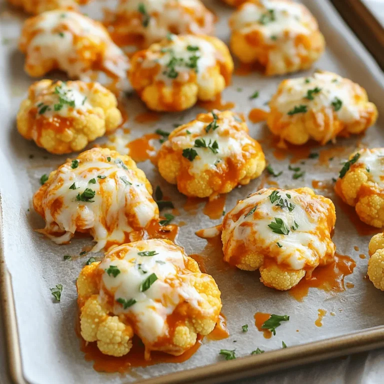 - 1 medium head of cauliflower - 1 cup shredded mozzarella cheese - 1/2 cup grated parmesan cheese - 1/2 cup all-purpose flour - 1/2 teaspoon garlic powder - 1/2 teaspoon onion powder - 1/2 teaspoon smoked paprika - 1 cup buttermilk or non-dairy milk substitute - 1/2 cup buffalo sauce - Salt and pepper to taste - Fresh parsley for garnish For Cheesy Buffalo Cauliflower Bites, I love using fresh, high-quality ingredients. The heart of this dish is the cauliflower. Choose a medium head, and cut it into bite-sized florets for the best texture. The cheese mix is key; I use one cup of shredded mozzarella and half a cup of grated parmesan. Together, they create a rich, gooey topping. Next, I prepare the batter. I mix half a cup of all-purpose flour with spices: half a teaspoon each of garlic powder, onion powder, and smoked paprika. This blend gives the bites a savory kick. I also season with salt and pepper. For the sauce, I recommend one cup of buttermilk or a non-dairy milk substitute mixed with a tablespoon of vinegar. This helps the batter stick. The buffalo sauce, at half a cup, adds that iconic spicy flavor. Don’t forget to adjust the sauce to your taste! Finally, I love to sprinkle fresh parsley on top for a pop of color and freshness. - Preheat the oven to 425°F (220°C). - Line a baking sheet with parchment paper. - In a large bowl, mix flour, garlic powder, onion powder, smoked paprika, salt, and pepper. - Dip each cauliflower floret into buttermilk. Let any extra liquid drip off. Then, coat it with the flour mixture. Make sure each floret is covered well. Place them on the prepared baking sheet. - Bake the cauliflower for 20 minutes. Remember to flip them halfway through to ensure even cooking. They should be golden and crispy. - While the cauliflower bakes, mix the melted mozzarella and parmesan cheese in a bowl. - After 20 minutes, take the cauliflower out of the oven. Pour buffalo sauce over the bites. Toss gently to coat them evenly. - Sprinkle the cheese mixture over the cauliflower. Return it to the oven for another 10-15 minutes. Watch for the cheese to melt and bubble. - Once done, take them out and let them cool slightly. Garnish with chopped parsley before serving. These steps will guide you to make a tasty and fun snack! Enjoy the savory flavor hit of cheesy buffalo cauliflower bites. To make your cauliflower bites crispy, start by drying the florets well. This helps the coating stick better. After washing, use a clean towel to pat them dry. For even baking, spread the coated florets apart on the baking sheet. This allows hot air to flow around each piece. Flipping them halfway through cooking ensures they brown evenly. For that gooey, stretchy cheese, use mozzarella and parmesan. Mozzarella melts smoothly, while parmesan adds a nice flavor. Grate both cheeses finely for best results. When you add cheese, make sure the cauliflower is hot. This helps the cheese melt quickly and become bubbly. Adjusting buffalo sauce to your taste is easy. Start with half a cup, then taste. If you want more heat, add more sauce. For extra flavor, consider adding spices like cayenne or smoked paprika to the flour mix. Fresh herbs, like cilantro or chives, can also boost the taste. These small changes can take your bites to the next level. {{image_2}} You can make these bites vegan easily. Start by swapping the buttermilk. Use non-dairy milk mixed with 1 tablespoon of vinegar. This works well and keeps the flavor. Next, replace mozzarella and parmesan with vegan cheese alternatives. There are many good options available now. Look for ones that melt well for that cheesy goodness. If you like heat, change up the hot sauce. Different brands offer unique flavors. You can also add spices to the flour mix. Try cayenne pepper or chili powder for an extra kick. This lets you control the spice level to your liking. Don’t stop at just cheese. You can add more garnishes. Fresh herbs like cilantro or chives work great. For dips, try ranch or blue cheese dressing. Salsas also pair well with these bites. They add a fresh twist and enhance the flavor. To keep your Cheesy Buffalo Cauliflower Bites fresh, store them in an airtight container. This helps prevent them from getting soggy. Place the container in the fridge within two hours of cooking. These bites are best eaten within three to four days. After that, they may lose their crunch and flavor. For reheating, use an oven or air fryer to keep the bites crispy. Preheat your oven to 350°F (175°C) and bake for about 10 minutes. If using an air fryer, cook them at 350°F (175°C) for 5-7 minutes. Avoid microwaving, as it makes them soft. You can freeze the bites for up to three months. Just make sure to let them cool completely before freezing. To reheat from frozen, follow the same oven or air fryer method. These bites are great for parties and gatherings. Prepare them ahead of time to save effort on the day. You can batch cook and store them in the fridge or freezer. For easy reheating, portion the bites into smaller containers. This way, you can quickly grab a serving whenever you want a tasty snack. Cheesy Buffalo Cauliflower Bites can last about 3 to 4 days in the fridge. Make sure to store them in an airtight container. This keeps them fresh and helps avoid sogginess. Yes, you can prep these bites ahead of time. Coat the cauliflower florets and store them in the fridge. Bake them just before serving. This way, you have a hot snack ready in no time. Some tasty dipping sauces include ranch, blue cheese, or a creamy garlic sauce. These add a nice contrast to the spicy buffalo flavor. You can also try a tangy yogurt sauce for a refreshing twist. Yes, you can freeze them. Freeze the uncooked coated florets on a baking sheet. Once frozen, transfer them to a bag. They can last up to 2 months in the freezer. Bake them straight from the freezer; just add a few extra minutes to the cooking time. These bites pair well with celery sticks, carrot sticks, or a light salad. They make a great appetizer for game day or any party. Friends and family will love the flavors and textures. In this post, we explored how to make Cheesy Buffalo Cauliflower Bites. We covered the key ingredients, step-by-step instructions, tips for success, and tasty variations. Whether you choose to go vegan or spice it up, these bites are a hit. Storing and reheating them properly ensures they stay delicious. Try different flavors and enjoy these bites at your next gathering. You now have the tools to create a crowd-pleaser that everyone will love. Make sure to share your creations!