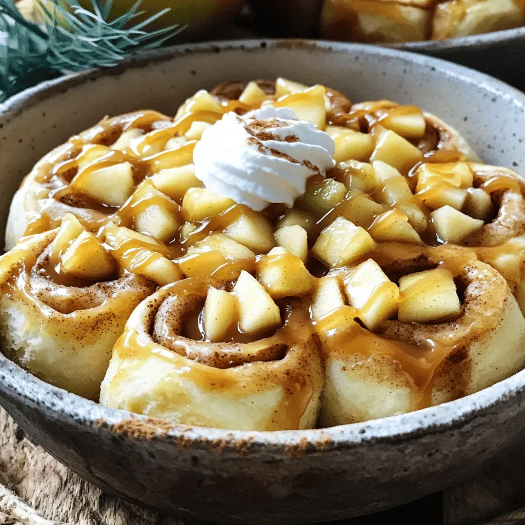 - 2 cans (8 oz each) refrigerated cinnamon rolls - 2 medium apples, peeled and diced (preferably Granny Smith) - 1/2 cup packed brown sugar - 1/4 cup butter, melted - 1 teaspoon ground cinnamon - 1/4 teaspoon nutmeg - 1/2 cup caramel sauce (homemade or store-bought) - Optional: Whipped cream for serving For this recipe, we will use simple ingredients that you can find easily. The star here is the cinnamon rolls. They provide a soft, fluffy base. The apples add a nice tart flavor, especially if you choose Granny Smith. The brown sugar and spices create a sweet, warm taste. The caramel sauce ties everything together, making it extra delicious. You can also customize the toppings. Whipped cream adds a lovely touch. You can use store-bought caramel sauce for ease or make your own for a fun twist. Each bite will be a mix of sweet, tart, and a hint of spice, perfect for any occasion. - Preheat your oven to 375°F (190°C). Grease a 9x13 inch baking dish with non-stick spray. - In a mixing bowl, combine 2 diced apples, 1/2 cup brown sugar, 1/4 cup melted butter, 1 teaspoon ground cinnamon, and 1/4 teaspoon nutmeg. Mix well and set aside. - Open 2 cans of refrigerated cinnamon rolls. Cut each roll into quarters. Place the quartered rolls in the greased baking dish. - Evenly distribute the apple mixture over the cinnamon rolls. Ensure every piece has some apples. - Drizzle 1/2 cup of caramel sauce generously over the mixture. This adds great flavor. - Bake in the preheated oven for 25-30 minutes. Check for doneness when the rolls are golden brown. - Once baked, remove from the oven and let it cool for about 5 minutes. Serve warm for the best taste. - For extra sweetness, drizzle more caramel sauce on top. You can also add whipped cream for a nice touch. You can change the type of apples for different tastes. Granny Smith apples give a nice tartness. If you want sweetness, try Honeycrisp or Fuji apples. They add a sweet twist. You can also add spices for extra flavor. Try ginger or allspice along with cinnamon. A pinch of cloves can also brighten the dish. These swaps make your bake unique. To ensure even cooking, spread the cinnamon rolls evenly in the dish. Make sure they are not too crowded. This helps them brown nicely. Check for doneness by inserting a toothpick. If it comes out clean, your bake is ready. If not, give it a few more minutes. Serve the bake warm in bowls. Drizzle more caramel sauce on top for extra sweetness. You can also add a dollop of whipped cream. This makes it look fancy and inviting. For a fun twist, sprinkle chopped nuts on top. Walnuts or pecans add crunch and flavor. Serve it with coffee or tea for a perfect treat. {{image_2}} You can change the flavor and texture of your caramel apple cinnamon roll bake. Adding nuts gives a nice crunch. I suggest walnuts or pecans. Just chop them up and sprinkle them over the apple mixture. This adds a great texture and flavor. You can also use different sauces. Try chocolate or butterscotch instead of caramel. Each sauce brings a new twist to this tasty dish. If you need gluten-free options, look for gluten-free cinnamon rolls. Many brands offer them now. They work just as well in this recipe. For a vegan version, you can swap butter with coconut oil or vegan butter. You can also use a vegan caramel sauce. These changes make the recipe fit different diets while keeping it delicious. You can easily adapt this recipe for holidays. For Thanksgiving, add extra spices like cloves or allspice for warmth. At Christmas, use cranberries for a tart touch. Seasonal fruits, like pears or peaches, also work well. Just peel and dice them like the apples. This way, you enjoy a new flavor each season while celebrating special times. To keep your caramel apple cinnamon roll bake fresh, store leftovers in the fridge. Place the dish in an airtight container or cover it tightly with plastic wrap. This dish stays fresh for up to three days when stored properly. If you want to enjoy this bake later, freezing is a great option. Cut it into individual portions. Wrap each piece in plastic wrap, then place them in a freezer-safe bag. This way, it can last for up to three months. To reheat, let it thaw overnight in the fridge. Then, warm it in the oven at 350°F (175°C) for about 15 minutes. This helps keep the texture and flavor intact. After storage, revive the flavor by warming it up. Add a drizzle of fresh caramel sauce for extra sweetness. You can also serve it with whipped cream to enhance the taste. Always check that it is heated through before serving. Enjoy your delicious treat! Can I make this recipe ahead of time? Yes, you can prepare the apple mixture and cut the cinnamon rolls. Store them in the fridge overnight. The next day, just assemble and bake! How can I make it a breakfast dish? Serve it warm with whipped cream and fresh fruit. You can also add nuts for crunch. This makes it feel special for breakfast. What is the best way to warm it up? You can reheat in the microwave for about 20 seconds. If you prefer the oven, warm it at 350°F for about 10 minutes. Why are my rolls not cooking through? This can happen if your oven temperature is too low. Always preheat your oven and check with a toothpick. If it comes out clean, the rolls are done. Can I use a different baking dish size? Yes, but keep in mind that a smaller dish may require longer bake time. A larger dish will cook faster, so adjust your time as needed. Can I use store-bought caramel sauce? Absolutely! Store-bought caramel sauce saves time and tastes great. Just drizzle it on top before baking. What type of apples are best for baking? Granny Smith apples are perfect for baking. Their tartness balances the sweetness of caramel and brown sugar. You can also mix in sweeter apples for more flavor. In this blog post, we explored a delicious apple cinnamon roll recipe. We listed key ingredients, provided clear steps for preparation and baking, and shared useful tips for variations and storage. You can make this dish your own with simple tweaks. Remember, it's all about flavors and creativity. Don't hesitate to try new ingredients or present it uniquely. With these ideas, you can impress your friends and family. Enjoy your baking adventure!