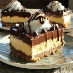 To make the No Bake Chocolate Peanut Butter Cheesecake, you need several key ingredients. Here’s what you will need: - 1 cup digestive biscuits or graham cracker crumbs - 1/2 cup unsalted butter, melted - 1 cup cream cheese, softened - 1 cup smooth peanut butter - 1/2 cup powdered sugar - 1 teaspoon vanilla extract - 1 cup heavy whipping cream - 1/2 cup semi-sweet chocolate chips (for melting) - 1/4 cup chocolate chips (for garnish) Each ingredient plays a vital role in creating this delight. The digestive biscuits or graham crackers form the crust. The melted butter binds them well. Cream cheese and peanut butter create a rich and creamy filling. Powdered sugar adds sweetness, while vanilla enhances flavor. Heavy whipping cream gives the cheesecake its light texture. Semi-sweet chocolate makes it extra indulgent and delicious. Finally, the extra chocolate chips serve as a fun garnish. Gather these ingredients before you start. This will make your baking process smooth and enjoyable. Each step is simple, and having everything ready helps you focus on the fun part: creating a delicious dessert! To start, you need to mix the biscuit crumbs with the melted butter. In a medium bowl, combine 1 cup of digestive biscuit crumbs and 1/2 cup of unsalted butter. Stir until all the crumbs get coated. This mixture will be your crust. Next, you’ll form the crust. Press the crumb mixture firmly into the bottom of a 9-inch springform pan. Use the back of a spoon to pack it tightly. Once it looks even, place the pan in the fridge. This helps set the crust while you prepare the filling. Now, let's make the cheesecake filling. In a large mixing bowl, combine 1 cup of softened cream cheese, 1 cup of smooth peanut butter, 1/2 cup of powdered sugar, and 1 teaspoon of vanilla extract. Beat these together until smooth and creamy. Next, you will whip the heavy cream. In a separate bowl, whip 1 cup of heavy whipping cream until stiff peaks form. Gently fold this whipped cream into the peanut butter mixture. Be careful not to deflate the whipped cream. For the final assembly, start by melting the chocolate. In a small bowl, microwave 1/2 cup of semi-sweet chocolate chips in 20-second intervals. Stir until the chocolate is melted and smooth. Let it cool slightly. Now, fold the melted chocolate into the cheesecake mixture. Make sure it’s evenly mixed. Pour the cheesecake filling over the chilled crust. Spread it evenly with a spatula. Finally, cover the cheesecake with plastic wrap and refrigerate for at least 4 hours. For the best results, chill it overnight. Enjoy your delicious creation! - Ensuring cream cheese is softened: Start with cream cheese at room temperature. This helps it blend smoothly. Cold cream cheese makes it hard to mix. Let it sit out for about 30 minutes before use. - Properly whipping the heavy cream: Whip the cream until it forms stiff peaks. This adds fluffiness to your cheesecake. Be gentle when folding it into the mixture. This keeps the air in, making the cheesecake light. - Serving ideas and garnish options: Slice the cheesecake into wedges for serving. Place them on individual plates for a nice touch. - Chocolate drizzle and crushed peanuts: Drizzle melted chocolate on top before serving. Sprinkle crushed peanuts for added crunch and beauty. This makes the cheesecake look extra special. - Overmixing the cheesecake filling: Mix just until smooth. Overmixing can lead to a runny texture. This can ruin the perfect cheesecake. - Not chilling adequately: Chill the cheesecake for at least four hours. For best results, chill overnight. This helps the flavors meld and the texture set perfectly. {{image_2}} You can switch up the nut butter in this cheesecake. Try almond or cashew butter for a new taste. Each nut butter brings its own flavor. You can also swap the chocolate. Use dark chocolate for a richer taste or white chocolate for a sweeter treat. Each choice offers a fun twist on the classic recipe. If you need a gluten-free crust, use gluten-free biscuits. They work just as well and taste great. For a dairy-free version, use dairy-free cream cheese and coconut cream instead of heavy cream. This keeps the cheesecake creamy without dairy. These swaps make the cheesecake friendly for various diets. Serve this cheesecake with fresh fruits like strawberries or raspberries. They add a nice tartness to balance the rich flavors. You can also drizzle chocolate sauce or caramel sauce on top. For a fun twist, make mini cheesecake bites. Use a muffin tin for small servings that are perfect for parties. To keep your cheesecake fresh, store leftovers in the fridge. Place it in an airtight container. If you have a slice or two left, use plastic wrap to cover it well. You can also freeze the cheesecake for longer storage. Cut it into slices, wrap each slice in plastic wrap, and place them in a freezer-safe bag. This way, you can enjoy it later! In the fridge, your cheesecake lasts about five days. After that, the taste and texture may change. Look for signs of spoilage, like a sour smell or a change in color. If you see any mold, it’s best to toss it out. When you’re ready to serve, take the cheesecake out of the fridge. Let it sit for about 15 minutes at room temperature. This helps bring back the creamy texture. If you froze it, move it to the fridge overnight to thaw. Once thawed, you can add a drizzle of melted chocolate or whipped cream for extra flair! Yes, you can make this cheesecake ahead of time. I often prepare it the day before serving. The recommended chilling time is at least 4 hours. For the best texture, chill it overnight. This allows the flavors to meld and the cheesecake to set well. Yes, you can substitute ingredients if needed. For a dairy-free version, use plant-based cream cheese and nut butters. You can also use coconut cream instead of heavy whipping cream. For a gluten-free option, swap the digestive biscuits with gluten-free graham crackers. You can tell the cheesecake is set when it feels firm to the touch. It should not jiggle in the center. The texture will be smooth and creamy, not runny. If it holds its shape when cut, it's ready to serve. You have a few options for chocolate types. You can use dark chocolate for a richer taste. Milk chocolate gives a sweeter flavor. If you want something different, try white chocolate or even carob chips for a unique twist. This blog post detailed how to make a delicious cheesecake. We covered the needed ingredients, step-by-step instructions, and helpful tips. You learned about variations for different tastes and dietary needs. We also discussed the best ways to store your cheesecake. In the end, enjoy creating your own tasty dessert, tailored to your preferences. With practice, you’ll master this recipe and impress your friends and family. Happy baking!