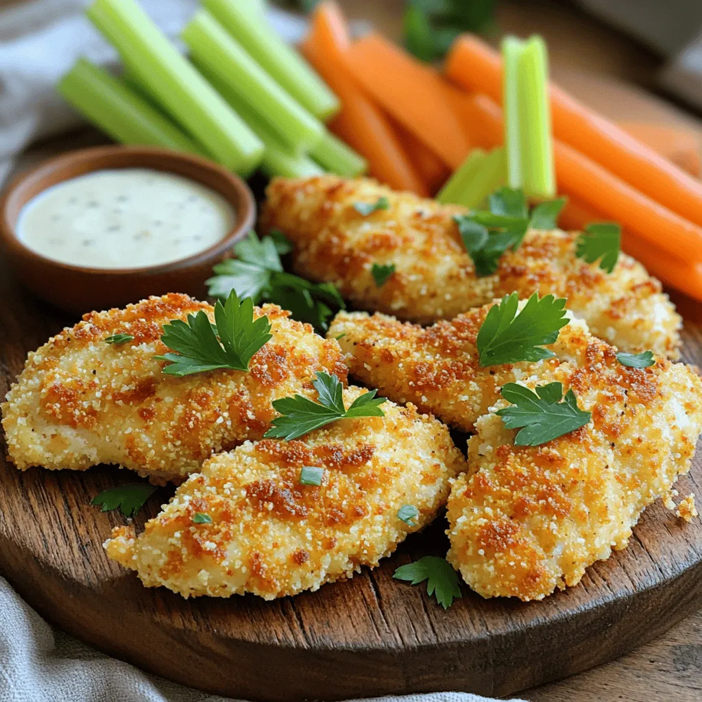 To make Air Fryer Crispy Ranch Chicken Tenders, gather these ingredients: - 1 lb chicken tenderloins - 1 cup buttermilk - 1 packet ranch seasoning mix - 1 cup breadcrumbs (preferably panko for extra crunch) - 1/2 cup grated Parmesan cheese - 1 teaspoon garlic powder - 1 teaspoon onion powder - Salt and pepper to taste - Cooking spray (to prevent sticking) I recommend using these brands for the best results: - Buttermilk: Organic Valley or any local dairy brand - Ranch Seasoning: Hidden Valley is a classic choice - Breadcrumbs: Kikkoman Panko for great crunch - Parmesan Cheese: Kraft or Grana Padano for rich flavor You can swap some ingredients if needed: - Chicken tenderloins: Use chicken breasts cut into strips - Buttermilk: Mix milk with a splash of vinegar or lemon juice - Ranch seasoning: Create your own with dried herbs and spices - Breadcrumbs: Use crushed cornflakes for a unique crunch - Parmesan cheese: Substitute with any hard cheese you enjoy Using these ingredients will set you up for success with your crispy ranch chicken tenders! To start, you need to prepare the buttermilk marinade. In a medium bowl, mix 1 cup of buttermilk with half a packet of ranch seasoning. Use a whisk to blend them well. This mix adds flavor and moisture. Next, add 1 pound of chicken tenderloins to the bowl. Make sure the chicken is fully covered. Cover the bowl and place it in the fridge. Let the chicken soak for at least 30 minutes. For better taste, you can marinate it for up to 2 hours. After marinating, it’s time to coat the chicken. In a separate bowl, combine 1 cup of breadcrumbs, 1/2 cup of grated Parmesan cheese, and the remaining ranch seasoning. Add 1 teaspoon of garlic powder and 1 teaspoon of onion powder to the mix. Season with salt and pepper to your taste. Mix everything until it is well combined. Take the chicken from the fridge. Allow any excess buttermilk to drip off. Next, dredge each tender in the breadcrumb mix. Press down lightly to ensure an even coating. Now, let’s cook the chicken tenders in the air fryer. First, preheat the air fryer to 400°F (200°C). This takes about 5 minutes. Once heated, place the breaded chicken tenders in the air fryer basket. Make sure they are in a single layer. Lightly spray the tops with cooking spray. This helps them turn golden and crispy. Cook the tenders for 10-12 minutes. Flip them halfway through cooking. They are done when they are golden brown and reach an internal temperature of 165°F (75°C). After cooking, let the chicken rest for a couple of minutes before serving. To make your chicken tenders extra crispy, use panko breadcrumbs. They create a light and crunchy texture. Coat the tenders evenly, pressing the breadcrumbs on well. A light spray of cooking oil helps achieve a golden finish. Preheat your air fryer to 400°F before cooking. This step ensures even cooking and crispiness. Don’t skip the buttermilk marinade. It adds flavor and keeps the chicken moist. Make sure the chicken is dry before you coat it. Excess liquid can make the coating soggy. Avoid overcrowding the air fryer basket. Cook in batches if needed for the best results. This allows hot air to circulate around each tender. Cook the chicken tenders at 400°F for 10-12 minutes. Flip them halfway through for even cooking. Always check the internal temperature. It should reach 165°F to ensure the chicken is safe to eat. If your tenders are thick, add an extra minute or two. {{image_2}} To spice up your chicken tenders, add some heat. You can mix in cayenne pepper or chili powder with the ranch seasoning. Start with half a teaspoon and adjust to your taste. This gives the tenders a nice kick. You can even add hot sauce to the buttermilk marinade for extra flavor. Just remember, a little goes a long way! For a low-carb version, you can swap breadcrumbs with almond flour or crushed pork rinds. This keeps the crunch without the carbs. To make it gluten-free, use gluten-free breadcrumbs. These alternatives taste great and let you enjoy the tenders without worry. You can also bake the tenders instead of using the air fryer, keeping them light and crispy. Herbs and spices can take your chicken tenders to the next level. Try adding dried herbs like oregano, thyme, or rosemary to the breadcrumb mix. Fresh herbs like parsley or cilantro can enhance the flavor, too. You can also add lemon zest for a fresh twist. Mix and match herbs to suit your taste. Each option adds a unique touch to this classic dish. After enjoying your air fryer crispy ranch chicken tenders, store any leftovers in an airtight container. This keeps them fresh and tasty. Make sure to let them cool down before sealing. They can last in the fridge for up to three days. If you want to keep them longer, consider freezing them. To reheat your chicken tenders while keeping them crispy, use the air fryer again. Set it to 350°F (175°C). Place the tenders in the basket in a single layer. Heat them for about 5-8 minutes. This method keeps the coating crunchy and the chicken juicy. You can also use an oven. Just preheat it to 375°F (190°C) and bake for 10-12 minutes. Freezing chicken tenders is easy and smart. To freeze them, first, let the cooked tenders cool completely. Then, place them in a freezer bag or container. Remove as much air as possible to avoid freezer burn. They can last up to three months in the freezer. When you’re ready to eat, just reheat them using the air fryer for that perfect crunch. Yes, you can use frozen chicken tenderloins. Make sure to thaw them first. Thawing helps the buttermilk soak in better. This way, you get more flavor. If you don’t have time, you can cook them straight from frozen. Just add a few extra minutes to the cooking time. The best air fryer temperature for chicken tenders is 400°F (200°C). This high heat helps make the outside crispy. The inside cooks through without drying out. Preheating your air fryer for about 5 minutes is key. This ensures even cooking and great texture. You can tell if chicken tenders are cooked by checking the internal temperature. It should reach 165°F (75°C). A meat thermometer is the best tool for this. If you don’t have one, cut into a tender. The meat should be white, with no pink. This blog post guides you through making delicious chicken tenders. We covered ingredients, step-by-step cooking, and smart tips to ensure a crispy finish. I shared tasty variations, storage tips, and answered common questions to make sure you succeed. With these insights, you can enjoy great meals. Now, you’re ready to create your own chicken tenders. Enjoy the process and the tasty results!