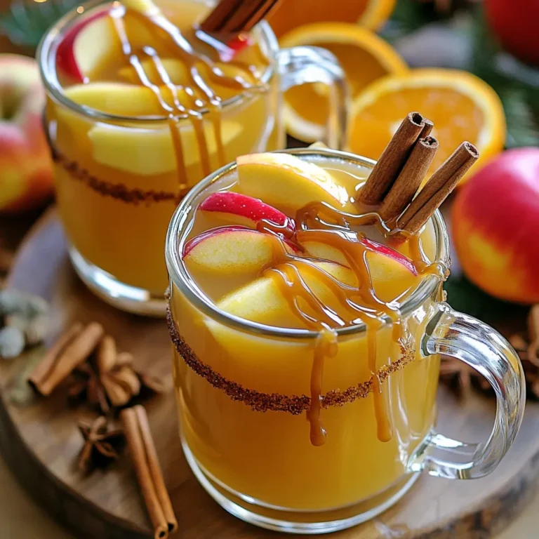 - 6 cups apple cider - 1 cup caramel sauce (plus extra for drizzling) - 1 cup orange juice For this punch, apple cider is your base. It gives that sweet and tangy flavor we love in fall. Caramel sauce adds richness and sweetness. You can use store-bought or homemade for this drink. Orange juice brightens up the punch and adds citrus notes. - 1 teaspoon ground cinnamon - 1/2 teaspoon ground nutmeg - 1/4 teaspoon ground ginger - 4 whole cloves - 1 star anise (optional) Spices are key to this recipe. Ground cinnamon gives warmth. Nutmeg adds depth and a soft spice. Ginger brings a hint of heat, while whole cloves offer a bold aroma. If you want a little more flavor, toss in a star anise. It has a sweet, licorice-like taste. - Cinnamon sticks - Sliced apples and oranges Garnishes make a drink look great! Use cinnamon sticks for stirring and a pretty touch. Sliced apples and oranges not only look nice but also add extra flavor. They make your drink even more festive. Start by taking a large pot. Add 6 cups of apple cider, 1 cup of caramel sauce, and 1 cup of orange juice. Mix these liquids well using a wooden spoon. Stir until the caramel blends smoothly into the cider. Next, we bring in the spices. Add 1 teaspoon of ground cinnamon, 1/2 teaspoon of ground nutmeg, and 1/4 teaspoon of ground ginger. Don’t forget the 4 whole cloves. If you like, toss in 1 star anise for extra flavor. Stir the pot again to mix all the spices evenly into the liquid. Now, place the pot over medium heat. Watch for it to simmer. This should take a few minutes. Once it simmers, lower the heat and let it cook for about 15 minutes. This time helps the flavors blend well. After 15 minutes, take a taste. If you want it sweeter, add more caramel sauce. To keep it smooth, strain the punch through a fine mesh sieve. This will remove the whole spices. Serve the warm punch in heat-proof mugs or glasses. Drizzle a little extra caramel sauce on top if you like. For garnish, add a cinnamon stick and a few slices of fresh apples and oranges. This makes your drink look festive and inviting! To make your drink just right, you can adjust the sweetness. If you want it sweeter, add more caramel sauce. Start with a small amount and taste as you go. You can also add flavors like vanilla or even a splash of rum for a twist. Try using different spices, too! Cardamom or allspice can add a special touch. When serving warm drinks, choose heat-proof mugs or glasses. They keep the drink hot and look nice. You can get creative with garnishes. Add a cinnamon stick for stirring or a slice of apple on the rim. A sprinkle of nutmeg can also make it more festive. To prevent burning while simmering, keep the heat low and stir often. This helps all the flavors blend without sticking. For a smooth drink, strain it through a fine mesh sieve. This removes whole spices and keeps your punch silky. Avoid adding too many spices, as they can make the drink gritty. {{image_2}} You can make this punch even more fun by adding spirits. Rum or bourbon pairs well with the sweet apple cider. Start with one to two ounces per serving. This amount will enhance the flavor without making it too strong. If you want a spiced kick, try spiced rum. It adds warmth and depth to each sip. For a kid-friendly twist, skip the alcohol. This punch is tasty without it! Add more apple cider or juice. You can also mix in some sparkling water for fizz. This makes it lighter and refreshing. Serve it in fun cups to make it special for the kids. Want to try something new? Swap out the orange juice. Use cranberry or pear juice instead. These fruits give a unique twist to the punch. You can even add slices of fresh pears or cranberries for extra flair. Each season offers its own fun flavors to explore! To keep your warm caramel apple cider punch fresh, store it in a clean jar. Use a container with a tight lid to avoid spills. Let the punch cool down before sealing it. Place it in the fridge within two hours of making. This helps keep the flavors bright and tasty. When it’s time to enjoy leftovers, reheating is key. Use a pot on low heat for best results. Stir gently to mix the flavors. Avoid boiling the punch, as this can ruin the taste. Heat it just until warm. You can also use a microwave. Heat in short bursts to prevent overheating. You can store the punch in the fridge for up to four days. After that, the flavor may fade. Always check for any signs of spoilage before consuming. If it smells off or looks unusual, don’t drink it. Fresh is always best! Yes, you can use store-bought caramel sauce. For the best flavor, I recommend brands like Ghirardelli or Smucker's. They both offer thick, rich caramel that blends well with the cider. Look for sauces that have a short ingredient list. This ensures you get a more natural taste. If you need a substitute for apple cider, try using apple juice or pear juice. Both offer a fruity taste similar to cider. You can also mix in some cranberry juice for a tart twist. Just remember to adjust the sweetness, as these juices can be sweeter than cider. To make this punch vegan, use a plant-based caramel sauce. Many brands offer vegan options made from coconut or almond milk. Also, ensure your apple cider and orange juice are free from animal products. This way, you can enjoy a warm, cozy drink without any animal ingredients. This blog post shared a tasty recipe for Warm Caramel Apple Cider Punch. We covered the main ingredients, flavors to enhance the taste, and tips for serving. You can even adjust it for different diets. Remember, the right spices make a big difference. With these ideas, you can impress family and friends during gatherings. So, gather your ingredients and start mixing. Your warm punch will be a hit!