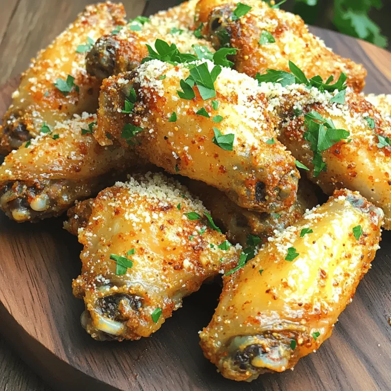 To make Air Fryer Spicy Garlic Parmesan Wings, gather these items: - 2 pounds chicken wings - 2 tablespoons olive oil - 1 teaspoon garlic powder - 1 teaspoon onion powder - 1 teaspoon smoked paprika - 1 teaspoon cayenne pepper (adjust for spice level) - 1 teaspoon salt - 1 teaspoon black pepper - ½ cup grated Parmesan cheese - 2 tablespoons fresh parsley, chopped (for garnish) - 2 tablespoons hot sauce (optional, for extra heat) If you want to boost the flavor, consider these optional ingredients: - Lemon zest for a fresh kick - A splash of soy sauce for umami - A sprinkle of red pepper flakes for more heat You can easily swap some ingredients for different tastes: - Use chicken drumsticks instead of wings if desired. - Replace olive oil with avocado oil for a different flavor. - Use nutritional yeast instead of Parmesan for a vegan option. - For spice, try using chili powder instead of cayenne pepper. These swaps help cater to your taste and dietary needs. Start by rinsing your chicken wings under cold water. This helps clean them. Next, pat them dry with paper towels. Dry wings get crispy in the air fryer. Make sure they are well dried to avoid sogginess. In a large bowl, mix together 2 tablespoons of olive oil, 1 teaspoon of garlic powder, 1 teaspoon of onion powder, 1 teaspoon of smoked paprika, 1 teaspoon of cayenne pepper, 1 teaspoon of salt, and 1 teaspoon of black pepper. This mix gives the wings their spicy garlic flavor. Add the chicken wings to the bowl. Toss them well until each wing is coated with your seasoning blend. Preheat your air fryer to 390°F (199°C). Let it heat for about 5 minutes. Once it’s hot, arrange the seasoned wings in the air fryer basket. Make sure they are in a single layer. Avoid stacking them; this helps them cook evenly. Air fry the wings for 25-30 minutes. Halfway through, shake the basket to ensure they crisp up nicely. Once the wings are golden brown and crispy, remove them from the air fryer. Immediately toss them in a bowl with ½ cup of grated Parmesan cheese. The heat from the wings makes the cheese melt slightly, creating a delicious coating. For extra heat, drizzle some hot sauce over the wings and toss again. Finally, transfer the cheesy wings to a platter, sprinkle with 2 tablespoons of chopped parsley, and serve them hot. Enjoy your tasty delight! To make your wings super crispy, start with dry wings. Rinse them under cold water and pat them dry. Moisture is the enemy of crispiness. Next, use olive oil. It helps the skin get that perfect crunch. Don't skip the shaking! Shake the basket halfway through cooking. This helps the wings cook evenly and get crispy all over. Air frying is simple, but some rules help. First, preheat your air fryer. Set it to 390°F (199°C) for about 5 minutes. This ensures even cooking right from the start. Arrange the wings in a single layer. Crowding the basket can lead to soggy wings. You might need to cook them in batches if your air fryer is small. Avoid cooking wings straight from the freezer. They need time to thaw for best results. Also, don’t skimp on seasoning. The spice mix is key to flavor. Finally, resist the urge to open the basket too often. Each time you do, heat escapes and adds time to your cooking. Following these tips will help you make perfect wings every time! {{image_2}} You can change the spice level of your wings by adjusting cayenne pepper. If you like it hot, add more cayenne. Start with one teaspoon for a good kick. If you want milder wings, use less. You can even skip it if you prefer no heat. Remember, everyone has different taste buds. Feel free to mix in other spices for a unique twist. Here are a few options: - Garlic Salt: Use instead of garlic powder for a saltier punch. - Lemon Pepper: Add for a zesty flavor that brightens the dish. - Cumin: This adds a warm, earthy note that is very tasty. Experimenting with different seasonings can help you find your perfect flavor combo. Pair your spicy garlic parmesan wings with some great sauces. Here are a few ideas: - Ranch Dressing: A classic choice that cools the heat. - Blue Cheese Dressing: This adds a rich flavor that many love. - Buffalo Sauce: For those who want extra heat, drizzle on some buffalo sauce. These sauces can enhance your wings and give them a nice touch. Enjoy trying different combinations! To keep your leftover wings fresh, let them cool first. Place them in an airtight container. You can also use a resealable plastic bag. Store the wings in the fridge. They will stay good for about 3 to 4 days. Try to keep them away from other strong-smelling foods. When you’re ready to enjoy your wings again, I suggest reheating them in the air fryer. This helps restore the crispiness. Heat the air fryer to 350°F (175°C). Cook the wings for about 5 to 10 minutes. Be sure to check them often. You want them hot, not dried out. You can also use an oven for reheating, but the air fryer gives the best results. If you want to save wings for later, freezing is a great option. Place cooled wings in a freezer-safe bag. Be sure to remove as much air as possible. You can freeze them for up to 3 months. When you’re ready to eat, thaw them in the fridge overnight. Reheat them in the air fryer for a quick, tasty meal. It takes about 25 to 30 minutes to cook chicken wings in an air fryer. I recommend shaking the basket halfway through. This helps them cook evenly and become crispy. Check for a golden brown color as a sign they are ready. Yes, you can cook frozen wings in the air fryer. Just add a few extra minutes to the cooking time. Start at 30 to 35 minutes and check for doneness. Be sure to shake the basket halfway for the best results. Spicy garlic parmesan wings pair great with celery sticks and carrot sticks. You can also serve them with ranch or blue cheese dip. These sides balance the spice and add crunch. Consider serving them with a simple salad for a complete meal. To make your wings spicier, add more cayenne pepper to the seasoning mix. You can also drizzle extra hot sauce on top after cooking. Another option is to use spicy flavored sauces. These changes will kick up the heat and satisfy your taste buds. You learned how to make tasty air fryer spicy garlic parmesan wings. We covered ingredients, cooking steps, and helpful tips. Now you can get crispy wings with great flavor. Remember, you can tweak spice levels and try new sauces to make it just right. Store leftovers properly for future snacks. Enjoy your wings at your next meal or party! Happy cooking!
