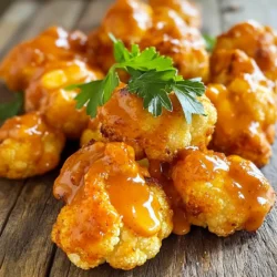 - Large head of cauliflower - All-purpose flour - Hot sauce - Plant-based milk - Honey or maple syrup - Fresh parsley for garnish - Garlic powder - Onion powder - Paprika - Salt - Unsalted butter When I create a snack like Air Fryer Buffalo Cauliflower, I focus on fresh ingredients. The main star is the large head of cauliflower. This vegetable gives a nice crunch and absorbs flavors well. Next, I use all-purpose flour to make a batter. This helps the cauliflower get crispy in the air fryer. Hot sauce adds that spicy kick we all love. Frank’s RedHot is my go-to, but feel free to pick your favorite. You might want to try some optional ingredients too. Plant-based milk can make the batter creamier. Honey or maple syrup adds a hint of sweetness that balances the heat. Fresh parsley makes for a pretty garnish and adds a pop of color. For seasoning, I never skip garlic powder, onion powder, paprika, and salt. These spices bring out the best in the cauliflower. Unsalted butter, melted, gives the sauce a smooth finish. It’s a simple mix of flavors that works well together. Overall, the right ingredients make this snack both tasty and fun to make! Start by cutting the large head of cauliflower into bite-sized florets. This size helps them cook evenly. Place the florets in a bowl. Next, it's time to prepare the batter. In a large mixing bowl, combine 1 cup of all-purpose flour, 1 teaspoon of garlic powder, 1 teaspoon of onion powder, 1 teaspoon of paprika, and 1 teaspoon of salt. Mix these dry ingredients well. Now, gradually pour in 1 cup of water or plant-based milk, whisking until you have a smooth batter. The batter should feel like pancake batter. Before cooking, preheat your air fryer to 400°F (200°C). This step ensures the cauliflower cooks evenly and gets crispy. Dip each cauliflower floret into the batter. Make sure to coat each piece well. After coating, shake off any extra batter. Arrange the battered cauliflower in the air fryer basket. Place them in a single layer and avoid overcrowding. If your air fryer is small, you may need to cook in batches. Air fry the cauliflower for 12 to 15 minutes. Be sure to shake the basket halfway through. This helps them cook evenly and become golden brown. While the cauliflower cooks, mix 1 cup of hot sauce, 2 tablespoons of melted butter, and 1 tablespoon of honey or maple syrup in a large bowl. Adjust the hot sauce for your spice level. Once the cauliflower is ready, move them to the bowl with the hot sauce mixture. Toss them gently to coat each floret evenly. If you want extra crispiness, you can air fry the coated cauliflower for an additional 3 minutes. Finally, garnish with fresh chopped parsley before serving. Enjoy your tasty snack! To get that perfect crunch, avoid overcrowding the air fryer basket. If you pack the cauliflower in too tightly, it will steam instead of crisp up. Cook in batches if needed. Aim for a cooking time of 12 to 15 minutes. Shake the basket halfway through to ensure even cooking. Check for a golden brown color for the best crispiness. The right batter texture is key to a great result. You want it thick enough to cling to the cauliflower but not too thick. It should feel like pancake batter. If you need a gluten-free option, swap the all-purpose flour with a gluten-free blend. Just make sure the consistency stays the same. Buffalo cauliflower pairs well with dips like ranch or blue cheese. These creamy dips balance the heat from the hot sauce. For a complete meal, serve with a fresh salad or some crunchy veggies. You can also turn this snack into a main dish by adding it to tacos or wraps. {{image_2}} You can change the taste of your Air Fryer Buffalo Cauliflower easily. Adding spices can bring new life to the dish. Try cumin for a warm flavor or cayenne pepper for extra heat. Each spice adds a unique twist. If you want to switch up the sauce, consider options like teriyaki or BBQ sauce. These sauces give a sweet and tangy taste. Each sauce can change the whole vibe of your snack. Don’t be afraid to experiment and find your favorite flavor. This recipe can fit many diets. For those needing gluten-free options, swap all-purpose flour for a gluten-free flour blend. Many blends work well for this dish and keep it tasty. If you're vegan, you can make easy changes. Use plant-based milk instead of regular milk. Replace butter with vegan butter and skip the honey for maple syrup. This keeps the flavor strong while fitting your diet. Buffalo cauliflower is fun to serve in many ways. You can make tacos by placing the cauliflower in a warm tortilla. Add some fresh veggies to make it exciting. This dish also shines as an appetizer or snack. Serve it with a cool dip like ranch or blue cheese. The spicy cauliflower pairs well with these creamy dips. No matter how you serve it, it brings joy to any table. To keep your buffalo cauliflower fresh, store it in an airtight container. Use a glass or plastic container with a tight lid. This helps keep the flavors locked in. Make sure the cauliflower is cool before sealing the container. It can last in the fridge for up to four days. If you want to keep it longer, consider freezing. When reheating, the air fryer is your best friend. Preheat the air fryer to 350°F (175°C). Place the cauliflower in a single layer and cook for about 5-7 minutes. This keeps it crispy. If you use a microwave, it may get soggy. Heat it in short bursts, but know the texture won’t be the same. To freeze your buffalo cauliflower, let it cool completely. Spread the florets on a baking sheet. Freeze them for about an hour until firm. Then, transfer them to a freezer bag or container. Remove as much air as possible to prevent freezer burn. For reheating, let the cauliflower thaw in the fridge overnight before cooking. This helps maintain the texture and flavor. Yes, you can use frozen cauliflower. Just thaw and drain it first. Frozen florets may be softer than fresh ones. This can affect the crunchiness, but the flavor remains great. Keep an eye on the cooking time. You may need to add a couple of extra minutes to ensure they cook through. The spice level depends on the hot sauce you use. Frank's RedHot gives a nice kick without being overwhelming. If you prefer it less spicy, reduce the amount of hot sauce. You can also mix in honey or maple syrup for sweetness. This balance can help tone down the heat for those who are sensitive to spice. Yes, you can prep ahead! Cut the cauliflower and make the batter a few hours in advance. Store them separately in the fridge. Toss the florets in the batter just before air frying for the best texture. If you coat them too early, they may get soggy. Enjoy this tasty snack fresh for the best flavor! In this article, I covered how to make Air Fryer Buffalo Cauliflower. We discussed main ingredients, like cauliflower, flour, and hot sauce. I shared tips for achieving that perfect crispy texture and how to customize flavors. You learned options for dietary needs and ways to store and reheat leftovers. Enjoying this dish is simple and fun. You can make delicious meals with just a few steps. Experiment and make it your own. Happy cooking!