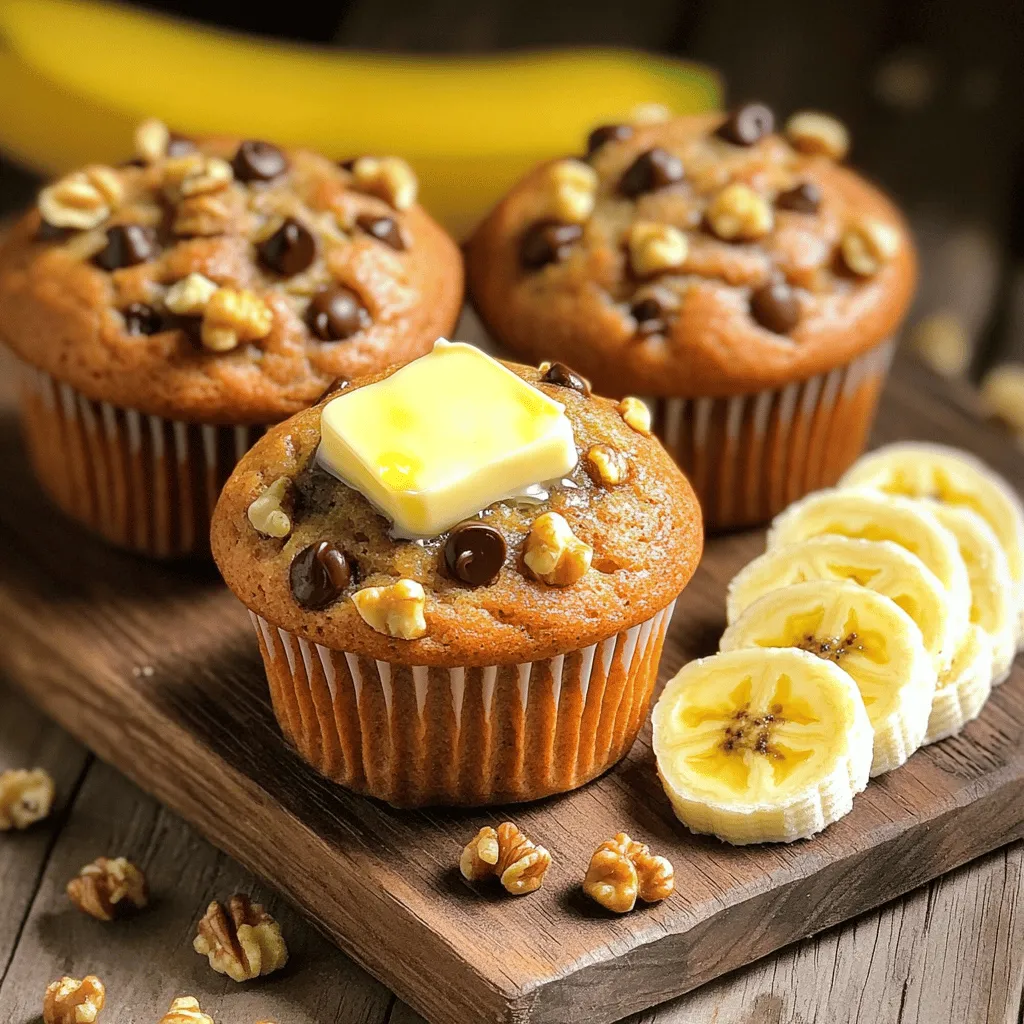 - 3 ripe bananas, mashed - 1/2 cup unsalted butter, melted - 1/2 cup granulated sugar - 1/2 cup brown sugar, packed - 2 large eggs - 1/2 cup chopped walnuts (or pecans) - 1/2 teaspoon ground cinnamon - 1/4 cup chocolate chips - Muffin tin - Mixing bowls - Whisk and spatula When I make these muffins, I always use ripe bananas. They add natural sweetness and moisture. The butter needs to be unsalted and melted. This helps the muffins stay rich and soft. I mix both granulated and brown sugar for a nice depth of flavor. Eggs are key as they bind everything together. For added crunch, I love to toss in chopped walnuts or pecans. They bring a hearty texture to each bite. If you want a warm spice, ground cinnamon works wonders. I sometimes add chocolate chips for a fun twist. Having the right tools makes baking smooth. A good muffin tin is essential. I use mixing bowls for combining the wet and dry ingredients. A whisk helps mix things well, and a spatula is great for folding in those nuts or chocolate. - Preheat the oven to 350°F (175°C). - Prepare the muffin tin with liners or cooking spray. Start by preheating your oven. This step ensures even baking. While the oven warms up, grab your muffin tin. You can use paper liners or spray it with cooking spray. This helps the muffins come out easily after baking. - Combine mashed bananas and melted butter. - Incorporate sugars and mix well. Next, in a large bowl, mash your ripe bananas. The riper, the better! Then add the melted butter. Mix them together until smooth. Now, add the granulated and brown sugars. Stir well until everything is combined. This mixture will be sweet and creamy! - Whisk together baking soda, baking powder, salt, and flour. - Gradually combine wet and dry mixtures. In another bowl, whisk together baking soda, baking powder, salt, and flour. This helps to mix the dry ingredients evenly. Once mixed, slowly add the dry ingredients to the banana mixture. Stir gently until just combined. Don’t overmix! A few lumps are okay. This keeps the muffins soft. - Gently fold in nuts and chocolate chips. - Portion batter into the muffin tin. Now, fold in the chopped walnuts and chocolate chips if you like. This adds a nice crunch and sweetness. Next, scoop the batter into the prepared muffin tin. Fill each cup about three-quarters full. This gives them room to rise. - Baking time and toothpick test. - Cooling instructions. Place the muffin tin in the oven. Bake for 18-20 minutes. To check if they are done, insert a toothpick in the middle. If it comes out clean, they are ready! Once baked, let them cool in the tin for a few minutes. Then, transfer them to a wire rack to cool completely. Enjoy the sweet aroma! To get the best texture in your banana nut muffins, do not overmix. Overmixing can make them tough. When you combine the wet and dry ingredients, stir gently. A few lumps are okay. This helps keep the muffins light and fluffy. - Use a spatula to fold in the ingredients. - Mix until just combined for the best results. To boost the flavor of your muffins, try adding spices or extracts. Ground cinnamon adds warmth and depth. Vanilla extract also enhances the sweet banana flavor. You can also mix in extras for fun tastes. - Chopped walnuts or pecans add crunch. - Chocolate chips bring sweetness and richness. If your muffins turn out too dense, this often means you overmixed the batter. To fix this, mix just until combined next time. Sometimes, oven temperatures vary. If your muffins do not bake evenly, check your oven with a thermometer. Adjust your baking time if needed. - Bake for 18-20 minutes. - Use a toothpick to test doneness. {{image_2}} You can use different nuts in your muffins. Walnuts add a rich flavor and crunch. Pecans give a sweet, buttery taste. Both work well, so choose what you like best. If you want to try more, consider almonds or hazelnuts. Each nut brings its own unique twist to the muffins. Adding flavors makes these muffins even better. You can mix in chocolate chips for a sweet surprise. Dark chocolate or milk chocolate both work great. If you want a warm spice, try adding nutmeg along with cinnamon. It gives your muffins a cozy feel. You can even use dried fruit like cranberries or raisins for extra sweetness and texture. If you need gluten-free muffins, use a gluten-free flour blend. They will still taste delicious and moist. For dairy-free muffins, replace the butter with coconut oil or a dairy-free spread. You can also use almond milk or oat milk in place of regular milk. These swaps keep the muffins tasty while meeting your dietary needs. You can store your banana nut muffins at room temperature. Keep them in an airtight container. They will stay fresh for about 2 to 3 days. If you want to store them longer, refrigeration is an option. However, this can change their texture. For best taste, stick to room temperature. To freeze muffins, first, let them cool completely. Wrap each muffin tightly in plastic wrap. Then, place them in a freezer bag. Squeeze out as much air as possible. Frozen muffins can last up to 3 months. When you want to eat one, simply take it out and let it thaw. You can also warm it up in the microwave for about 20 seconds. Muffins stay fresh for about 2 to 3 days at room temperature. If refrigerated, they last about a week. Look for signs of spoilage like mold or an off smell. If they feel hard or dry, it’s time to toss them. Always check before enjoying! To keep your muffins moist, use ripe bananas. The riper the bananas, the more moisture they bring. I also recommend using melted butter instead of oil. This adds richness and flavor. Mixing in a bit of yogurt can help too, making the texture soft. Don’t overmix; a few lumps are fine. Overmixing can make muffins tough instead of light. Yes, you can make these muffins ahead of time. Bake them and let them cool completely. Store them in an airtight container. They will stay fresh for about three days at room temperature. If you want to keep them longer, freeze the muffins. Wrap them well, and they can last up to three months. Just thaw them overnight in the fridge when ready to eat. Muffins often stick due to not greasing the pan well. Always line your muffin tin with paper liners or spray it with non-stick cooking spray. If you forget, try running a knife around the edge before removing them. Let them cool in the pan for a few minutes first to help them release better. Yes, you can use frozen bananas! Just thaw them out first. Drain any excess liquid after thawing, as too much moisture can make the batter too wet. Mashed frozen bananas work great in this recipe. They will bring the same sweet flavor and moisture as fresh bananas. You learned how to make delicious banana nut muffins. We covered the main ingredients, tools, and steps. Helpful tips for texture and flavor make a difference. You can easily change the recipe to suit your taste. Store muffins properly to keep them fresh longer. Enjoy these tasty treats with friends or family. Baking can be fun and rewarding. Now, it’s time for you to bake and share!
