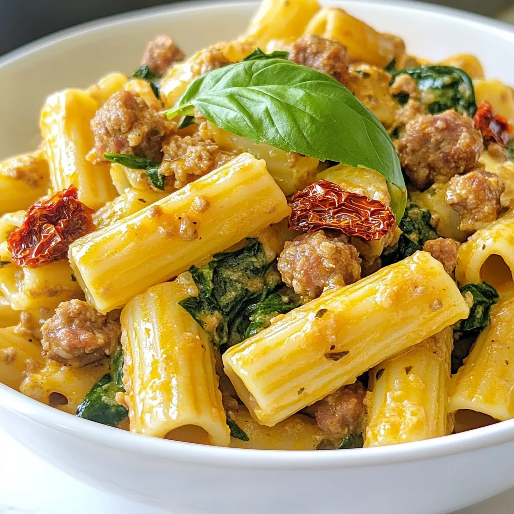 For this creamy Italian sausage rigatoni, you will need: - 12 oz rigatoni pasta - 2 Italian sausage links (mild or spicy) - 1 tablespoon olive oil - 1 small onion, finely chopped - 3 cloves garlic, minced - 1 cup heavy cream - 1 cup grated Parmesan cheese - 1/2 cup sun-dried tomatoes, chopped - 2 cups fresh spinach - 1 teaspoon Italian seasoning - Salt and pepper to taste - Fresh basil for garnish These main ingredients create a rich and hearty dish. The rigatoni pasta holds the sauce well. The Italian sausage adds a savory kick, while the heavy cream brings creaminess. You can customize your dish with these optional ingredients: - Mozzarella cheese for a gooey texture - Bell peppers for added crunch - Zucchini for extra veggies - Fresh herbs like parsley or oregano for brightness Feel free to mix and match these optional ingredients to suit your taste. They can add new flavors to each bite. To make this dish, gather these tools: - Large pot for boiling pasta - Large skillet for cooking sausage and sauce - Cutting board for chopping vegetables - Knife for slicing and dicing Having the right tools makes cooking easier and helps you work more efficiently in the kitchen. These essentials will help you create a delicious meal. {{ingredient_image_1}} To start, fill a large pot with water and add a good amount of salt. This helps flavor the pasta. Bring the water to a boil. When it is bubbling, add 12 oz of rigatoni pasta. Cook the pasta until it is al dente, which usually takes around 10-12 minutes. Check the package for exact time. Once done, drain the pasta and set it aside. Make sure to save about 1/2 cup of the pasta water for later. Next, heat a large skillet over medium heat and add 1 tablespoon of olive oil. While the oil heats, take 2 Italian sausage links and remove the casing. Crumble the sausage into the skillet. Cook it for about 5-7 minutes. Stir as it cooks to break it into smaller pieces. The sausage should be browned and fully cooked when done. Now it’s time to make the cream sauce. Lower the heat to low. Add 1 cup of heavy cream to the skillet with the sausage. Stir gently until it starts to simmer. Next, mix in 1 cup of grated Parmesan cheese. Keep stirring until the cheese melts and the sauce is creamy. This part is key to getting a smooth texture. Once your sauce is ready, it’s time to mix it with the pasta. Add the cooked rigatoni to the skillet. Toss the pasta in the sauce until well-coated. If the sauce seems too thick, add a little of the reserved pasta water. Do this slowly until you reach the right consistency. Make sure everything is mixed well before serving. To get the best creamy sauce, use heavy cream. It gives a rich texture. Start with low heat when adding the cream. This helps it warm slowly and blend well. Stir in the grated Parmesan cheese after the cream. This makes the sauce smooth. If it feels thick, add some pasta water. This helps adjust the thickness without losing flavor. To boost flavor, try adding fresh herbs. Basil and parsley add freshness. You can also use red pepper flakes for some heat. If you like garlic, add more minced garlic. This will give the sauce extra depth. Experiment with Italian seasoning, too. A little more can really make a difference. Sauté the sausage well for the best taste. Break it into small pieces as it cooks. This helps it brown evenly. After adding the onion and garlic, stir often. This keeps them from burning. When making the sauce, simmer gently. This keeps the cream from curdling. Always taste and adjust seasoning as needed. This makes sure your dish is just right. Pro Tips Use Quality Sausage: Opt for high-quality Italian sausage for the best flavor. Fresh sausage tends to have more spices and herbs, enhancing the overall dish. Reserve Pasta Water: Always save some pasta cooking water before draining. It’s a great way to adjust the sauce consistency while adding flavor. Don’t Overcook Spinach: Add the spinach just before serving to keep its vibrant color and nutrients. It should be wilted but still bright green. Garnish with Fresh Herbs: Fresh basil not only adds a pop of color but also enhances the dish's aroma and flavor, making it more appealing. {{image_2}} To make a vegetarian version of this dish, start by swapping out the Italian sausage. You can use plant-based sausage or crumbled tofu. Both options add great texture. If you choose tofu, season it with Italian herbs to enhance the flavor. You can also add extra veggies like mushrooms or bell peppers for added taste and nutrition. This way, you keep the creamy sauce and the comforting feel of rigatoni while making it meat-free. While rigatoni works well, you can try other pasta shapes, too. Penne, fusilli, or even farfalle can add fun to your dish. Each shape holds the sauce differently. Penne has a smooth surface that coats well, while fusilli twists catch more sauce. Choose what you like best. Just ensure you cook any pasta according to package instructions for the best texture. To adjust the spice level, you can choose mild or spicy sausage. If you want a milder dish, stick with mild sausage. For more heat, add red pepper flakes when cooking the sausage. You can also include fresh chili peppers in the sauce. Taste as you go to find the right balance. This way, you can make the dish as spicy or mild as you like. To keep your Creamy Italian Sausage Rigatoni fresh, place it in an airtight container. Make sure the dish cools first. Store it in the fridge for up to three days. If you have a large batch, divide it into smaller portions. This helps it cool faster and makes reheating easier. When you’re ready to enjoy your leftovers, reheat them gently. The best way is to use a stovetop. Place the rigatoni in a pan over low heat. Add a splash of water or cream to help loosen the sauce. Stir often until it’s hot. You can also use a microwave. Heat it in short intervals, stirring in between, to avoid hot spots. To freeze your Creamy Italian Sausage Rigatoni, use a freezer-safe container. Make sure the dish cools completely before packing it. It can last in the freezer for up to three months. When you want to eat it, thaw it in the fridge overnight. Reheat it on the stove or in the microwave, adding a bit of liquid to keep it creamy. Yes, you can use any type of sausage you like. Italian sausage gives great flavor, but you can try chicken, turkey, or even plant-based options. Each type will change the taste of the dish. For a spicy kick, go for hot sausage. If you prefer mild, use sweet sausage. Just remember, the choice of sausage affects the overall flavor of the creamy sauce. To make this dish dairy-free, swap heavy cream for coconut milk or any nut milk. Use nutritional yeast instead of Parmesan cheese for a cheesy flavor without dairy. You can also use dairy-free cream cheese to help thicken the sauce. These substitutes keep the dish creamy while making it friendly for those avoiding dairy. This dish pairs well with a simple green salad. A salad with mixed greens, cherry tomatoes, and a light vinaigrette works great. Garlic bread is another good choice. It’s perfect for soaking up the creamy sauce. Roasted vegetables or steamed broccoli also make a healthy side. Each option complements the rich flavors of the rigatoni nicely. You now have all the tools needed to make Creamy Italian Sausage Rigatoni. We've covered the main and optional ingredients, essential tools, and detailed cooking steps. With tips for creaminess and flavor boosts, you can perfect your dish. Don't hesitate to try variations, like vegetarian options or different pasta shapes. Storing and reheating are easy, ensuring leftovers stay tasty. Remember to use the FAQs for quick answers. Enjoy making this dish your own!