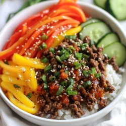 - 1 lb ground beef - 3 cloves garlic, minced - 2 tablespoons ginger, grated - 3 tablespoons gochujang (Korean chili paste) - 1 cup carrots, julienned - 1 cup bell peppers, thinly sliced (mix of red and yellow) - 2 green onions, sliced These main ingredients create a rich and spicy flavor. Ground beef serves as the base. Gochujang adds that famous Korean heat. Fresh vegetables bring color and crunch. - 2 tablespoons soy sauce - 1 tablespoon sesame oil - 2 tablespoons brown sugar Soy sauce adds savory depth. Sesame oil gives the dish a nutty aroma. Brown sugar balances out the spice with sweetness. - Sesame seeds for garnish - Sliced cucumbers for freshness Sesame seeds offer a nice crunch on top. Cucumber slices add a refreshing touch to each bite. They also help cool the heat from the spice. {{ingredient_image_1}} To start, heat a large skillet on medium-high. Add 1 lb of ground beef. Cook this beef for about 5-7 minutes. Use a spatula to break it apart as it cooks. Once it turns brown, check for extra fat. If there is too much fat, drain it out. This keeps your dish rich but not greasy. Next, it’s time to boost the flavor. Add 3 cloves of minced garlic and 2 tablespoons of grated ginger to the skillet. Stir these in for about 1 minute. You want to smell their nice aroma. Then, mix in 3 tablespoons of gochujang, 2 tablespoons of soy sauce, 1 tablespoon of sesame oil, and 2 tablespoons of brown sugar. Stir everything well. Cook for another 3-4 minutes until the beef is evenly coated and heated through. Now, we’ll add some color and crunch. Toss in 1 cup of julienned carrots and 1 cup of thinly sliced bell peppers. Stir these into the beef mixture. Cook for about 3-5 minutes. You want the vegetables to be soft but still a bit crisp. This adds texture to your meal. To get the right spice level, start with gochujang. This Korean chili paste brings a bold flavor. You can adjust the amount based on your taste. If you like it milder, use less gochujang. Pairing your beef bowl with mild sides helps balance the heat. Try serving it with steamed rice or sliced cucumbers. These sides cool the dish and make it more enjoyable. Cooking time matters for both meat and veggies. Cook the ground beef until it's browned, about 5-7 minutes. This step helps the meat absorb flavors. For the vegetables, stir-fry them for 3-5 minutes. This keeps them tender yet crisp. Marinading beef before cooking can add depth. A quick soak in soy sauce and sesame oil works wonders. It makes each bite flavorful and juicy. Serving your spicy beef over rice makes a great base. Use a generous scoop for a hearty meal. For a beautiful dish, garnish with sliced green onions and sesame seeds. These small touches add color and texture. You can also add cucumber slices on the side for freshness. A well-presented plate makes the meal more inviting and fun to eat. Pro Tips Use Fresh Ingredients: Always opt for fresh vegetables and high-quality ground beef to enhance the flavor of your dish. Adjust Spice Level: If you prefer a milder dish, reduce the amount of gochujang or add a bit more brown sugar to balance the heat. Meal Prep Friendly: This dish is great for meal prep! You can make a larger batch and store it in the refrigerator for up to 4 days. Try Different Veggies: Feel free to mix in other vegetables like broccoli or snap peas for added nutrition and flavor. {{image_2}} You can swap ground beef for ground turkey or chicken. These options give you a lighter dish. Both meats work well with the spicy sauce. If you want a plant-based meal, use plant-based meat. It mimics beef well and still tastes great. This way, everyone can enjoy the meal. Not a fan of rice? Try quinoa or cauliflower rice. Both options add nutrition and flavor. Quinoa is protein-packed, while cauliflower rice is low in carbs. You can also serve the beef in lettuce wraps. This makes a fun, fresh dish that’s easy to eat. Want to boost the flavor? Add more veggies like zucchini or snap peas. They add crunch and color to the dish. You can also play with spices. A pinch of red pepper flakes can add extra heat. Experiment with what you like to make it your own! To keep your spicy Korean beef bowls fresh, store leftovers in the fridge. Use airtight containers. They will last for about 3 to 4 days. If you want to keep them longer, freezing is a great option. Place the beef mixture in freezer-safe bags. Remove as much air as possible. You can freeze it for up to 3 months. When ready to eat, reheating is simple. For best results, use the stovetop. Heat a skillet over medium heat and add a splash of water. This helps keep the beef moist. Stir until warmed through, about 5-7 minutes. You can also use the microwave. Place the beef in a microwave-safe bowl and cover it. Heat in short bursts, stirring in between. This method is faster but may dry out the beef. To save time, prepare ingredients in advance. Chop your vegetables the night before. Store them in the fridge in separate containers. You can also cook the beef mixture ahead of time. Just reheat it when you’re ready to eat. For quick meals, assemble bowls with rice, beef, and veggies. This makes lunch or dinner a breeze on busy days. Gochujang is a thick, red chili paste. It has a sweet and spicy flavor. This blend gives dishes a deep umami taste. You can find gochujang at Asian markets or online. Many grocery stores also carry it in the international aisle. Yes, you can make this dish gluten-free. Replace soy sauce with tamari or coconut aminos. These options taste great and keep the dish safe for gluten-free diets. Always check labels to ensure no hidden gluten ingredients. To reduce the heat, use less gochujang. You can also mix in some sugar to balance the spice. Adding more vegetables like carrots or bell peppers can help too. These will add sweetness and flavor without the heat. This blog post explored a tasty dish using ground beef and gochujang. You learned about the key ingredients, how to cook, and tips for better flavor. Remember, you can tweak the recipe to fit your taste. Try different proteins or rice options for variety. Cooking is fun and creative. Use leftovers wisely by storing them properly. With these tools, you can impress yourself and others. Happy cooking!