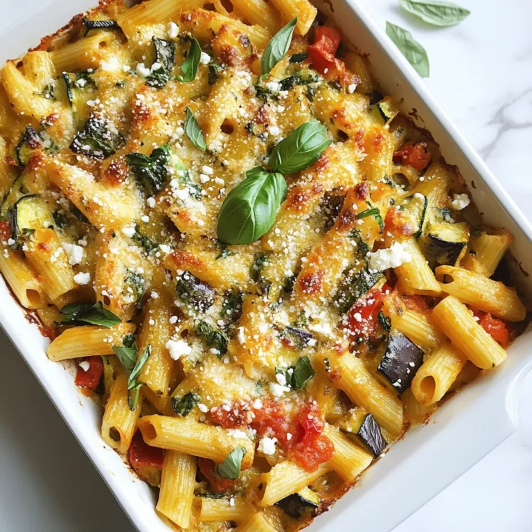 - 300g penne pasta - 1 medium zucchini - 1 medium eggplant - 1 bell pepper, red or yellow - 1 medium red onion - 2 cups fresh spinach leaves - 2 cloves garlic - 1 can (400g) diced tomatoes - 200g ricotta cheese - 150g feta cheese - 100g mozzarella cheese - 2 tablespoons olive oil - 1 teaspoon dried oregano - 1 teaspoon dried basil - Salt and pepper to taste - Fresh basil leaves for garnish Gather these fresh ingredients. I love using vibrant veggies, as they bring color and flavor. The penne pasta forms a hearty base. The zucchini and eggplant add a nice texture. Red bell pepper adds sweetness, while red onion gives it a mild bite. Spinach packs in nutrients and a lovely green hue. For the cheese lovers, ricotta provides creaminess. Feta adds a tangy taste, and mozzarella creates a gooey top. Olive oil is essential for sautéing; it enriches the dish. Garlic, oregano, and basil add aromatic notes that tie everything together. Salt and pepper enhance the flavors. Make sure to measure accurately for the best results. You can swap some ingredients based on what you have on hand. Feel free to be creative! {{ingredient_image_1}} - Preheat the oven to 180°C (350°F). - Cook the pasta until al dente. Start by boiling water in a large pot. Add salt for flavor. Toss in the penne pasta. Follow the package instructions to cook it just right. Al dente means firm but not hard. Drain it and set it aside. - Heat olive oil and add diced zucchini, eggplant, bell pepper, and red onion. - Add minced garlic and sauté until fragrant. Next, grab a large skillet and heat some olive oil. Add the diced zucchini, eggplant, bell pepper, and red onion. Let them cook for about 5-7 minutes. This helps the veggies get soft and tasty. Then, stir in minced garlic for a minute. You’ll know it’s ready when the kitchen smells amazing. - Stir in tomatoes, spinach, herbs, salt, and pepper. - Combine the sautéed veggies with pasta and ricotta cheese. Now, mix in the diced tomatoes and fresh spinach. Sprinkle in oregano, basil, salt, and pepper. Let this simmer for about 5 minutes. The spinach will wilt and the flavors will blend. Next, combine the sautéed veggies with the cooked pasta. Add ricotta cheese for creaminess. Stir until everything is well mixed. - Transfer to a baking dish, topping with feta and mozzarella. - Cover and bake for 25 minutes, then uncover and bake until bubbly. Pour the pasta mixture into a greased baking dish. Top it with crumbled feta and shredded mozzarella. Cover the dish with foil. Bake in the preheated oven for 25 minutes. After that, remove the foil and let it bake for another 10-15 minutes. You want it bubbling and golden brown. This step-by-step guide makes it easy to create a Mediterranean vegetable pasta bake. Each part builds flavor and texture, making a dish you'll love. - How to achieve perfectly al dente pasta: Boil salted water and add your pasta. Follow the package time but check one minute early. It should be firm yet tender. Drain and rinse it with cold water to stop cooking. - Ensuring even vegetable cooking: Cut your vegetables into similar-sized pieces. This helps them cook at the same rate. Stir often while sautéing to avoid burning. Cook until they are soft but still colorful. - Adding extra herbs or spices: Fresh herbs like thyme or parsley can boost flavor. You can also add a pinch of red pepper flakes for heat. Experiment to find your perfect blend. - Choosing different cheese options: Try goat cheese for a tangy taste or a mix of cheeses for depth. Using a sharp cheese can give a bold flavor. Mix and match to suit your taste. - Pairing with salads and sides: A fresh salad with lemon vinaigrette complements the pasta bake well. Grilled vegetables or crusty bread also make great sides. Choose light options to balance the dish. - Presentation tips for a beautiful serving: Serve directly from the dish for a rustic look. Drizzle with olive oil and sprinkle fresh herbs on top. This adds color and makes it look inviting. Pro Tips Use Seasonal Vegetables: Opt for vegetables that are in season for the freshest flavors and best texture. Experiment with Cheeses: Try adding different types of cheese such as goat cheese or provolone for a unique twist. Add Protein: For a heartier dish, consider adding grilled chicken or chickpeas for extra protein and flavor. Make it Ahead: This dish can be prepared in advance and stored in the fridge, making it perfect for meal prep. {{image_2}} You can boost your Mediterranean Vegetable Pasta Bake with protein. Grilled chicken adds a savory touch. Just slice it and mix it into the pasta. If you prefer plant-based options, try tofu. Firm tofu works well; just cube it and sauté with the veggies. Beans and lentils are also great choices. They add texture and nutrition. Chickpeas or black beans can mix into your dish. Lentils cook quickly and blend well with the sauce. Feel free to swap vegetables in the recipe. Carrots and broccoli can add crunch and color. You can also try artichokes or mushrooms for a different flavor. Seasonal vegetables, like asparagus in spring or squash in fall, work nicely. Mixing in your favorite vegetables makes the dish personal. Look for what is fresh at the market. The more variety you add, the more colorful and tasty your bake will be. If you need a gluten-free option, choose gluten-free pasta. Many brands offer tasty alternatives made from rice or lentils. You won't lose any flavor! For those avoiding dairy, vegan cheese is a great option. Nutritional yeast can also add a cheesy flavor without the dairy. Many brands make vegan mozzarella that melts well. Enjoy your dish while meeting your dietary needs! Store any leftover Mediterranean Vegetable Pasta Bake in an airtight container. To keep it fresh, place it in the fridge. It stays good for about 3 to 4 days. You can freeze the pasta bake for future meals. Let it cool completely before placing it in a freezer-safe container. It lasts for up to 2 to 3 months in the freezer. To thaw, move it to the fridge overnight. For reheating, bake it at 180°C (350°F) for about 20 to 30 minutes. Make sure it's heated all the way through before serving. Enjoy your tasty meal later! I recommend using penne pasta. It holds sauce well and adds a nice bite. You can also use fusilli or rigatoni for a fun twist. These shapes catch the veggies and sauce, giving you more flavor in each bite. Yes, you can make this dish ahead of time. Cook the pasta and veggies, then mix them with cheese. Store it in the fridge for up to two days. When ready, just bake it. This saves time and makes dinner easy! If you want some heat, add red pepper flakes. You can also use diced jalapeños or hot sauce. Start with a little, then taste. You can always add more spice if needed. Balance is key to keep it tasty! Absolutely! This bake is very flexible. For a vegetarian option, skip the meat and focus on veggies. To make it gluten-free, use gluten-free pasta. For a vegan twist, swap the cheeses for vegan alternatives. Everyone can enjoy this dish! This blog post shared a delicious recipe for Mediterranean Vegetable Pasta Bake. You learned about the key ingredients, steps to create the dish, and helpful tips for perfecting it. We also explored different variations and storage methods. Whether you want to add protein or change up the veggies, this dish is easy to customize. Cooking can be fun and rewarding, so dive in and enjoy!