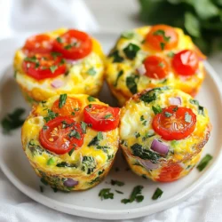 - 6 large eggs - 1/2 cup milk (dairy or non-dairy) - 1 cup spinach, chopped - 1/2 bell pepper, diced (any color) - 1/2 cup cherry tomatoes, halved - 1/4 cup red onion, finely chopped - 1/2 cup shredded cheese (cheddar or mozzarella) - Salt and pepper to taste - 1 teaspoon garlic powder - 1/2 teaspoon paprika - Cooking spray or olive oil for greasing For these veggie loaded egg muffins, you'll need fresh ingredients. I always choose vibrant veggies. They not only look good but also taste great. Spinach adds a nice green color. Bell peppers bring sweetness. Cherry tomatoes add a juicy pop. Red onion gives a mild bite. The eggs form the base. They provide protein and richness. Milk makes the muffins fluffy. I like to use both dairy and non-dairy options. For cheese, I prefer cheddar or mozzarella for melting goodness. Seasoning is key. Salt and pepper enhance flavor. Garlic powder adds depth. Paprika brings a hint of warmth. Finally, don't forget the cooking spray or olive oil. This helps the muffins slide out easily. With these ingredients, you can create a delicious breakfast treat that’s full of flavor and nutrition. {{ingredient_image_1}} - Preheat the oven to 350°F (175°C). - Grease the muffin tin with cooking spray or olive oil. Setting the right temperature is key for great muffins. Greasing the tin helps the muffins pop out easily. You can use a paper towel to spread the oil evenly. - Whisk together the eggs and milk. - Add chopped vegetables and seasoning. In a large bowl, start by whisking the eggs and milk. This makes a fluffy base. Next, add your chopped spinach, bell pepper, cherry tomatoes, and red onion. Sprinkle in your cheese, salt, pepper, garlic powder, and paprika. Mix everything well so the flavors blend. - Pour mixture into muffin tin and bake. - Check for doneness with a toothpick. Carefully pour the egg mixture into your prepared muffin tin, filling each cup about two-thirds full. Bake these in your preheated oven for 18 to 20 minutes. To check if they are done, insert a toothpick into the center. If it comes out clean, they are ready! Let them cool for five minutes before removing them. To make the best veggie muffins, follow these tips: - Cooking Time and Temperature: Preheat your oven to 350°F (175°C). Bake the muffins for 18-20 minutes. They should puff up nicely. - Non-Stick Tip: To keep muffins from sticking, use cooking spray or olive oil to grease the muffin tin. Make sure to cover every section well. Serving your muffins right makes them even better: - Serve Warm: Muffins taste best when warm. Serve them straight from the oven. - Garnishing: Add fresh herbs like parsley or chives on top. This adds color and flavor. You can save time by prepping: - Prepping Ingredients: Chop veggies like spinach, bell peppers, and onions a day before. Store them in the fridge to save time. - Mixing Ahead: You can mix the egg and milk base ahead of time. Just add the veggies before you bake. Pro Tips Storage Tip: Store leftover egg muffins in an airtight container in the refrigerator for up to 4 days. They can be reheated in the microwave for a quick breakfast! Veggie Variations: Feel free to mix and match vegetables based on your preferences. Zucchini, mushrooms, or kale are great alternatives to include for added flavor and nutrition. Cheese Choices: Experiment with different types of cheese like feta, goat cheese, or pepper jack to customize the taste of your muffins! Batch Cooking: Make a double batch and freeze some muffins for convenient grab-and-go meals. They freeze well and can be enjoyed anytime! {{image_2}} You can mix up the veggies in your egg muffins. Use zucchini, mushrooms, or kale for new flavors. Carrots and broccoli also work great. These changes add color and nutrients. Want extra protein? Add cooked bacon or sausage. Turkey or chicken sausage is a healthy choice. You can also toss in beans for a plant-based boost. If you want a dairy-free option, try almond or oat milk. They blend well with the eggs. For cheese, use dairy-free options like cashew or soy cheese. These still melt nicely and add flavor. Spice up your muffins with fresh herbs. Basil, dill, or parsley can add a fresh taste. For a kick, try red pepper flakes or chipotle powder. Experimenting with different herbs and spices can make each batch unique! After baking your veggie loaded egg muffins, let them cool in the tin for about five minutes. This helps them hold their shape. Then, gently remove them and place them on a wire rack. This allows air to circulate and cool the muffins evenly. If you leave them in the tin too long, they may sweat and become soggy. To store the muffins in the fridge, place them in an airtight container. Make sure they are completely cool before sealing. You can keep them in the fridge for up to five days. If you want to keep them fresh longer, consider wrapping each muffin in plastic wrap. This helps prevent them from drying out. Freezing is a great option if you want to save some muffins for later. To freeze, place the cooled muffins in a single layer on a baking sheet. Freeze them for about two hours until solid. Then, transfer the muffins to a freezer-safe bag or container. They can last up to three months in the freezer. To reheat, just microwave them for about 30 seconds or bake them at 350°F (175°C) for 10-15 minutes. Enjoy your easy, tasty breakfast whenever you want! Veggie loaded egg muffins can last about 4 to 5 days in the fridge. Store them in an airtight container. If you want to keep them longer, freeze them. They will stay good in the freezer for up to 3 months. Just thaw them overnight in the fridge when you're ready to eat. Yes, you can make these muffins without eggs. Use a substitute like silken tofu or a flaxseed mixture. For flaxseed, mix 1 tablespoon of ground flaxseed with 2.5 tablespoons of water. Let it sit for 5 minutes to thicken. This way, you keep the texture and moisture. These muffins are great on their own, but you can add sides for a full meal. Try serving them with fresh fruit or a light salad. You could also pair them with yogurt for a creamy touch. These options add flavor and nutrition to your breakfast. You can easily adjust the recipe to fit your needs. For dairy-free, use almond milk or oat milk instead of regular milk. For gluten-free, check your cheese and use gluten-free cooking spray. You can also skip the cheese or use a dairy-free option. Customize it to fit your diet! These veggie-loaded egg muffins are a fun and easy recipe. We covered the ingredients needed, from eggs to cheese, and provided step-by-step instructions for perfect muffins. You learned tips to make them stick-free and ways to customize for your taste. Remember, these muffins store well in the fridge and freeze easily for later. Experiment with different veggies, spices, and proteins to keep it fresh. I hope you enjoy making and sharing these tasty muffins!
