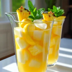 To make a perfect pineapple lemonade, you need some fresh and tasty ingredients. Here’s what you will need: - 2 cups fresh pineapple chunks - 1 cup fresh lemon juice (about 6-8 lemons) - 3/4 cup granulated sugar (adjust to taste) - 4 cups cold water - 1/4 teaspoon sea salt - Fresh mint leaves for garnish - Pineapple slices for garnish - Lemon slices for garnish Fresh ingredients give your drink the best flavor. The bright taste of lemon and sweet pineapple mix well. The sugar balances the tartness. Cold water makes it refreshing. The sea salt adds a hint of flavor. Don’t forget the garnishes! They make your drink look appealing. Using fresh pineapple chunks is key. They provide a rich, sweet base. Fresh lemon juice brightens the drink. It's best to squeeze the lemons yourself. Store-bought lemon juice can taste different. Adjust the sugar to your liking. If you prefer it sweeter, add more sugar. Keep your ingredients ready before starting. This makes the process quick and easy. Enjoy making this tasty drink! To start, I blend the fresh pineapple chunks. I put two cups of pineapple chunks in my blender. Then, I add half a cup of cold water. I blend it until smooth. This makes a thick puree. Next, I strain the juice using a fine mesh sieve. This step removes any pulp. I pour the juice into a pitcher and discard the pulp. Now, I mix the pineapple juice with fresh lemon juice. I use one cup of lemon juice, which is about six to eight lemons. Next, I add three-fourths cup of granulated sugar to the pitcher. I stir well until the sugar dissolves. After that, I pour in the remaining cold water. I add a quarter teaspoon of sea salt too. I stir everything together until it’s well mixed. Next, I chill the lemonade in the refrigerator. I let it sit for at least 30 minutes. This waiting time lets all the flavors blend nicely. When ready to serve, I pour the lemonade over ice in glasses. For a fun touch, I garnish with fresh mint leaves, pineapple slices, and lemon slices. This makes the drink look extra special and refreshing! To balance the sweetness in your pineapple lemonade, start with less sugar. You can always add more later. Taste the mix after you stir it. If it needs more sweetness, add it slowly. Remember, too much sugar can cover the fresh fruit flavor. If your lemonade is too strong, dilute it with cold water. Add a little at a time until it tastes just right. This way, you keep the pineapple and lemon flavors while making it lighter. For serving, use tall glasses to show off the vibrant colors. Clear glass lets your guests see the bright yellow drink and garnishes. This adds to the fun. When it comes to ice, use large cubes or even ice spheres. They melt slower and keep your drink cold longer. You can also freeze pineapple or lemon slices as ice cubes. This keeps your lemonade chilled and adds a nice touch. Enjoy your drink! {{image_2}} You can make your pineapple lemonade even better with a few simple tweaks. Adding herbs like mint or basil gives it a fresh twist. Mint adds a cooling touch, while basil brings a unique taste. Just chop the herbs and stir them in right before serving. You can also mix in other fruits for more flavor. Strawberries add sweetness, and kiwi brings a fun tartness. Blend these fruits with the pineapple for a colorful drink. You can even layer the juices for a pretty look. Presentation makes your drink even more fun. Use different garnishes to make it pop. Fresh mint leaves look great and smell good too. Pineapple slices and lemon slices on the rim add color and style. You can serve this drink in jars or pitchers. Jars make it easy for guests to grab their drink. Pitchers are great for parties, so everyone can pour their own. These simple changes will impress your friends and family! To store leftover pineapple lemonade, pour it into a clean pitcher. Cover it tightly with a lid or plastic wrap. This keeps out air and light. Store it in the fridge. It stays fresh this way for about three days. Nutritional changes happen over time. The vitamin C from the lemons may decrease. Sugar can break down, which changes the taste. Always check the flavor before serving it again. You should drink pineapple lemonade within three days for the best taste. After that, the flavors can fade. Look for signs of spoilage. If it smells off, it’s time to toss it. If you see any mold or changes in color, do not drink it. Safety first! To make your pineapple lemonade less sweet, you can try a few options. - Use honey or agave nectar instead of granulated sugar. They add sweetness but with a lighter taste. - Try stevia or monk fruit. These natural sweeteners have no calories and are very sweet, so use them sparingly. You can also reduce the sugar amount in the recipe. Start with less sugar and taste as you go. This way, you find the right balance for your taste. Yes, you can use canned pineapple, but it may change the drink's flavor. Fresh pineapple gives a bright and bold taste. Canned pineapple can be sweeter and softer. It also might not have the same fresh aroma. If you choose canned, drain it well and use the juice for blending. Pineapple lemonade has several health benefits. - Pineapple is rich in vitamin C. It helps boost your immune system. - Lemon juice is great for hydration and digestion. It can also aid in detoxing your body. Here’s a quick look at the nutritional value per serving: - Calories: About 90 - Sugars: Roughly 18 grams (if using 3/4 cup of sugar) - Vitamin C: High amounts from both pineapple and lemons. Enjoying pineapple lemonade offers refreshment and health perks, making it a great summer drink! In this blog post, we explored how to make delicious pineapple lemonade. We went through the key ingredients, step-by-step instructions, tips to adjust sweetness, fun variations, and how to properly store your drinks. Remember, you can customize your lemonade to fit your taste. Whether you add herbs or other fruits, the choice is yours. Enjoy this refreshing drink, and share it with friends. It’s a tasty way to stay hydrated and celebrate sunny days!