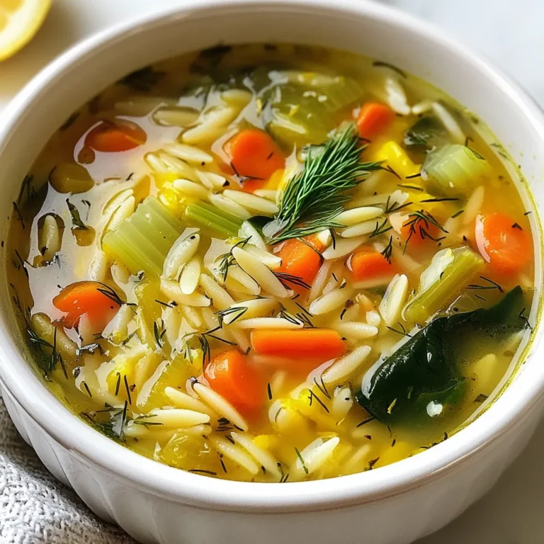 To make Greek Lemon Orzo Soup, you need key ingredients that bring the flavors to life. Here’s what you'll need: - 1 cup dry orzo pasta - 6 cups vegetable broth - 1 medium onion, chopped - 2 cloves garlic, minced - 2 medium carrots, diced - 2 celery stalks, diced - 1 cup baby spinach, roughly chopped - 1/4 cup fresh lemon juice - 1 tablespoon lemon zest - 2 tablespoons olive oil - 1 teaspoon dried oregano - Salt and pepper to taste You can boost the soup’s flavor with a few optional items: - 1 cup cooked chicken, shredded (for added protein) - Fresh dill for garnish (it adds a nice touch) Having the right tools makes cooking easier. Here are some you should use: - Large pot for cooking the soup - Wooden spoon for stirring - Knife and cutting board for chopping veggies - Measuring cups and spoons for accuracy These ingredients and tools will help you create a warm, comforting bowl of Greek Lemon Orzo Soup that packs a flavorful punch. Enjoy the process of cooking and tasting! {{ingredient_image_1}} How to Sauté Vegetables Start by heating 2 tablespoons of olive oil in a large pot over medium heat. Add 1 chopped onion, 2 diced carrots, and 2 diced celery stalks. Cook these veggies for 5 to 7 minutes. Stir until they are soft. You want the onion to turn translucent. This step builds a strong flavor base. Next, add 2 minced garlic cloves and 1 teaspoon of dried oregano. Cook for another minute. This will make your kitchen smell amazing! Cooking the Orzo Pasta and Combining Ingredients Now, pour in 6 cups of vegetable broth. Raise the heat to bring it to a boil. Once boiling, add 1 cup of dry orzo pasta. Cook it for about 8 to 10 minutes. Keep an eye on the orzo. You want it tender but not mushy. When the orzo is ready, lower the heat. If you like, stir in 1 cup of shredded cooked chicken. Add 1 cup of roughly chopped baby spinach, 1/4 cup of fresh lemon juice, and 1 tablespoon of lemon zest. Mix it all together well and cook for another 2 to 3 minutes. The spinach will wilt nicely. Final Touches to Serve the Soup Season your soup with salt and pepper. This step is key for flavor. Let the soup sit for a few minutes to thicken slightly. Serve it hot, garnished with fresh dill if you wish. Enjoy each comforting spoonful of this Greek lemon orzo soup. Optimal Cooking Times for Ingredients Start by sautéing the onion, carrots, and celery for 5-7 minutes. This softens them and brings out their sweet flavor. Next, add garlic and oregano for one minute. This step boosts the aroma. Cook the orzo in the broth for 8-10 minutes. Make sure it’s tender but not mushy. How to Achieve the Best Flavor Use fresh lemon juice and zest for a bright taste. The lemon adds a zesty kick that makes the soup shine. Fresh dill is optional but brings an extra layer of flavor. Always season with salt and pepper at the end. This way, you can adjust to your liking. Storing Leftovers Safely Let the soup cool before storing. Use airtight containers to keep it fresh. It stays good in the fridge for 3-4 days. If you want to freeze it, leave out the spinach. Add it when you reheat the soup. This keeps the texture nice and fresh. Pro Tips Fresh Ingredients: Using fresh vegetables and herbs will enhance the flavor and nutritional value of your soup. Adjust the Thickness: If you prefer a thicker soup, let it simmer a bit longer to reduce the liquid or add more orzo. Protein Options: Feel free to experiment with different proteins like chickpeas or quinoa for a vegetarian version. Make Ahead: This soup stores well in the fridge and can be made ahead of time; just add spinach before serving to keep it fresh. {{image_2}} You can easily make Greek Lemon Orzo Soup vegetarian. Start by skipping the chicken. Instead, use extra veggies for protein. Here are some great options to consider: - Chickpeas: These are filling and add nice texture. - Lentils: They bring a hearty feel and improve nutrition. - Tofu: Firm tofu works well. Just cube and add it to soup. For greens, baby spinach is a classic choice. But you can swap it for: - Kale: This green adds a robust flavor. - Swiss chard: It brings a slight sweetness. - Arugula: This gives a peppery kick. To change the flavor profile, try these herbs and spices: - Thyme: It adds warmth and depth. - Basil: Fresh basil gives a sweet note. - Cilantro: This herb adds a bright twist. These swaps keep the soup delicious and satisfying while meeting your dietary needs. How to Store Leftovers After enjoying your Greek Lemon Orzo Soup, let it cool. Pour leftovers into an airtight container. This helps keep the soup fresh. Store it in the fridge for up to three days. Freezing Greek Lemon Orzo Soup If you want to save some for later, freezing works great. Make sure the soup is cool first. Use freezer-safe containers or bags. Leave some space for the soup to expand. It can last in the freezer for about three months. Reheating Instructions for Best Texture When you’re ready to eat your soup, heat it gently. Pour it into a pot over low heat. Stir often to avoid burning. If it seems thick, add a splash of water or broth. This will help bring back its creamy texture. Enjoy it warm and tasty! Can I make this soup ahead of time? Yes, you can make Greek lemon orzo soup ahead of time. Cook the soup and cool it down. Store it in the fridge for up to three days. Reheat it gently on the stove. If you plan to freeze it, leave out the orzo. Add the pasta when you reheat. This keeps the orzo from getting mushy. How to prevent orzo from becoming mushy? To keep orzo firm, cook it separately. Add orzo to boiling water and cook until al dente. Drain and rinse it under cold water. This stops the cooking process. Then, add the cooked orzo to the soup just before serving. This way, it stays chewy and perfect. What can I use instead of vegetable broth? If you don’t have vegetable broth, use chicken broth. It adds a nice flavor. You can also use water with added seasonings. Mix in some herbs, salt, and a splash of lemon juice for a zing. This will help enhance the taste of your soup. In this article, I outlined how to make Greek Lemon Orzo Soup. We discussed essential and optional ingredients, plus tools to use. You learned steps to sauté, cook orzo, and add final touches. I shared tips for cooking times and flavor, along with safe storage practices. We also explored variations for vegetarians and meat lovers alike. Make this soup your own. Enjoy the cooking process, and don’t hesitate to experiment with flavors. Each bowl can be unique and satisfying. Happy cooking!
