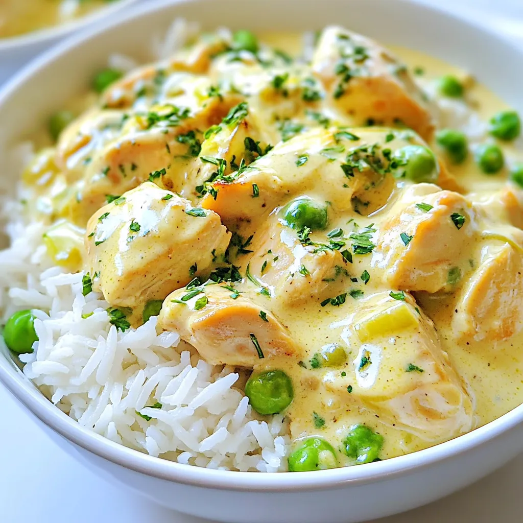 - 2 boneless, skinless chicken breasts, diced - 1 cup uncooked jasmine rice - 2 cups vegetable broth (or chicken broth) - 1 cup heavy cream - 5 garlic cloves, minced - 1 medium onion, finely chopped - 2 tablespoons olive oil - 1 teaspoon dried thyme - 1 teaspoon paprika - Salt and pepper to taste - Fresh parsley for garnish - 1 cup frozen peas (optional) When making creamy garlic chicken rice bowls, precise measurements matter. Use 2 cups of broth for 1 cup of rice. This ratio gives the rice a nice texture. You can swap jasmine rice for basmati or brown rice. If you don’t have heavy cream, use half-and-half or whole milk. This keeps the dish creamy, but it may change the taste a bit. I love using fresh herbs in this recipe. Fresh parsley adds color and a bright taste. You can also add fresh thyme if you have it. For spices, paprika gives warmth and depth. Adjust salt and pepper to your liking. These simple choices boost the flavor of your creamy garlic chicken rice bowls. {{ingredient_image_1}} To start, bring 2 cups of vegetable broth to a boil in a medium saucepan. Add 1 cup of uncooked jasmine rice. Lower the heat to low, cover, and let it simmer for about 15 minutes. The rice should be tender and absorb all the liquid. After that, remove it from the heat and let it sit covered for another 5 minutes. This resting time makes the rice fluffy. While the rice cooks, grab a large skillet and heat 2 tablespoons of olive oil over medium heat. Add 1 finely chopped onion and cook for about 5 minutes or until it becomes see-through. Next, add 2 diced chicken breasts. Season them with salt, pepper, 1 teaspoon of dried thyme, and 1 teaspoon of paprika. Cook the chicken for 7 to 10 minutes, stirring often until it turns brown and is fully cooked. Now, it’s time to add the flavor. Toss in 5 minced garlic cloves and cook for 1 to 2 more minutes until you can smell that amazing garlic aroma. After that, pour in 1 cup of heavy cream and stir everything well. Let it simmer on low heat for another 3 to 5 minutes. This step helps the sauce thicken and become creamy. If you want, add in 1 cup of frozen peas. Cook them until they are heated through. Make sure to taste and adjust the seasoning with more salt and pepper if needed. To get juicy chicken, cut it into small, even pieces. This way, it cooks evenly. Make sure your skillet is hot before you add the chicken. This helps to lock in the juices. Don’t overcrowd the pan. If needed, cook the chicken in batches. Always check for doneness by cutting into a piece. The inside should not be pink. Using jasmine rice gives a nice flavor and aroma. Always rinse the rice before cooking. This removes excess starch and makes the rice less sticky. The broth adds extra taste, so using vegetable or chicken broth is key. If you want firmer rice, decrease the cooking time slightly. For softer rice, you can let it cook a bit longer. Fluffing the rice with a fork before serving makes it light and airy. To boost flavor, use fresh herbs. Try adding basil or cilantro. Fresh herbs can make a big difference. For a richer taste, sauté the garlic until golden. This adds depth and sweetness. You can also add a splash of lemon juice before serving. It brightens the dish and balances the creaminess. Serve the creamy garlic chicken over a bed of fluffy rice. You can use a fork to fluff the rice. This makes it light and airy. Top it with the chicken mix and sprinkle fresh parsley. It adds a nice color and freshness. For a fun twist, serve it in a large bowl for sharing. Everyone loves a family-style meal! For sides, I recommend a simple salad. A green salad with a light vinaigrette works well. You can also serve steamed broccoli or sautéed spinach. These veggies add color and nutrition. For beverages, a crisp white wine pairs nicely. If you prefer non-alcoholic options, try sparkling water with lemon. It refreshes the palate between bites. Pro Tips Choose the Right Rice: Jasmine rice is ideal for this recipe due to its fragrant aroma and slightly sticky texture, which complements the creamy sauce. Perfectly Cook Chicken: Ensure your chicken is cut into even pieces for consistent cooking. Use a meat thermometer to check that the internal temperature reaches 165°F (75°C). Add Flavor Depth: Sauté the onions until they are golden and caramelized to enhance the overall flavor profile of the dish. Garnish Wisely: Fresh parsley not only adds a pop of color but also brightens the dish's flavor. Consider adding a squeeze of lemon for extra freshness. {{image_2}} You can switch the chicken for other proteins. Try diced shrimp or tofu for a twist. Both options work well with the creamy sauce. If you prefer red meat, diced beef or pork also taste great. If you want a lighter dish, use cooked and shredded rotisserie chicken. For a vegetarian option, add sautéed mushrooms or grilled vegetables. To make this dish gluten-free, ensure your broth is labeled gluten-free. Use gluten-free soy sauce if you want extra flavor. For a dairy-free option, swap heavy cream with coconut milk or almond cream. This change keeps the dish creamy and tasty. Remember to check all labels for hidden gluten or dairy. You can play with flavors to suit your taste. Add a splash of lemon juice for brightness. Smoked paprika gives a deeper flavor than regular paprika. You can also toss in fresh herbs like basil or cilantro. For heat, add red pepper flakes or a dash of hot sauce. Each change makes the dish your own. To keep your creamy garlic chicken rice bowls fresh, place them in an airtight container. Make sure to let the dish cool to room temperature before sealing. This helps keep the flavors intact. Store the container in the fridge for up to three days. If you want to keep it longer, freezing is a great option. When you're ready to enjoy your leftovers, reheat them on the stovetop for the best taste. In a skillet, heat over low to medium heat. Add a splash of broth or water to help the sauce stay creamy. Stir frequently until it’s hot. You can also microwave it. Use a microwave-safe bowl and cover it with a lid or a paper towel. Heat in short bursts, checking often. To freeze your creamy garlic chicken rice bowls, first, let them cool completely. Portion out servings in freezer-safe containers. Leave some space in the container, as the sauce may expand while freezing. You can freeze them for up to three months. When you’re ready to eat, let them thaw in the fridge overnight before reheating. This keeps everything tasty and fresh. To make creamy garlic sauce, start by cooking minced garlic in olive oil. Let it cook for one to two minutes until fragrant. Next, add heavy cream and stir well. Simmer it on low heat for three to five minutes. This helps the sauce thicken and the flavors blend. You can season with salt and pepper to taste. Yes, you can use brown rice instead of jasmine rice. Brown rice has a nuttier flavor and takes longer to cook. You will need to adjust the cooking time. Brown rice typically needs about 40-45 minutes to become tender. Use the same amount of broth, but check the rice often. If you want a lighter option, you can use half-and-half or whole milk. For a dairy-free version, try coconut cream or cashew cream. Both options provide a creamy texture. Adjust the amount based on your preference for creaminess. You learned about key ingredients, cooking steps, and tips for tasty dishes. I shared ways to change the recipe and how to store leftovers. Remember, good meals start with fresh herbs and spices. Use my cooking tips for perfect chicken and rice. Feel free to get creative and adjust flavors to your liking. Enjoy your cooking journey, and make meals that bring joy to the table. Happy cooking!