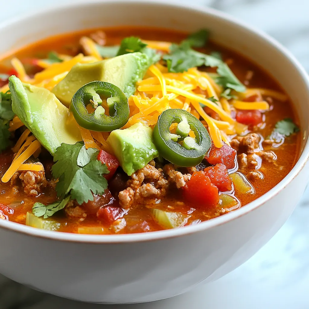 To make this low carb taco soup, gather these simple ingredients: - 1 lb ground turkey or beef - 1 medium onion, diced - 2 cloves garlic, minced - 1 bell pepper (red or green), diced - 1 can (14.5 oz) diced tomatoes (no sugar added) - 1 can (10 oz) diced tomatoes with green chilies - 2 cups beef or chicken broth (low sodium) - 1 can (15 oz) black soybeans, rinsed and drained - 1 cup frozen corn (optional) - 2 tablespoons taco seasoning - 1 teaspoon cumin - Salt and pepper to taste - 1 cup shredded cheddar cheese (for serving) - 1 avocado, diced (for serving) - Fresh cilantro, chopped (for serving) - Sliced jalapeños (for serving) These ingredients work together to create a rich and hearty flavor. Ground turkey or beef serves as the base. The diced onions and garlic add depth. Bell peppers give it a nice crunch and color. Tomatoes add moisture and tang, while black soybeans keep it low carb. The broth brings everything together. Taco seasoning and cumin boost the flavor profile. Topping with cheese, avocado, and cilantro adds freshness. Feel free to adjust the toppings to your taste. You can swap ground turkey for chicken or use more veggies instead of soybeans. Enjoy customizing your soup! {{ingredient_image_1}} - First, heat a splash of oil in a large pot. - Next, add the diced onion and bell pepper. Sauté for about 5 minutes until softened. - Now, add the minced garlic and cook for 1-2 minutes until fragrant. - Increase the heat slightly and add the ground turkey or beef. Cook until browned, about 5-7 minutes. Drain any excess fat if needed. - Stir in the diced tomatoes, broth, black soybeans, taco seasoning, and cumin. Mix well. - Bring the mixture to a simmer. Let it cook for 15-20 minutes. Stir occasionally to combine the flavors. - If you like, add the frozen corn during the last 5 minutes of cooking. - Taste the soup and adjust seasoning with salt and pepper. You may want a spicier flavor. - Serve the hot soup in bowls. Top with shredded cheddar cheese, diced avocado, and fresh cilantro. Add sliced jalapeños if you want extra heat. - For browning meat, use a hot pan. This keeps the meat juicy. - Break the meat apart while it cooks. This helps it brown evenly. - To enhance the flavor of the broth, use low-sodium broth. It lets the spices shine. - Add taco seasoning early. This helps the flavors blend well. - For alternative proteins, try shredded chicken or ground pork. Both are low carb. - If you want low-carb vegetables, use zucchini or cauliflower. They add great texture. - For garnishing, sprinkle fresh cilantro on top. It adds color and flavor. - Serve in colorful bowls for a fun look. Add lime wedges for a zesty twist. - You can layer toppings like cheese and avocado for a nice touch. It makes each bite special. Pro Tips Use Lean Meat: Opt for lean ground turkey or beef to keep the soup low in fat while still providing a hearty flavor. Customize Your Spice Level: Adjust the amount of taco seasoning and add fresh jalapeños to control the heat according to your preference. Add Fresh Herbs: Fresh cilantro adds brightness to the soup, so don’t skip this step when serving! Store for Later: This soup stores well in the fridge for up to 3 days and can be frozen for up to a month. Just leave out the toppings until serving. {{image_2}} You can make this taco soup spicy easily. Add sliced jalapeños for a fresh kick. If you want more heat, try a few dashes of hot sauce. Start with a little, then taste and adjust. This way, you control the spice level. For a meatless taco soup, swap the meat for more beans. You can use black soybeans or even pinto beans. Add extra veggies to boost flavor. Chopped zucchini or mushrooms work great. This keeps the soup hearty and satisfying. Feel free to get creative with toppings. Add fresh lime juice for zing. You can also try crumbled tortilla chips for crunch. Other great options include diced radishes or sliced olives. Each adds a unique touch to your bowl. To store your low carb taco soup, let it cool first. Place it in an airtight container. This keeps the soup fresh and prevents spills. Store it in the fridge. It’s best used within 3 to 4 days. When you want to eat it, just reheat on the stove or in the microwave. You can freeze taco soup for later. Use a freezer-safe container, leaving some space at the top. This allows for expansion. Seal it well to avoid freezer burn. When ready to eat, thaw it overnight in the fridge. Then, reheat on the stove or in the microwave. Stir well to ensure even heating. Low carb taco soup lasts about 3 to 4 days in the fridge. In the freezer, it keeps well for up to 3 months. After that, it may lose taste or texture. Always check for signs of spoilage before eating. When in doubt, throw it out. What makes this taco soup low carb? This taco soup is low carb because it uses black soybeans instead of regular beans. Black soybeans have fewer carbs. The recipe also avoids high-carb ingredients like regular corn and sugar. With these smart swaps, you can enjoy a tasty meal while keeping carbs low. Can I use chicken instead of turkey or beef? Yes, you can use chicken! You can choose ground chicken or shredded chicken for a lighter option. Just make sure to cook it fully before adding it to the soup. Chicken will blend well with the flavors of the soup. How do I adjust the spice level? To adjust the spice level, you can add more or less taco seasoning. For extra heat, include sliced jalapeños or a dash of hot sauce. If you prefer less spice, start with half the seasoning and taste it before adding more. - Carbs per serving: Approximately 8 grams - Calories per serving: Roughly 300 calories This soup is filling and low in carbs. It fits well into many diets. Can this soup be made ahead of time? Yes, you can make this soup ahead of time. It tastes even better the next day as the flavors mix. Just store it in the fridge for up to three days. Reheat it on the stove or in the microwave. What are some side dishes to serve with taco soup? Some great side dishes include a fresh garden salad, low-carb tortilla chips, or avocado slices. You can also add a dollop of sour cream or a sprinkle of cheese for extra creaminess. These sides complement the soup well! This blog post covered how to make a tasty taco soup. You learned the ingredients, step-by-step instructions, and helpful tips. I shared ways to adjust flavors and substitute ingredients. You also discovered easy storage methods and how to reheat your soup. In the end, taco soup is flexible and fun to make. Whether spicy or vegetarian, you can tailor it to your taste. Enjoy your cooking and let your creativity shine!