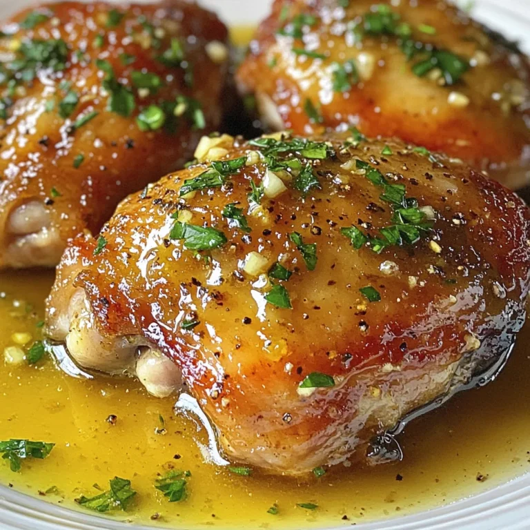 - 4 bone-in, skin-on chicken thighs - 1/4 cup honey - 1/4 cup Dijon mustard - 2 tablespoons olive oil - 2 cloves garlic, minced - 1 teaspoon dried thyme - 1 teaspoon paprika - Salt and pepper to taste - Fresh parsley for garnish When I make honey mustard chicken thighs, I love how simple yet rich the flavors are. The main ingredients are easy to find and make a big impact. The chicken thighs have skin that crisps up nicely. The honey and Dijon mustard create a sweet and tangy sauce that brings everything together. I always start with the chicken. Bone-in thighs stay juicy and are full of flavor. Honey is my go-to for sweetness. It balances the sharpness of the mustard. Dijon mustard gives a nice kick. Olive oil keeps the chicken moist while cooking. For spices, garlic adds depth. Dried thyme adds a touch of earthiness. Paprika gives a hint of smokiness. Salt and pepper are key for seasoning. I prefer to use fresh parsley as a garnish. It adds a pop of color and fresh taste. This dish is not only tasty but also visually appealing. The glossy honey mustard sauce coats the chicken perfectly. I often serve this dish with sides like roasted veggies or rice. {{ingredient_image_1}} - Preheat your oven to 400°F (200°C). - In a medium bowl, mix together: - 1/4 cup honey - 1/4 cup Dijon mustard - 2 tablespoons olive oil - 2 cloves garlic, minced - 1 teaspoon dried thyme - 1 teaspoon paprika - Salt and pepper to taste This sauce adds a sweet and tangy kick to the chicken. Make sure it is well mixed. - Pat the chicken thighs dry with paper towels. - Season both sides with salt and pepper. - In a large oven-safe skillet, add a drizzle of olive oil over medium-high heat. - Once hot, place the chicken thighs skin-side down in the skillet. - Sear for about 5 minutes until the skin is golden brown. This step is key to get that crispy skin. - Carefully flip the chicken thighs over. - Pour the honey mustard sauce over them, coating them well. - Transfer the skillet to the preheated oven. - Bake for 25-30 minutes. - Check that the chicken is cooked through. - The internal temperature should reach 165°F (75°C). Let the chicken rest for 5 minutes before serving. This helps keep it juicy. - How to achieve golden skin To get that lovely golden skin, dry your chicken thighs well with paper towels. This helps the skin crisp up nicely. Heat your skillet over medium-high heat and add a bit of olive oil. Place the chicken in skin-side down. Let it sear without moving it for about five minutes. This will give your chicken a great crust. - Avoiding overcooking Keep an eye on the temperature. You want the internal temp to reach 165°F. If you leave it too long, it may dry out. Use a meat thermometer for best results. After baking, let the chicken rest for five minutes. This helps keep it juicy. - Suggested spices for extra flavor Beyond the basic spices, try adding a pinch of cayenne for heat. You can also use rosemary or oregano for a nice twist. These spices blend well with the honey and mustard. - Marinading tips For deeper flavor, let the chicken sit in the honey mustard mix for at least 30 minutes. If you have more time, marinate it overnight in the fridge. This adds more taste and tenderness. - Best sides to pair with honey mustard chicken Serve your chicken with roasted vegetables like carrots and potatoes. A fresh green salad also goes well with it. For a heartier option, try creamy mashed potatoes. These sides balance the sweet and tangy chicken perfectly. Pro Tips Use Fresh Ingredients: Fresh garlic and herbs will elevate the flavor of your honey mustard sauce significantly compared to dried alternatives. Rest Your Chicken: Allowing the chicken to rest after cooking helps retain moisture, resulting in juicier and more flavorful meat. Adjust the Sweetness: If you prefer a less sweet dish, reduce the honey in the marinade or add a splash of vinegar for a tangy kick. Perfect Searing: Make sure your skillet is hot before adding the chicken for a perfectly crispy skin that locks in juices. {{image_2}} You can switch up the flavors in this recipe. For mustards, try whole grain or spicy brown. Each kind gives a unique twist. If you want to change the honey, maple syrup works well. It adds a different sweetness. If you prefer grilling, it’s simple. Preheat your grill to medium heat. Sear the chicken thighs skin-side down first. Cook for about 5 to 7 minutes. Then flip and brush with the honey mustard sauce. Grill until the chicken reaches 165°F. For a slow cooker method, season the chicken thighs as before. Place them in the slow cooker with the sauce. Cook on low for 6 hours or high for 3 hours. The chicken will be tender and full of flavor. To make this dish gluten-free, choose a gluten-free mustard. Most honeys are gluten-free, too. Always check labels to be sure. For a low-sugar version, use less honey or a sugar-free alternative. You can also mix in some apple cider vinegar for tang. This keeps the flavor while reducing sugar. After enjoying your honey mustard chicken thighs, store any leftovers properly. Place the chicken in an airtight container. This keeps it fresh longer. You can refrigerate the chicken for up to three days. If you want to keep it longer, consider freezing. Wrap each piece tightly in plastic wrap. Then, place it in a freezer bag. This helps avoid freezer burn. To enjoy your chicken again, reheating is key. The best method is to use the oven. Preheat it to 350°F (175°C). Place the chicken in an oven-safe dish, cover it with foil, and heat for about 15-20 minutes. This keeps the chicken juicy. You can also use the microwave for a quicker option. Heat it in short bursts, checking often to avoid overcooking. Leftover honey mustard chicken thighs last three days in the fridge. If frozen, they can last up to three months. Always check for any signs of spoilage before eating. If it smells off or looks strange, it's best to throw it out. Keeping track of storage times helps you enjoy your meals safely. You can pair honey mustard chicken thighs with many sides. I love serving them with: - Steamed broccoli - Roasted sweet potatoes - Garlic mashed potatoes - A fresh garden salad - Rice or quinoa These sides balance the dish's flavors and give you a full meal. Yes, you can use boneless chicken thighs. They cook faster, so adjust the baking time. Bake them for about 20-25 minutes. Always check the internal temperature to ensure it reaches 165°F (75°C). You can tell chicken thighs are cooked when: - The juices run clear when pierced - The skin is golden brown - The meat reaches an internal temperature of 165°F (75°C) A meat thermometer is the best tool for this. It ensures your chicken is safe to eat and juicy. Yes, you can prep the chicken and sauce in advance. Marinate the thighs overnight for more flavor. Just remember to cook them the next day. Leftovers can last in the fridge for about 3-4 days. Store them in an airtight container. You can also freeze them for up to 3 months. If you don’t have Dijon mustard, you can use yellow mustard. The flavor will change a bit, but it will still taste great. You can also mix honey with a little vinegar for a tangy twist. In this article, I covered how to make honey mustard chicken thighs. You learned about the main ingredients, from chicken to sauce, and how to prepare them step-by-step. I shared tips on searing, flavors, and serving suggestions. I also outlined variations and storage tips for your leftovers. This dish is easy to make and delicious. Enjoy cooking it for family and friends!